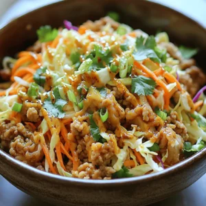 To make a tasty Egg Roll in a Bowl, you need simple ingredients. Here’s what you will need: - 1 pound ground chicken or turkey - 1 tablespoon sesame oil - 1 cup shredded carrots - 2 cups coleslaw mix (blend of cabbage and carrots) - 3 green onions, finely chopped - 2 cloves garlic, minced - 1 teaspoon fresh ginger, grated - 2 tablespoons soy sauce (or tamari for a gluten-free option) - 1 tablespoon rice vinegar - 1 tablespoon sriracha (optional, for a spicy kick) - Salt and pepper to taste - Fresh cilantro, chopped, for garnish These ingredients create a rich and satisfying meal. The ground chicken or turkey gives it protein. The coleslaw mix adds crunch and color. Sesame oil brings a nutty taste, while soy sauce adds depth. You can customize your Egg Roll in a Bowl. Here are some great add-ins to consider: - Water chestnuts for extra crunch - Mushrooms for earthy flavor - Bell peppers for sweetness - Peas for a pop of color - Crunchy chow mein noodles for texture Adding these ingredients can make the dish even more delightful. Get creative and use what you have at home. If you have dietary needs, you can still enjoy this recipe. Here are some easy swaps: - Use lean ground beef or plant-based meat for protein. - Swap soy sauce with coconut aminos for a soy-free option. - Use cauliflower rice instead of coleslaw mix for a low-carb version. - Replace sesame oil with olive oil if needed. These substitutions ensure everyone can enjoy Egg Roll in a Bowl. Just remember, the key is to keep the flavors bright and fresh. For the full recipe, check the details above. Start by heating sesame oil in a large skillet. Use medium-high heat until it shimmers. Once hot, add the ground chicken or turkey. Break it into smaller pieces with a spatula. Cook the meat for about 5 to 7 minutes. You want it brown and fully cooked. This step gives your dish a great base flavor. After the meat cooks, mix in minced garlic and grated ginger. Stir it for 1 to 2 minutes until it smells amazing. Now, add shredded carrots and coleslaw mix to the skillet. Sauté the veggies for 3 to 5 minutes. You want them tender but still crunchy. This keeps your Egg Roll in a Bowl fresh and tasty. Next, pour in soy sauce, rice vinegar, and sriracha if you like heat. Stir well to combine everything. Sauté for another minute to let the flavors meld. Season with salt and pepper based on your taste. Finally, remove from heat and fold in chopped green onions. Serve hot, topped with fresh cilantro for extra flavor. If you want, check out the Full Recipe for more details! To cook your egg roll in a bowl evenly, start with a hot skillet. Heat the sesame oil until it shimmers before adding your meat. This helps to sear the meat quickly and keeps it juicy. Break the meat into small pieces. This ensures it cooks through faster. Stir often to prevent sticking and burning. When you add the veggies, keep stirring to mix them well. This helps them cook evenly without losing their crunch. To elevate the flavors, add fresh ginger and garlic early. They release amazing aromas. Sriracha adds a spicy kick, but you can adjust the amount based on your taste. Try adding a splash of lime juice for extra brightness. Fresh herbs, like cilantro, enhance the dish's freshness. You can also use toasted sesame seeds for a nutty taste. Experiment with different sauces, like hoisin or oyster sauce, for unique flavors. For a beautiful presentation, serve your egg roll in a bowl in vibrant dishes. A colorful bowl makes the dish pop. Drizzle extra sriracha on top for a visual appeal. Sprinkle sesame seeds or chopped green onions for a nice touch. You can also add a lime wedge on the side. This adds color and allows guests to customize their dish. Garnish with fresh cilantro to make it look even more inviting. {{image_4}} You can easily change this dish to fit a vegetarian or vegan diet. Instead of using ground chicken or turkey, try crumbled tofu or tempeh. These options provide protein and work well with the dish's flavors. Use the same seasonings for taste. You can also add more veggies like bell peppers, mushrooms, or zucchini for extra texture and nutrition. If you're watching carbs, skip the coleslaw mix. Use shredded cabbage or zucchini noodles instead. These alternatives keep the dish light and fresh. You can also swap soy sauce with coconut aminos for a low-carb soy sauce option. This change still gives you that savory umami flavor. Feel free to get creative with your ingredients. Try adding different proteins, like shrimp or pork. You can also mix in other spices, such as five-spice powder or chili flakes, for a unique twist. Want a tangy flavor? Add a splash of lime juice at the end. Each swap gives your dish a new personality. For the full recipe, check out the Savory Egg Roll in a Bowl. To store your Egg Roll in a Bowl, let it cool first. Then, place it in an airtight container. It will last in the fridge for about three days. Make sure to keep it sealed. This keeps the flavors fresh and tasty. When you’re ready to eat leftovers, use a skillet or microwave. If using a skillet, heat it over medium heat. Stir it often until it’s hot. If using a microwave, place it in a bowl, cover it, and heat for 1-2 minutes. Stir halfway to ensure even heating. You can freeze Egg Roll in a Bowl for longer storage. Place it in a freezer-safe container. It will stay good for about three months. When you want to eat it, thaw it overnight in the fridge. Then, reheat it using the guidelines above. This way, you can enjoy a quick meal anytime! For the full recipe, check out the main article. Yes, you can use ground beef. It adds rich flavor. Ground beef works well with spices in this dish. Just brown it like you would with chicken or turkey. Adjust cooking time, as beef may take a bit longer. Egg Roll in a Bowl is great on its own. However, you can serve it with rice or quinoa for added carbs. You can also pair it with steamed veggies or a fresh salad. A side of crispy wontons can add nice crunch too. To make this dish gluten-free, swap soy sauce for tamari. Tamari is a gluten-free soy sauce. Always check labels for gluten-free ingredients. You can also use gluten-free rice vinegar. This way, you keep all the flavor without gluten. Egg Roll in a Bowl is nutritious and satisfying. A serving has protein from chicken or turkey. It also has fiber from veggies like carrots and cabbage. For exact numbers, check the full recipe. This dish is great for a balanced meal. To add heat, use sriracha in your recipe. Add it while cooking for a deep flavor. You can also top your bowl with chili flakes or fresh jalapeños. Adjust spice levels to fit your taste. Enjoy the kick! You now have all the tools to make a delicious Egg Roll in a Bowl. We covered key ingredients, cooking steps, and tips for perfecting your dish. You can also explore variations and storage tips to fit your needs. Always feel free to mix things up. Adjust flavors and ingredients to make it your own. Enjoy your cooking adventure and share your creations with others!