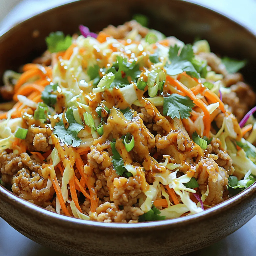 To make a tasty Egg Roll in a Bowl, you need simple ingredients. Here’s what you will need: - 1 pound ground chicken or turkey - 1 tablespoon sesame oil - 1 cup shredded carrots - 2 cups coleslaw mix (blend of cabbage and carrots) - 3 green onions, finely chopped - 2 cloves garlic, minced - 1 teaspoon fresh ginger, grated - 2 tablespoons soy sauce (or tamari for a gluten-free option) - 1 tablespoon rice vinegar - 1 tablespoon sriracha (optional, for a spicy kick) - Salt and pepper to taste - Fresh cilantro, chopped, for garnish These ingredients create a rich and satisfying meal. The ground chicken or turkey gives it protein. The coleslaw mix adds crunch and color. Sesame oil brings a nutty taste, while soy sauce adds depth. You can customize your Egg Roll in a Bowl. Here are some great add-ins to consider: - Water chestnuts for extra crunch - Mushrooms for earthy flavor - Bell peppers for sweetness - Peas for a pop of color - Crunchy chow mein noodles for texture Adding these ingredients can make the dish even more delightful. Get creative and use what you have at home. If you have dietary needs, you can still enjoy this recipe. Here are some easy swaps: - Use lean ground beef or plant-based meat for protein. - Swap soy sauce with coconut aminos for a soy-free option. - Use cauliflower rice instead of coleslaw mix for a low-carb version. - Replace sesame oil with olive oil if needed. These substitutions ensure everyone can enjoy Egg Roll in a Bowl. Just remember, the key is to keep the flavors bright and fresh. For the full recipe, check the details above. Start by heating sesame oil in a large skillet. Use medium-high heat until it shimmers. Once hot, add the ground chicken or turkey. Break it into smaller pieces with a spatula. Cook the meat for about 5 to 7 minutes. You want it brown and fully cooked. This step gives your dish a great base flavor. After the meat cooks, mix in minced garlic and grated ginger. Stir it for 1 to 2 minutes until it smells amazing. Now, add shredded carrots and coleslaw mix to the skillet. Sauté the veggies for 3 to 5 minutes. You want them tender but still crunchy. This keeps your Egg Roll in a Bowl fresh and tasty. Next, pour in soy sauce, rice vinegar, and sriracha if you like heat. Stir well to combine everything. Sauté for another minute to let the flavors meld. Season with salt and pepper based on your taste. Finally, remove from heat and fold in chopped green onions. Serve hot, topped with fresh cilantro for extra flavor. If you want, check out the Full Recipe for more details! To cook your egg roll in a bowl evenly, start with a hot skillet. Heat the sesame oil until it shimmers before adding your meat. This helps to sear the meat quickly and keeps it juicy. Break the meat into small pieces. This ensures it cooks through faster. Stir often to prevent sticking and burning. When you add the veggies, keep stirring to mix them well. This helps them cook evenly without losing their crunch. To elevate the flavors, add fresh ginger and garlic early. They release amazing aromas. Sriracha adds a spicy kick, but you can adjust the amount based on your taste. Try adding a splash of lime juice for extra brightness. Fresh herbs, like cilantro, enhance the dish's freshness. You can also use toasted sesame seeds for a nutty taste. Experiment with different sauces, like hoisin or oyster sauce, for unique flavors. For a beautiful presentation, serve your egg roll in a bowl in vibrant dishes. A colorful bowl makes the dish pop. Drizzle extra sriracha on top for a visual appeal. Sprinkle sesame seeds or chopped green onions for a nice touch. You can also add a lime wedge on the side. This adds color and allows guests to customize their dish. Garnish with fresh cilantro to make it look even more inviting. {{image_4}} You can easily change this dish to fit a vegetarian or vegan diet. Instead of using ground chicken or turkey, try crumbled tofu or tempeh. These options provide protein and work well with the dish's flavors. Use the same seasonings for taste. You can also add more veggies like bell peppers, mushrooms, or zucchini for extra texture and nutrition. If you're watching carbs, skip the coleslaw mix. Use shredded cabbage or zucchini noodles instead. These alternatives keep the dish light and fresh. You can also swap soy sauce with coconut aminos for a low-carb soy sauce option. This change still gives you that savory umami flavor. Feel free to get creative with your ingredients. Try adding different proteins, like shrimp or pork. You can also mix in other spices, such as five-spice powder or chili flakes, for a unique twist. Want a tangy flavor? Add a splash of lime juice at the end. Each swap gives your dish a new personality. For the full recipe, check out the Savory Egg Roll in a Bowl. To store your Egg Roll in a Bowl, let it cool first. Then, place it in an airtight container. It will last in the fridge for about three days. Make sure to keep it sealed. This keeps the flavors fresh and tasty. When you’re ready to eat leftovers, use a skillet or microwave. If using a skillet, heat it over medium heat. Stir it often until it’s hot. If using a microwave, place it in a bowl, cover it, and heat for 1-2 minutes. Stir halfway to ensure even heating. You can freeze Egg Roll in a Bowl for longer storage. Place it in a freezer-safe container. It will stay good for about three months. When you want to eat it, thaw it overnight in the fridge. Then, reheat it using the guidelines above. This way, you can enjoy a quick meal anytime! For the full recipe, check out the main article. Yes, you can use ground beef. It adds rich flavor. Ground beef works well with spices in this dish. Just brown it like you would with chicken or turkey. Adjust cooking time, as beef may take a bit longer. Egg Roll in a Bowl is great on its own. However, you can serve it with rice or quinoa for added carbs. You can also pair it with steamed veggies or a fresh salad. A side of crispy wontons can add nice crunch too. To make this dish gluten-free, swap soy sauce for tamari. Tamari is a gluten-free soy sauce. Always check labels for gluten-free ingredients. You can also use gluten-free rice vinegar. This way, you keep all the flavor without gluten. Egg Roll in a Bowl is nutritious and satisfying. A serving has protein from chicken or turkey. It also has fiber from veggies like carrots and cabbage. For exact numbers, check the full recipe. This dish is great for a balanced meal. To add heat, use sriracha in your recipe. Add it while cooking for a deep flavor. You can also top your bowl with chili flakes or fresh jalapeños. Adjust spice levels to fit your taste. Enjoy the kick! You now have all the tools to make a delicious Egg Roll in a Bowl. We covered key ingredients, cooking steps, and tips for perfecting your dish. You can also explore variations and storage tips to fit your needs. Always feel free to mix things up. Adjust flavors and ingredients to make it your own. Enjoy your cooking adventure and share your creations with others!