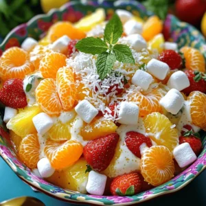 The beauty of Skinny Ambrosia Fruit Salad lies in its simple yet vibrant ingredients. Each one plays a key role in creating a refreshing treat. Here’s what you need: - 1 cup low-fat Greek yogurt - 1 tablespoon honey (adjust to your taste) - 1 cup canned mandarin oranges, thoroughly drained - 1 cup fresh pineapple, finely diced - 1 cup strawberries, hulled and sliced - 1 cup mini marshmallows (optional, for additional sweetness) - ½ cup unsweetened shredded coconut - 1 teaspoon pure vanilla extract - Fresh mint leaves for garnishing (optional) I love using low-fat Greek yogurt in this recipe. It adds creaminess without too many calories. Honey gives it a touch of natural sweetness, while the fruit brings bright flavors and textures. The canned mandarin oranges add a citrusy zing, and fresh pineapple enhances the tropical vibe. Strawberries not only add color but also a sweet burst with each bite. The mini marshmallows are optional. They can make the salad sweeter if you prefer. Unsweetened shredded coconut adds a nice chewy texture, while vanilla extract rounds out the flavors. Finally, fresh mint leaves elevate the dish with a fragrant touch. Each ingredient plays its part to create a salad that is both delightful and guilt-free. You will find that these simple components come together beautifully in the full recipe. 1. Mixing yogurt, honey, and vanilla extract Start by taking a big mixing bowl. Add 1 cup of low-fat Greek yogurt. Pour in 1 tablespoon of honey. Add 1 teaspoon of pure vanilla extract. Use a whisk or spatula to mix. Blend until the mixture is smooth and creamy. 2. Folding in the fruits and coconut Next, gently fold in the fruits. Add 1 cup of canned mandarin oranges, drained well. Then, add 1 cup of fresh pineapple, diced small. Include 1 cup of sliced strawberries. If you want extra sweetness, add 1 cup of mini marshmallows. Finally, fold in ½ cup of unsweetened shredded coconut. Mix carefully to keep the fruits whole. 3. Chilling the salad After mixing, taste the salad. You can add more honey if you want it sweeter. Cover the bowl with plastic wrap or a lid. Place it in the fridge for at least 30 minutes. This chilling time lets the flavors blend well. - Garnishing options Before serving, give the salad a gentle stir. You can garnish it with fresh mint leaves for a nice touch. This adds color and freshness. - Recommended serving dishes Serve the salad in individual bowls for a fun touch. You can also use a large serving dish for family style. Either way, this salad looks great and tastes even better! For the full recipe, check out the details above. To make this salad even better for you, consider these tips. First, try using natural sweeteners like maple syrup or agave. They add flavor without too much sugar. You can also adjust the honey to fit your taste. If you want to add more fruit, consider using blueberries or kiwi. They bring new colors and tastes. Adding nuts like walnuts or almonds gives a nice crunch and boosts protein. This makes your salad filling and fun. When making your salad, be careful not to overmix the ingredients. If you mix too much, the fruits can get mushy. Gently fold the fruit into the yogurt mix. This keeps the pieces nice and whole. Another mistake is not letting the salad chill. It needs time in the fridge to let the flavors blend. I suggest chilling it for at least 30 minutes. This waiting time is key to a tasty salad. Enjoy your beautiful creation! Check the Full Recipe for more tips. {{image_4}} You can switch up the fruits in Skinny Ambrosia Fruit Salad. Use fruits that are in season. For example, peaches and blueberries work well in summer. In the fall, try adding apples or pears. You can also explore tropical variations. Mangoes, kiwis, and bananas add a fun twist. These fruits blend well with yogurt and give a burst of flavor. Skinny Ambrosia Fruit Salad can fit many diets. For a vegan option, swap the Greek yogurt for coconut yogurt. Use maple syrup instead of honey for sweetness. This keeps it plant-based and delicious. If you want a low-carb version, skip the mini marshmallows. You can also use berries like raspberries or blackberries, which are lower in sugar. These simple changes keep the salad tasty and healthy, perfect for any gathering or snack. For the full recipe, check out the link provided. To keep your Skinny Ambrosia Fruit Salad fresh, refrigerate it right away. Put it in an airtight container. This helps prevent air from spoiling the fruit. Make sure to use a container that seals well. Glass or plastic containers work great. You can store it in the fridge for up to three days. After that, the fruit may get mushy. Can you freeze Skinny Ambrosia Fruit Salad? I do not recommend it. Freezing can change the texture of the fruit. However, if you must freeze it, here are steps to follow. First, pack the salad in a freezer-safe container. Leave some space at the top for expansion. Next, cover it tightly with a lid or plastic wrap. To thaw, move it to the fridge overnight. This gentle thawing helps keep some texture. After thawing, stir it well before serving. To make the salad without marshmallows, simply skip that step. The fruit already adds a lot of natural sweetness. You can increase the honey if you want more sweetness. This change keeps the dish light and fresh while still tasting great. Yes, you can use non-dairy yogurt! Look for coconut or almond yogurt. These options will keep the salad creamy without dairy. Just make sure to pick a yogurt without added sugars for the best taste. This way, you still get a refreshing dish that fits your diet. Skinny Ambrosia Fruit Salad can last up to three days in the fridge. Store it in an airtight container to keep it fresh. The flavors meld more over time, making it taste even better. However, for the best texture, enjoy it within the first two days. In this blog post, I covered how to make a delicious Skinny Ambrosia Fruit Salad. I shared the key ingredients, like Greek yogurt and fresh fruits, and outlined easy preparation steps. I also provided tips for healthier variations and common mistakes to avoid. Remember, you can store leftovers properly or even freeze them. Enjoy your tasty salad, and feel free to explore different fruit combinations and dietary options. This recipe is all about creativity and fun in the kitchen!