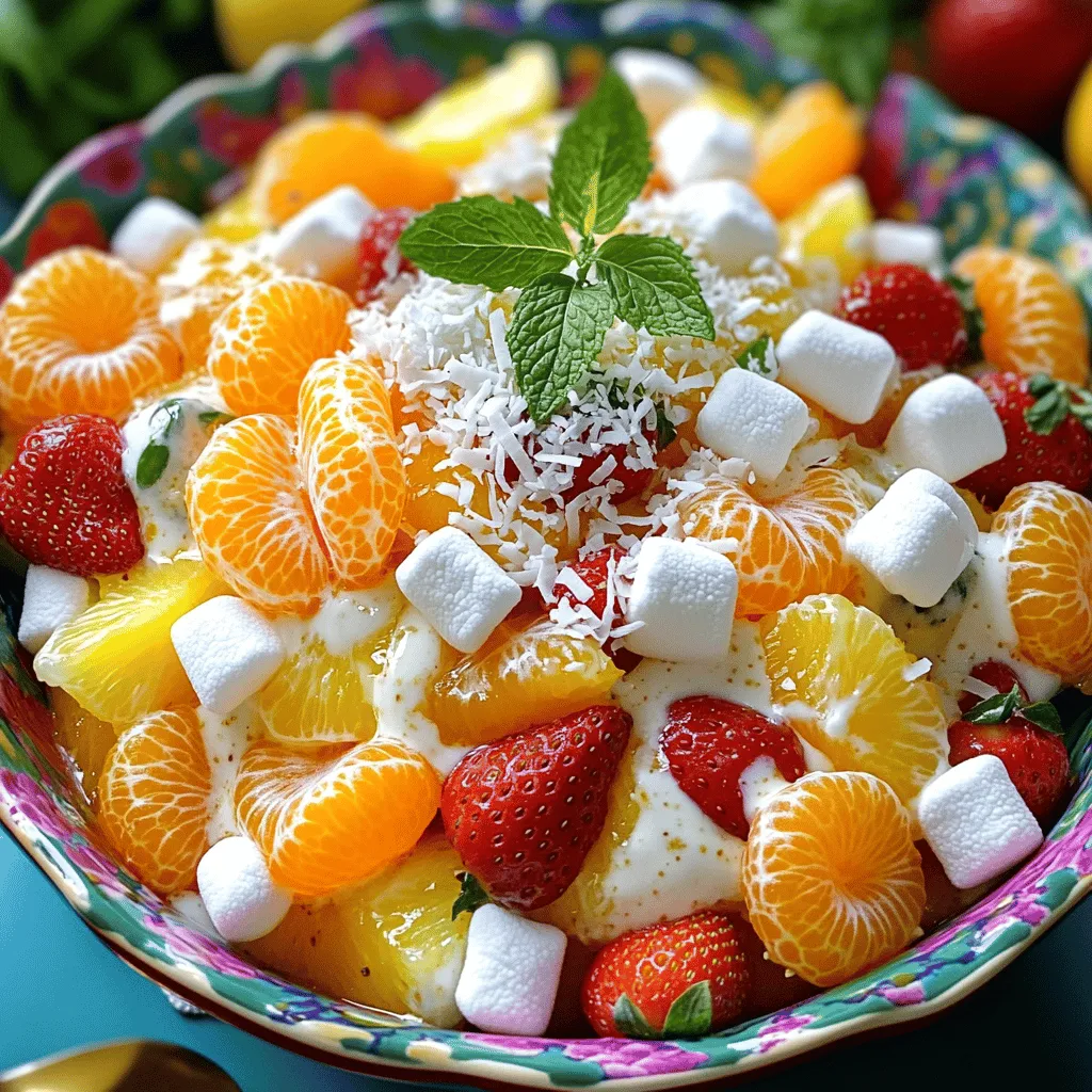 The beauty of Skinny Ambrosia Fruit Salad lies in its simple yet vibrant ingredients. Each one plays a key role in creating a refreshing treat. Here’s what you need: - 1 cup low-fat Greek yogurt - 1 tablespoon honey (adjust to your taste) - 1 cup canned mandarin oranges, thoroughly drained - 1 cup fresh pineapple, finely diced - 1 cup strawberries, hulled and sliced - 1 cup mini marshmallows (optional, for additional sweetness) - ½ cup unsweetened shredded coconut - 1 teaspoon pure vanilla extract - Fresh mint leaves for garnishing (optional) I love using low-fat Greek yogurt in this recipe. It adds creaminess without too many calories. Honey gives it a touch of natural sweetness, while the fruit brings bright flavors and textures. The canned mandarin oranges add a citrusy zing, and fresh pineapple enhances the tropical vibe. Strawberries not only add color but also a sweet burst with each bite. The mini marshmallows are optional. They can make the salad sweeter if you prefer. Unsweetened shredded coconut adds a nice chewy texture, while vanilla extract rounds out the flavors. Finally, fresh mint leaves elevate the dish with a fragrant touch. Each ingredient plays its part to create a salad that is both delightful and guilt-free. You will find that these simple components come together beautifully in the full recipe. 1. Mixing yogurt, honey, and vanilla extract Start by taking a big mixing bowl. Add 1 cup of low-fat Greek yogurt. Pour in 1 tablespoon of honey. Add 1 teaspoon of pure vanilla extract. Use a whisk or spatula to mix. Blend until the mixture is smooth and creamy. 2. Folding in the fruits and coconut Next, gently fold in the fruits. Add 1 cup of canned mandarin oranges, drained well. Then, add 1 cup of fresh pineapple, diced small. Include 1 cup of sliced strawberries. If you want extra sweetness, add 1 cup of mini marshmallows. Finally, fold in ½ cup of unsweetened shredded coconut. Mix carefully to keep the fruits whole. 3. Chilling the salad After mixing, taste the salad. You can add more honey if you want it sweeter. Cover the bowl with plastic wrap or a lid. Place it in the fridge for at least 30 minutes. This chilling time lets the flavors blend well. - Garnishing options Before serving, give the salad a gentle stir. You can garnish it with fresh mint leaves for a nice touch. This adds color and freshness. - Recommended serving dishes Serve the salad in individual bowls for a fun touch. You can also use a large serving dish for family style. Either way, this salad looks great and tastes even better! For the full recipe, check out the details above. To make this salad even better for you, consider these tips. First, try using natural sweeteners like maple syrup or agave. They add flavor without too much sugar. You can also adjust the honey to fit your taste. If you want to add more fruit, consider using blueberries or kiwi. They bring new colors and tastes. Adding nuts like walnuts or almonds gives a nice crunch and boosts protein. This makes your salad filling and fun. When making your salad, be careful not to overmix the ingredients. If you mix too much, the fruits can get mushy. Gently fold the fruit into the yogurt mix. This keeps the pieces nice and whole. Another mistake is not letting the salad chill. It needs time in the fridge to let the flavors blend. I suggest chilling it for at least 30 minutes. This waiting time is key to a tasty salad. Enjoy your beautiful creation! Check the Full Recipe for more tips. {{image_4}} You can switch up the fruits in Skinny Ambrosia Fruit Salad. Use fruits that are in season. For example, peaches and blueberries work well in summer. In the fall, try adding apples or pears. You can also explore tropical variations. Mangoes, kiwis, and bananas add a fun twist. These fruits blend well with yogurt and give a burst of flavor. Skinny Ambrosia Fruit Salad can fit many diets. For a vegan option, swap the Greek yogurt for coconut yogurt. Use maple syrup instead of honey for sweetness. This keeps it plant-based and delicious. If you want a low-carb version, skip the mini marshmallows. You can also use berries like raspberries or blackberries, which are lower in sugar. These simple changes keep the salad tasty and healthy, perfect for any gathering or snack. For the full recipe, check out the link provided. To keep your Skinny Ambrosia Fruit Salad fresh, refrigerate it right away. Put it in an airtight container. This helps prevent air from spoiling the fruit. Make sure to use a container that seals well. Glass or plastic containers work great. You can store it in the fridge for up to three days. After that, the fruit may get mushy. Can you freeze Skinny Ambrosia Fruit Salad? I do not recommend it. Freezing can change the texture of the fruit. However, if you must freeze it, here are steps to follow. First, pack the salad in a freezer-safe container. Leave some space at the top for expansion. Next, cover it tightly with a lid or plastic wrap. To thaw, move it to the fridge overnight. This gentle thawing helps keep some texture. After thawing, stir it well before serving. To make the salad without marshmallows, simply skip that step. The fruit already adds a lot of natural sweetness. You can increase the honey if you want more sweetness. This change keeps the dish light and fresh while still tasting great. Yes, you can use non-dairy yogurt! Look for coconut or almond yogurt. These options will keep the salad creamy without dairy. Just make sure to pick a yogurt without added sugars for the best taste. This way, you still get a refreshing dish that fits your diet. Skinny Ambrosia Fruit Salad can last up to three days in the fridge. Store it in an airtight container to keep it fresh. The flavors meld more over time, making it taste even better. However, for the best texture, enjoy it within the first two days. In this blog post, I covered how to make a delicious Skinny Ambrosia Fruit Salad. I shared the key ingredients, like Greek yogurt and fresh fruits, and outlined easy preparation steps. I also provided tips for healthier variations and common mistakes to avoid. Remember, you can store leftovers properly or even freeze them. Enjoy your tasty salad, and feel free to explore different fruit combinations and dietary options. This recipe is all about creativity and fun in the kitchen!