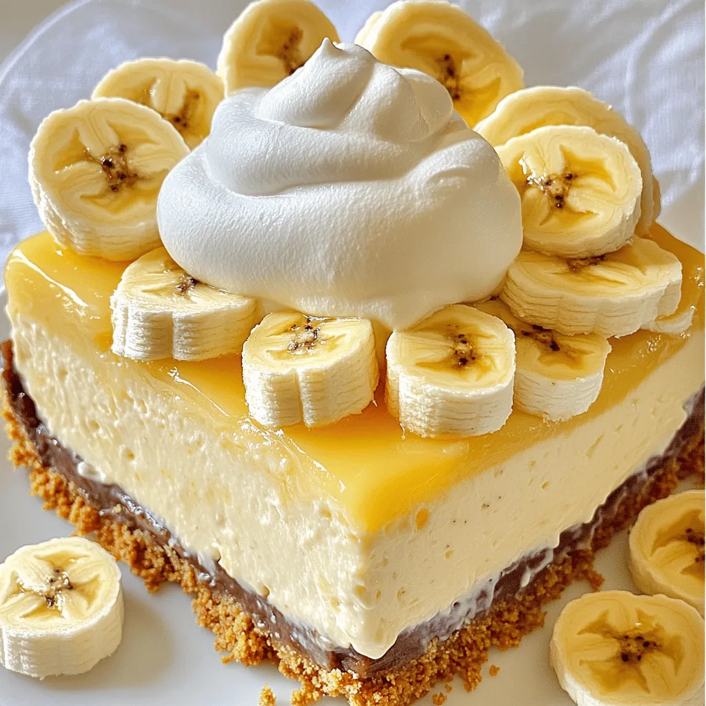 To make the best no-bake banana pudding cheesecake delight, gather these simple ingredients: - 1 cup graham cracker crumbs - 1/4 cup unsalted butter, melted - 2 cups cream cheese, softened to room temperature - 1 cup powdered sugar - 1 teaspoon pure vanilla extract - 2 cups heavy whipping cream - 2 ripe bananas, sliced into thin rounds - 1 package (3.4 oz) instant vanilla pudding mix - 2 cups cold milk - 1 teaspoon fresh lemon juice (to prevent banana browning) - Whipped cream, for topping - Extra banana slices and vanilla wafer cookies, for garnish These ingredients are easy to find. You can usually get them at your local grocery store. I love how each item plays a role in creating a rich and creamy dessert. The graham cracker crumbs give a nice crunch, while the cream cheese adds a smooth texture. Bananas bring sweetness, and the whipped cream tops it off perfectly. Make sure your cream cheese is at room temperature. This helps it blend smoothly. The heavy cream must be chilled. It whips up better when it's cold. Using fresh bananas ensures that your cheesecake will have the best flavor. For more details on how to combine these ingredients into a delightful dessert, check out the Full Recipe. - Combine graham cracker crumbs and melted butter. - Press mixture into a 9-inch springform pan. - Chill crust in the refrigerator. Start by mixing the graham cracker crumbs with the melted butter. This creates a rich, buttery base. Press the mixture firmly into the bottom of your springform pan. Make sure it’s even and compact. Then, pop it into the fridge to chill while you work on the filling. - Beat softened cream cheese until smooth. - Mix in powdered sugar and vanilla extract. Next, grab a large bowl and add your softened cream cheese. Beat it until it’s creamy and smooth. Then, slowly mix in the powdered sugar and vanilla extract. This will give your filling a sweet and smooth flavor. - Beat heavy cream until stiff peaks form. - Carefully fold whipped cream into cream cheese mixture. Now, take a separate bowl and pour in the heavy cream. Beat it until you see stiff peaks. This means the cream can hold its shape well. Gently fold this whipped cream into your cream cheese mixture. Be careful not to deflate the cream. This step makes your cheesecake light and fluffy. - Whisk together pudding mix and cold milk. - Let it thicken for about 5 minutes. In another bowl, whisk together the pudding mix and cold milk. Mix until it is smooth. Let it rest for about five minutes. It will thicken as it sits, which is important for the texture of your cheesecake. - Fold thickened pudding into cream cheese mixture. - Drizzle lemon juice over banana slices and fold in gently. Once the pudding is thick, fold it into the cream cheese mixture. This will blend the flavors nicely. Next, slice your bananas and drizzle lemon juice over them. This keeps them from turning brown. Gently fold the banana slices into the cheesecake mixture, being careful not to break them apart. - Pour cheesecake filling over chilled crust. - Smooth top and refrigerate for at least 4 hours. Finally, take your chilled crust from the fridge. Pour the cheesecake filling over it, smoothing out the top with a spatula. Cover your cheesecake and place it back in the fridge. Let it chill for at least four hours. This allows it to set properly. You can find the Full Recipe for more detailed steps! To get the best texture for your cheesecake, start with room-temperature cream cheese. This makes mixing easy and smooth. When you whip the cream, do it until you see stiff peaks. Then, fold the whipped cream into the cream cheese mixture gently. This keeps your cheesecake light and airy. When it's time to serve, add a generous layer of whipped cream on top. This makes it look delicious! For extra flair, garnish with banana slices and a few vanilla wafers. They add nice color and crunch to your dessert. One big mistake is skipping the chilling time. Don’t rush this step. Letting the cheesecake chill helps it set properly. Another common error is overmixing the whipped cream. This can deflate the cream and make your cheesecake dense. Mix carefully to keep the fluffiness. {{image_4}} You can change the taste of your cheesecake easily. For a peanut butter twist, add peanut butter to the filling. This gives a rich and nutty flavor that complements the bananas well. Another fun idea is to mix in cocoa powder. This makes a chocolate banana pudding cheesecake. The chocolate adds depth, and it's a delightful surprise. If you need a gluten-free option, use gluten-free graham crackers. This keeps the crust tasty while catering to dietary needs. For those who want a dairy-free treat, you can swap coconut cream for the cream cheese. It adds a tropical note that works wonderfully with bananas. Want to serve a crowd? You can scale the recipe up or down. Just adjust the ingredients based on how many people you have. For a fun twist, use mini springform pans. These create individual cheesecakes, perfect for parties or special events. Everyone loves their own little dessert! For the full recipe, check out [Full Recipe]. To keep your no-bake banana pudding cheesecake fresh, store leftovers in an airtight container in the refrigerator. This helps seal in moisture and flavor. If you want to save some for later, you can freeze the cheesecake for up to 2 months. Just wrap it well to prevent freezer burn. If you freeze your cheesecake, thaw it in the refrigerator overnight. This gentle method helps maintain its creamy texture. Always serve it chilled for the best taste and enjoyment. For the best flavor and freshness, consume the cheesecake within 3-5 days. After this period, the bananas may start to brown, and the texture can change. Trust me, you want to enjoy this dessert at its peak! To keep your bananas fresh, drizzle lemon juice over the slices. This simple step slows browning and keeps your cheesecake looking great. Yes! This cheesecake is great to make a day in advance. Just make sure you chill it properly. If you don’t have graham crackers, use digestive biscuits or make your own cookie crumbs. Both will work well for the crust. Let the cheesecake chill for at least 4 hours in the refrigerator. This helps it set properly for the best texture and taste. This banana pudding cheesecake combines simple ingredients and easy steps for a tasty treat. You learned how to make the crust, filling, and layers, plus tips to avoid common mistakes. Remember, chilling the cheesecake is key to its success. Feel free to try variations to suit your taste. Enjoy making this dessert and sharing it with friends or family. It’s sure to delight everyone!