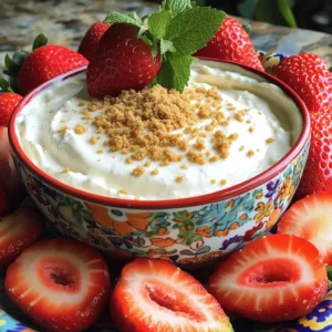To make a tasty cheesecake dip, you need these key ingredients: - 8 oz cream cheese, softened to room temperature - 1/2 cup powdered sugar, sifted to avoid lumps - 1 teaspoon pure vanilla extract - 1/4 cup sour cream for tanginess - 1/2 cup heavy whipping cream, chilled - 1 tablespoon freshly squeezed lemon juice for brightness - Fresh strawberries, hulled and halved (for dipping) - Graham cracker crumbs (for garnish and crunch) Each ingredient plays a big role. The cream cheese gives a rich base. The powdered sugar adds sweetness. The sour cream and lemon juice create a nice tang. Chilled heavy cream makes the dip light and fluffy. To whip up this dip, you will need some simple tools: - A spacious mixing bowl - An electric mixer or a stand mixer - A rubber spatula for folding - A second chilled bowl for whipping cream - A serving bowl for the final dip These tools help you mix and whip the ingredients well. They ensure a creamy and fluffy texture for your dip. Preparing strawberries is easy and fun! Here are my tips: - Choose ripe strawberries for the best flavor. - Rinse them gently under cool water. - Hull and halve the strawberries for easy dipping. Fresh strawberries add a pop of color and sweetness. They pair perfectly with the creamy dip. Plus, they make your dish look extra inviting! Enjoy this fun dessert at your next party. For the full recipe, check out the details above! First, gather your ingredients. You will need cream cheese, powdered sugar, vanilla extract, sour cream, and lemon juice. In a large bowl, beat the softened cream cheese until smooth. This usually takes 1-2 minutes. Make sure there are no lumps. Next, slowly add the powdered sugar. Keep mixing until the mixture is light and fluffy, which takes about 2-3 minutes. Now, it's time to whip the heavy cream. Pour it into a separate chilled bowl. Use a hand mixer or stand mixer to whip it. You want soft peaks to form, which should take around 3-4 minutes. Be careful not to over-whip. Soft peaks will make your dip light and airy, which is key for a great texture. Once your cream is ready, gently fold it into the cream cheese mixture. Use a rubber spatula for this step. Fold slowly to keep the air in the whipped cream. You want a smooth, uniform dip. After mixing, transfer the cheesecake dip to a serving bowl. Smooth the top with your spatula. Finally, sprinkle graham cracker crumbs on top for a nice crunch. Arrange halved strawberries around the dip for easy dipping and a colorful look. For the full recipe, check out the recipe section above. To create the best texture for your cheesecake dip, start with softened cream cheese. Let it sit out for about 30 minutes. This step helps mix it easily. Beat the cream cheese until it is smooth. Adding sifted powdered sugar gradually will keep it light. After mixing in the vanilla, sour cream, and lemon juice, the dip should be creamy. When whipping the heavy cream, stop at soft peaks. This keeps the dip airy. Gently fold the whipped cream into the mixture. This keeps the texture fluffy and smooth. When serving the cheesecake dip, presentation matters. Use a bright bowl to catch the eye. Surround the bowl with fresh strawberries for color. You can also add graham cracker crumbs on top for crunch. Set out extra strawberries for guests. They will love dipping them in the creamy dip. If you want, include some fun dipping items like pretzels or mini cookies. This variety keeps things exciting and fun. Garnishing adds a nice touch. A sprig of mint on top looks great and tastes fresh. You can also sprinkle more graham cracker crumbs on the dip. This adds sweetness and texture. Consider adding a drizzle of chocolate or caramel over the top for flair. Arrange the strawberries neatly around the bowl. This makes everything look more inviting. For a lovely touch, use a colorful platter. A beautiful setup makes your cheesecake dip even more enjoyable. For the full recipe, check out the Decadent Cheesecake Dip with Fresh Strawberries. {{image_4}} You can easily change the flavor of your cheesecake dip. For a rich chocolate taste, add 1/4 cup of cocoa powder or melted chocolate. Stir it in after mixing the cream cheese and sugar. If you want a sweet twist, drizzle in caramel sauce. This adds a lovely sweetness and a soft texture. You can even mix in a spoonful of hazelnut spread for a nutty flavor. If you have dietary needs, don’t worry! You can make this dip fit your lifestyle. For a dairy-free option, use vegan cream cheese and coconut whipped cream. This keeps the creaminess while being plant-based. If you prefer a low-sugar version, swap the powdered sugar for a sugar alternative like Stevia or erythritol. Just remember to check the sweetener's conversion rates for the best results. While strawberries are a classic choice, you can try many other dippers. Fresh fruits like apple slices, banana chunks, or even pineapple work well. For crunch, use graham crackers, pretzels, or cookie sticks. You can even serve it with mini waffles for a fun twist. Each option adds a new flavor and texture to your cheesecake dip experience. To store leftover cheesecake dip, place it in an airtight container. This keeps it fresh and tasty. Make sure to seal the container tightly. Store it in the fridge for up to three days. The cream cheese will stay creamy, and the flavors will blend nicely. You can freeze cheesecake dip, but it may change texture. To freeze, spoon the dip into a freezer-safe container. Leave some space at the top for expansion. Seal the container well. It can last up to two months in the freezer. Label the container with the date for easy tracking. When ready to use, thaw the dip in the fridge overnight. Avoid thawing at room temperature to keep it safe. Once thawed, stir the dip gently to revive its creamy texture. You may need to add a bit of heavy cream if it seems too thick. Serve it with fresh strawberries for a delightful treat. For the full recipe, check out the complete details. Yes, you can make this cheesecake dip ahead of time. I recommend preparing it a few hours before your event. This gives the flavors time to blend and develop. Just keep it in the fridge until you are ready to serve. For the best taste, serve it fresh. If you want to replace sour cream, use Greek yogurt. It has a similar tangy flavor and creamy texture. You can also try cream cheese mixed with a little milk. This keeps the dip smooth and tasty. This dip lasts about 3 to 5 days in the fridge. Make sure to store it in an airtight container. Always check for freshness before serving. If it looks or smells off, it's best to toss it. For the best taste, eat it sooner rather than later. Find the full recipe for this creamy treat and enjoy! Cheesecake dip is easy and fun to make. We covered main ingredients and tools. I shared tips for prepping strawberries and whipping cream. Then, I explained how to combine them for the perfect dip. Remember the tricks to get the best texture and presentation for parties. Explore flavor variations and alternatives for dips. Don’t forget storage tips to keep it fresh. This cheesecake dip will impress your guests and make any gathering sweeter. Get ready to enjoy this tasty treat!