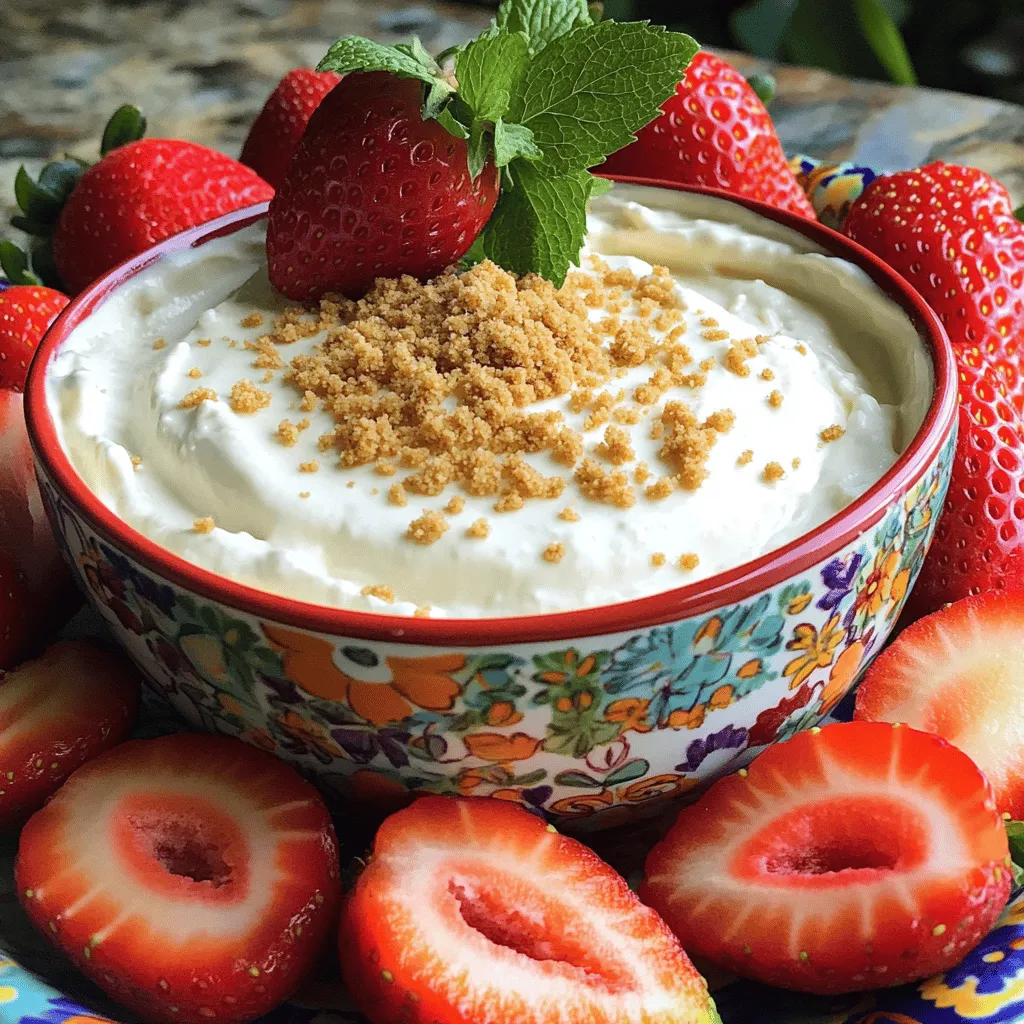 To make a tasty cheesecake dip, you need these key ingredients: - 8 oz cream cheese, softened to room temperature - 1/2 cup powdered sugar, sifted to avoid lumps - 1 teaspoon pure vanilla extract - 1/4 cup sour cream for tanginess - 1/2 cup heavy whipping cream, chilled - 1 tablespoon freshly squeezed lemon juice for brightness - Fresh strawberries, hulled and halved (for dipping) - Graham cracker crumbs (for garnish and crunch) Each ingredient plays a big role. The cream cheese gives a rich base. The powdered sugar adds sweetness. The sour cream and lemon juice create a nice tang. Chilled heavy cream makes the dip light and fluffy. To whip up this dip, you will need some simple tools: - A spacious mixing bowl - An electric mixer or a stand mixer - A rubber spatula for folding - A second chilled bowl for whipping cream - A serving bowl for the final dip These tools help you mix and whip the ingredients well. They ensure a creamy and fluffy texture for your dip. Preparing strawberries is easy and fun! Here are my tips: - Choose ripe strawberries for the best flavor. - Rinse them gently under cool water. - Hull and halve the strawberries for easy dipping. Fresh strawberries add a pop of color and sweetness. They pair perfectly with the creamy dip. Plus, they make your dish look extra inviting! Enjoy this fun dessert at your next party. For the full recipe, check out the details above! First, gather your ingredients. You will need cream cheese, powdered sugar, vanilla extract, sour cream, and lemon juice. In a large bowl, beat the softened cream cheese until smooth. This usually takes 1-2 minutes. Make sure there are no lumps. Next, slowly add the powdered sugar. Keep mixing until the mixture is light and fluffy, which takes about 2-3 minutes. Now, it's time to whip the heavy cream. Pour it into a separate chilled bowl. Use a hand mixer or stand mixer to whip it. You want soft peaks to form, which should take around 3-4 minutes. Be careful not to over-whip. Soft peaks will make your dip light and airy, which is key for a great texture. Once your cream is ready, gently fold it into the cream cheese mixture. Use a rubber spatula for this step. Fold slowly to keep the air in the whipped cream. You want a smooth, uniform dip. After mixing, transfer the cheesecake dip to a serving bowl. Smooth the top with your spatula. Finally, sprinkle graham cracker crumbs on top for a nice crunch. Arrange halved strawberries around the dip for easy dipping and a colorful look. For the full recipe, check out the recipe section above. To create the best texture for your cheesecake dip, start with softened cream cheese. Let it sit out for about 30 minutes. This step helps mix it easily. Beat the cream cheese until it is smooth. Adding sifted powdered sugar gradually will keep it light. After mixing in the vanilla, sour cream, and lemon juice, the dip should be creamy. When whipping the heavy cream, stop at soft peaks. This keeps the dip airy. Gently fold the whipped cream into the mixture. This keeps the texture fluffy and smooth. When serving the cheesecake dip, presentation matters. Use a bright bowl to catch the eye. Surround the bowl with fresh strawberries for color. You can also add graham cracker crumbs on top for crunch. Set out extra strawberries for guests. They will love dipping them in the creamy dip. If you want, include some fun dipping items like pretzels or mini cookies. This variety keeps things exciting and fun. Garnishing adds a nice touch. A sprig of mint on top looks great and tastes fresh. You can also sprinkle more graham cracker crumbs on the dip. This adds sweetness and texture. Consider adding a drizzle of chocolate or caramel over the top for flair. Arrange the strawberries neatly around the bowl. This makes everything look more inviting. For a lovely touch, use a colorful platter. A beautiful setup makes your cheesecake dip even more enjoyable. For the full recipe, check out the Decadent Cheesecake Dip with Fresh Strawberries. {{image_4}} You can easily change the flavor of your cheesecake dip. For a rich chocolate taste, add 1/4 cup of cocoa powder or melted chocolate. Stir it in after mixing the cream cheese and sugar. If you want a sweet twist, drizzle in caramel sauce. This adds a lovely sweetness and a soft texture. You can even mix in a spoonful of hazelnut spread for a nutty flavor. If you have dietary needs, don’t worry! You can make this dip fit your lifestyle. For a dairy-free option, use vegan cream cheese and coconut whipped cream. This keeps the creaminess while being plant-based. If you prefer a low-sugar version, swap the powdered sugar for a sugar alternative like Stevia or erythritol. Just remember to check the sweetener's conversion rates for the best results. While strawberries are a classic choice, you can try many other dippers. Fresh fruits like apple slices, banana chunks, or even pineapple work well. For crunch, use graham crackers, pretzels, or cookie sticks. You can even serve it with mini waffles for a fun twist. Each option adds a new flavor and texture to your cheesecake dip experience. To store leftover cheesecake dip, place it in an airtight container. This keeps it fresh and tasty. Make sure to seal the container tightly. Store it in the fridge for up to three days. The cream cheese will stay creamy, and the flavors will blend nicely. You can freeze cheesecake dip, but it may change texture. To freeze, spoon the dip into a freezer-safe container. Leave some space at the top for expansion. Seal the container well. It can last up to two months in the freezer. Label the container with the date for easy tracking. When ready to use, thaw the dip in the fridge overnight. Avoid thawing at room temperature to keep it safe. Once thawed, stir the dip gently to revive its creamy texture. You may need to add a bit of heavy cream if it seems too thick. Serve it with fresh strawberries for a delightful treat. For the full recipe, check out the complete details. Yes, you can make this cheesecake dip ahead of time. I recommend preparing it a few hours before your event. This gives the flavors time to blend and develop. Just keep it in the fridge until you are ready to serve. For the best taste, serve it fresh. If you want to replace sour cream, use Greek yogurt. It has a similar tangy flavor and creamy texture. You can also try cream cheese mixed with a little milk. This keeps the dip smooth and tasty. This dip lasts about 3 to 5 days in the fridge. Make sure to store it in an airtight container. Always check for freshness before serving. If it looks or smells off, it's best to toss it. For the best taste, eat it sooner rather than later. Find the full recipe for this creamy treat and enjoy! Cheesecake dip is easy and fun to make. We covered main ingredients and tools. I shared tips for prepping strawberries and whipping cream. Then, I explained how to combine them for the perfect dip. Remember the tricks to get the best texture and presentation for parties. Explore flavor variations and alternatives for dips. Don’t forget storage tips to keep it fresh. This cheesecake dip will impress your guests and make any gathering sweeter. Get ready to enjoy this tasty treat!