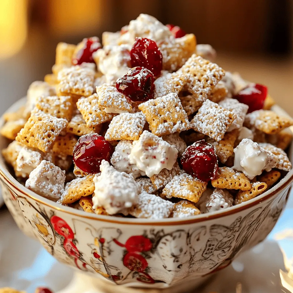 To make Cherry Cheesecake Puppy Chow, you need simple yet tasty ingredients. The mix of flavors makes it a fun snack. You can enjoy it anytime, whether you want a sweet treat or a fun dessert for a party. - 6 cups Rice Chex cereal - 1 cup white chocolate chips - 1/2 cup cream cheese, softened to room temperature - 1/2 cup powdered sugar, plus extra for dusting - 1 teaspoon pure vanilla extract - 1 cup freeze-dried cherries, coarsely crushed - 1/4 cup graham cracker crumbs - A pinch of salt Each ingredient has a role. Rice Chex gives a nice crunch and holds the coating well. White chocolate chips add sweetness, and cream cheese makes it creamy. The powdered sugar helps bind everything together. Freeze-dried cherries give that cherry flavor and a pop of color. Graham cracker crumbs add that classic cheesecake taste. A pinch of salt balances the sweetness. These ingredients create a delicious treat you’ll want to make again and again. Start by placing 6 cups of Rice Chex cereal into a large mixing bowl. This cereal gives the puppy chow its crunch. Make sure to break any clumps apart with your hands gently. Set the bowl aside while you prepare the coating. In a microwave-safe bowl, add 1 cup of white chocolate chips and 1/2 cup of softened cream cheese. Heat this in the microwave in 30-second bursts. Stir after each time, so it melts evenly. Keep doing this until the mix is smooth and creamy. Once it is melted, stir in 1 teaspoon of pure vanilla extract and a pinch of salt. This adds flavor and balance to the sweet mix. Next, mix together 1 cup of crushed freeze-dried cherries, 1/2 cup of powdered sugar, and 1/4 cup of graham cracker crumbs in a separate bowl. This will add that cherry cheesecake taste we love. Carefully pour the melted chocolate-cream cheese mix over the Rice Chex. Use a spatula to fold the cereal until every piece is coated. Be gentle to keep the cereal intact. After coating the cereal, transfer it to the bowl with the cherry mixture. Toss it all together carefully. You want to make sure each piece gets that lovely cherry and crumb coating. Spread the mix on a parchment-lined baking sheet. Let it cool for about 30 minutes. This helps the coating set nicely. If you want more sweetness, dust with extra powdered sugar before serving. Enjoy this easy and tasty treat! For more details, check the Full Recipe. To get the best coating on your Cherry Cheesecake Puppy Chow, follow these steps. First, make sure to melt the white chocolate and cream cheese smoothly. Heat them in short bursts and stir often. This keeps the mix creamy. After coating the cereal, be gentle. Fold the cereal carefully to avoid breaking it. Every piece should get a nice layer of the mix. When it's time to serve, think fun and colorful! You can place the puppy chow in clear bags and tie them with ribbons. This makes for a cute gift or party treat. If you want it to look fancy, use a nice bowl. Add some extra crushed cherries on top for a pop of color. This not only looks great but also adds even more cherry flavor. Want to make your puppy chow even better? Try these ideas. You can mix in mini chocolate chips for extra sweetness. You could also add some nuts for crunch. If you like a bit of spice, sprinkle in some cinnamon. This can give your treat a unique twist. The Full Recipe gives you a great base, but feel free to get creative! {{image_4}} You can swap Rice Chex with other cereals. Try Corn Chex or Crispix for a change. Each cereal brings a new crunch. You can also use gluten-free options if needed. Just make sure the texture fits your taste. Mix it up with different flavors. Use milk chocolate instead of white chocolate for richer taste. You could add peanut butter for a nutty twist. Experiment with other fruits like strawberries or blueberries. They add fun colors and new tastes. Change the recipe for holidays. For Christmas, add red and green sprinkles. For Easter, use pastel-colored candies. In the summer, mix in some toasted coconut for a tropical vibe. These tweaks make your treat special for any celebration. You can find the full recipe to guide you through these variations! To keep your Cherry Cheesecake Puppy Chow fresh, store it in an airtight container. Glass jars or plastic bins work well. Avoid using bags, as they do not seal tightly. Place the container in a cool, dry spot, away from sunlight. This way, the flavors stay strong and the texture remains crispy. Cherry Cheesecake Puppy Chow can last up to two weeks when stored properly. However, for the best taste, eat it within the first week. Check for any signs of moisture. If it feels soft or sticky, it’s time to toss it. You want that crunchy texture! If your Puppy Chow loses its crunch, you can refresh it. Preheat your oven to 250°F (120°C). Spread the Puppy Chow on a baking sheet. Heat it for about 10 minutes. This will help restore some of the crispiness. Let it cool before enjoying it again. Always check the taste after reheating; it should be just as tasty as before. Yes, you can! While white chocolate gives a sweet taste, you can use milk or dark chocolate. This will change the flavor, making it richer. Just melt the chocolate the same way as in the recipe. If you don't have Rice Chex, use corn or wheat cereal. These cereals will work, but they may change the flavor a bit. Just make sure they are crunchy. You can skip the cream cheese if you want a lighter treat. Use only white chocolate and add a little more powdered sugar. This will keep it sweet and tasty without the cream cheese texture. Feel free to explore the [Full Recipe] for more details on making this fun treat! This blog post covered the essentials for making tasty puppy chow. We explored the key ingredients and the step-by-step process to create this treat. I shared helpful tips to get a perfect coating and creative serving ideas. You can make variations using different cereals or flavors. Storing puppy chow correctly will keep it fresh longer. In the end, making puppy chow is fun and easy. Enjoy sharing this snack with your friends and family!