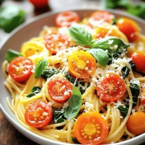 - 250g pasta (spaghetti or penne) - 2 cups fresh spinach - 2 cups cherry tomatoes The base of this dish is simple but fresh. You can choose spaghetti or penne, depending on your taste. I love using ripe cherry tomatoes because they add natural sweetness. Fresh spinach gives it a vibrant color and a healthy touch. - 3 cloves garlic - 1 tablespoon extra virgin olive oil - 1 teaspoon dried oregano Garlic adds a great aroma and flavor. Just mince it fine, and it will work wonders. Extra virgin olive oil is key for cooking the garlic. It brings richness to the dish. Dried oregano adds a lovely herbal note that pairs well with the tomatoes. - 1/2 teaspoon red pepper flakes - 1/4 cup Parmesan cheese or nutritional yeast - Fresh basil leaves for garnish If you like a bit of heat, red pepper flakes are perfect. They add a nice kick without overpowering. For a cheesy flavor, sprinkle some Parmesan cheese or use nutritional yeast for a vegan twist. Fresh basil leaves on top not only look great but also boost the taste. For the full details on how to bring these ingredients together, check the Full Recipe. First, bring a large pot of salted water to a boil. Use about 1 tablespoon of salt for flavor. Once the water is bubbling, add 250g of your chosen pasta, like spaghetti or penne. Cook it until al dente, which means it should be firm but not hard. This usually takes about 8 to 10 minutes, depending on the pasta type. After cooking, drain the pasta in a colander. Don’t forget to save about 1/2 cup of that starchy pasta water for later! Now, let’s make the sauce. In a big skillet, heat 1 tablespoon of extra virgin olive oil over medium heat. Once hot, add 3 cloves of finely minced garlic. Sauté it for 1 to 2 minutes. Keep stirring to prevent burning. Next, add 2 cups of halved cherry tomatoes. Cook them for about 5 minutes or until they soften and release their sweet juices. You want them to be juicy and flavorful! After the tomatoes are ready, it’s time for the greens. Add 2 cups of roughly chopped fresh spinach to the skillet. Sprinkle in 1 teaspoon of dried oregano and a pinch of salt and black pepper. If you like a little heat, toss in 1/2 teaspoon of red pepper flakes. Stir everything for 2 to 3 minutes or until the spinach wilts down. Now, add the drained pasta to the skillet. Toss everything together. If the mix looks dry, add a splash of the reserved pasta water. This makes a light sauce that clings to the pasta. Finally, sprinkle 1/4 cup of grated Parmesan cheese or nutritional yeast over the top. Toss again until the cheese melts. You are ready to plate this tasty dish! Check out the Full Recipe for more tips! Using reserved pasta water is key to a great sauce. This water adds starch, helping the sauce cling to the pasta. Use about half a cup when mixing your cooked pasta with the sauce. If your sauce feels too thick, add more water little by little. Always adjust the seasoning to your taste. A pinch of salt or a dash of pepper can make a big difference. Make your dish look appealing with a simple trick. Drizzle olive oil on top right before serving. This adds shine and flavor. For a pop of color, garnish each plate with whole cherry tomatoes and fresh basil leaves. These small touches make your meal look as good as it tastes. Enjoy the beauty of your Tomato Spinach Pasta Delight! For the full details, check out the Full Recipe. {{image_4}} You can easily boost the protein in your Tomato Spinach Pasta. Here are two great options: - Grilled chicken or shrimp: Adding grilled chicken or shrimp gives your dish a hearty touch. Just cook them separately and toss them in with your pasta. - Tofu for a vegetarian option: If you prefer a plant-based meal, tofu works well. Sauté it until golden and mix it into the pasta. To make your dish even more exciting, try these flavor enhancements: - Adding different herbs like thyme or basil: Fresh herbs can elevate your pasta's taste. Thyme adds earthiness, while basil brings a sweet, fragrant note. - Experimenting with cheese options: Beyond Parmesan, you can try feta or goat cheese for a tangy twist. Nutritional yeast is a great vegan substitute too. For the full recipe, check out the details above. Enjoy making your pasta uniquely yours! To keep your leftover Tomato Spinach Pasta fresh, store it in an airtight container. Make sure to let it cool first. This helps prevent sogginess. Properly stored, your pasta will last for about 3 to 4 days in the fridge. When you're ready to eat it again, reheat your pasta in a skillet over medium heat. Add a splash of water or olive oil to prevent it from drying out. Stir it often until it's heated through. You can also microwave it in a bowl, covering it to keep moisture. Heat in 30-second bursts, stirring in between, until warm. If you want to save some for later, you can freeze Tomato Spinach Pasta. Divide it into portions and place them in freezer-safe bags or containers. Remove as much air as you can to avoid freezer burn. Label each bag with the date. It will stay good for about 2 to 3 months in the freezer. To thaw, move the pasta to the fridge overnight. For a quicker option, place the sealed bag in cold water for about an hour. When you're ready to eat, reheat it in a skillet or microwave, just like with refrigerated leftovers. Always check that it's hot throughout before serving. Enjoy your meal! Yes, you can use frozen spinach! Frozen spinach is easy to store and lasts longer. It is pre-washed and chopped. This saves you time in the kitchen. When using frozen spinach, be sure to thaw it first and squeeze out extra water. This keeps your dish from being soggy. You can add it to the skillet just like fresh spinach. It will cook more quickly, so adjust the time accordingly. You have many choices for pasta! Spaghetti and penne are great options. Spaghetti wraps around the sauce well. Penne holds the sauce inside its tubes. You can also try rotini or farfalle for fun shapes. Whole wheat pasta is a good choice for a healthy option. Rice pasta is perfect if you want gluten-free. Just follow the cooking times on the package for the best results. Making this dish gluten-free is simple! Choose gluten-free pasta made from rice, corn, or quinoa. These options taste good and cook well. Just cook the gluten-free pasta according to the package directions. You might need to adjust cooking times. Be careful not to overcook it. For a low-carb option, use zucchini noodles or spaghetti squash. These add a nice twist to your meal while keeping it healthy. This blog post walked you through creating a fresh pasta dish. We covered essential ingredients like pasta, spinach, and tomatoes, plus aromatics like garlic and oregano. You learned step-by-step cooking methods, tips for saucing, and ways to add protein or flavor. Finally, we shared storage tips and answered common questions. With these ideas, you can make this dish your own. Enjoy experimenting in the kitchen!