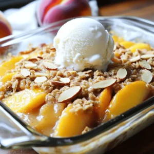 - 6 ripe peaches, pitted and sliced - 1 tablespoon fresh lemon juice - 1 cup rolled oats - 1/2 cup all-purpose flour - 1/2 cup packed brown sugar - 1/2 cup almond meal - 1/2 teaspoon ground cinnamon - 1/4 teaspoon ground nutmeg - 1/4 teaspoon salt - 1/3 cup unsalted butter, cold and cubed - 1/4 cup sliced almonds - Vanilla ice cream or Greek yogurt for serving When making peach crisp, use fresh, ripe peaches. They bring sweetness and juiciness. I love to toss them with fresh lemon juice. This keeps the peaches bright and adds a zing. For the topping, rolled oats add texture. The almond meal enhances the flavor and keeps it rich. Brown sugar brings sweetness and a lovely caramel note. Adding spices is key. Ground cinnamon and nutmeg add warmth. A hint of salt balances the sweetness. The cold butter makes the topping crumbly and delicious. Don’t forget the sliced almonds. They add a nice crunch! To serve, try vanilla ice cream or Greek yogurt. It adds creaminess and pairs well with the warm crisp. For the full recipe, check out the details above! - Preheat oven to 350°F (175°C). - Grease a 9x9 inch baking dish. Start by setting your oven to the right temperature. Greasing the baking dish helps the crisp come out easily later. - Toss sliced peaches with lemon juice. - Allow peaches to sit for flavor enhancement. Take your ripe peaches and slice them. Toss them with lemon juice. This helps keep their color bright and adds fresh flavor. Let them sit for a few minutes to soak in the lemon juice. - Combine dry ingredients in a bowl. - Incorporate cold butter and mix until crumbly. - Fold in sliced almonds. In a separate bowl, mix rolled oats, flour, brown sugar, almond meal, cinnamon, nutmeg, and salt. This blend creates a tasty topping. Next, add cold butter to the dry mix. Use your fingers to work it in until it looks crumbly. Finally, fold in sliced almonds for extra crunch. - Arrange peaches in the baking dish. - Spread the crumble topping evenly over peaches. Now, layer the sliced peaches in your greased baking dish. Spread the crumble topping evenly on top. This helps ensure every bite is delicious. - Time: Bake for 30-35 minutes. - Look for golden brown topping and bubbling peaches. Put the baking dish in the oven. Set a timer for 30 to 35 minutes. The crisp is ready when the top is golden brown and the peaches bubble around the edges. - Cool for 10 minutes before serving. - Tips for serving with ice cream or yogurt. When the crisp is done, take it out and let it cool for about 10 minutes. This cooling time helps it set. Serve it warm with a scoop of vanilla ice cream or Greek yogurt on top. You can find the full recipe for Peachy Almond Crisp for more details. Choose ripe, firm peaches for the best flavor. Look for peaches that yield slightly to gentle pressure. A fragrant smell also signals ripeness. Avoid peaches with dark spots or wrinkles. These may not taste fresh. To get the perfect crumble, keep the butter cold. Use a pastry cutter to mix it into the dry ingredients until it looks like coarse crumbs. Leave some larger chunks for a nice bite. If you want a richer topping, add a bit more butter. This makes the crisp buttery and delicious. Serve your peach crisp warm, topped with vanilla ice cream or Greek yogurt. This adds creaminess and a delightful contrast. For a pretty look, sprinkle some ground cinnamon and sliced almonds on top. This not only enhances the taste but also makes the dish more appealing. For the complete cooking guide, check the Full Recipe. {{image_4}} You can switch peaches for other fruits. Berries, apples, or pears work great. Each fruit brings a new taste. Mixing multiple fruits is also fun. Try a blend of peaches and berries for a colorful twist. You get a tasty mix of sweet and tart, which makes every bite exciting. If you need a gluten-free version, you can swap out the flour. Use almond flour or coconut flour instead. Both will give your crisp a nice flavor. Also, be sure to use certified gluten-free oats. This helps to avoid cross-contamination. You can enjoy your dessert without worry. For added depth, think about flavor enhancements. A splash of vanilla or almond extract can brighten things up. You can also mix in spices like ginger or cardamom. These spices add warmth and richness. Experiment with different combinations for your perfect dessert. Each addition can change the taste and make it your own. For the full recipe, check out the Peachy Almond Crisp. Store leftovers in an airtight container. Place the peach crisp in the fridge within two hours of baking. This method keeps it fresh. It can last for about three to five days. If you want the best taste, eat it sooner. Freezing peach crisp is simple. First, let it cool completely. Cut it into portions for easy serving. Wrap each piece tightly in plastic wrap, then place it in a freezer bag. Be sure to squeeze out the air. This way, it stays fresh for up to three months. To reheat, let it thaw in the fridge overnight. For best results, reheat in the oven at 350°F (175°C) for about 20 minutes. To keep the topping crispy, use the oven. Preheat it to 350°F (175°C). Place the peach crisp in a baking dish, cover it with foil, and bake for 10 minutes. Then, remove the foil and bake for another 5-10 minutes until golden. Serve it warm with vanilla ice cream or Greek yogurt for a tasty treat. Yes, you can use frozen peaches. They are great in a pinch. Here are best practices: - Thaw the peaches before using them. - Drain any extra liquid to avoid a soggy crisp. - Add a bit more sugar to balance the tartness. Using frozen fruit can save time and still give you a tasty dessert. You will know the peach crisp is done when: - The top is golden brown. - You see bubbles around the edges. - The peaches feel soft when poked with a fork. These signs mean your dessert is ready to enjoy! Yes, you can prepare it in advance. Here are some tips: - Assemble the crisp but don’t bake it. - Cover it tightly with plastic wrap or foil. - Store it in the fridge for up to one day. When you're ready, just bake it. This keeps it fresh and delicious! You can serve peach crisp with many tasty options: - Vanilla ice cream adds creaminess. - Greek yogurt gives a tangy flavor. - Fresh mint leaves can brighten every bite. These pairings will enhance your peach crisp experience! For the complete recipe, check out Full Recipe. Peach crisp is tasty and easy to make! You learned about fresh ingredients, how to mix them, and bake the perfect dish. Remember to choose ripe peaches for the best flavor. Try different fruits or make it gluten-free to fit your taste. Store leftovers properly so you can enjoy them later. With these tips, you're ready to impress friends and family. Enjoy every bite of this sweet treat!
