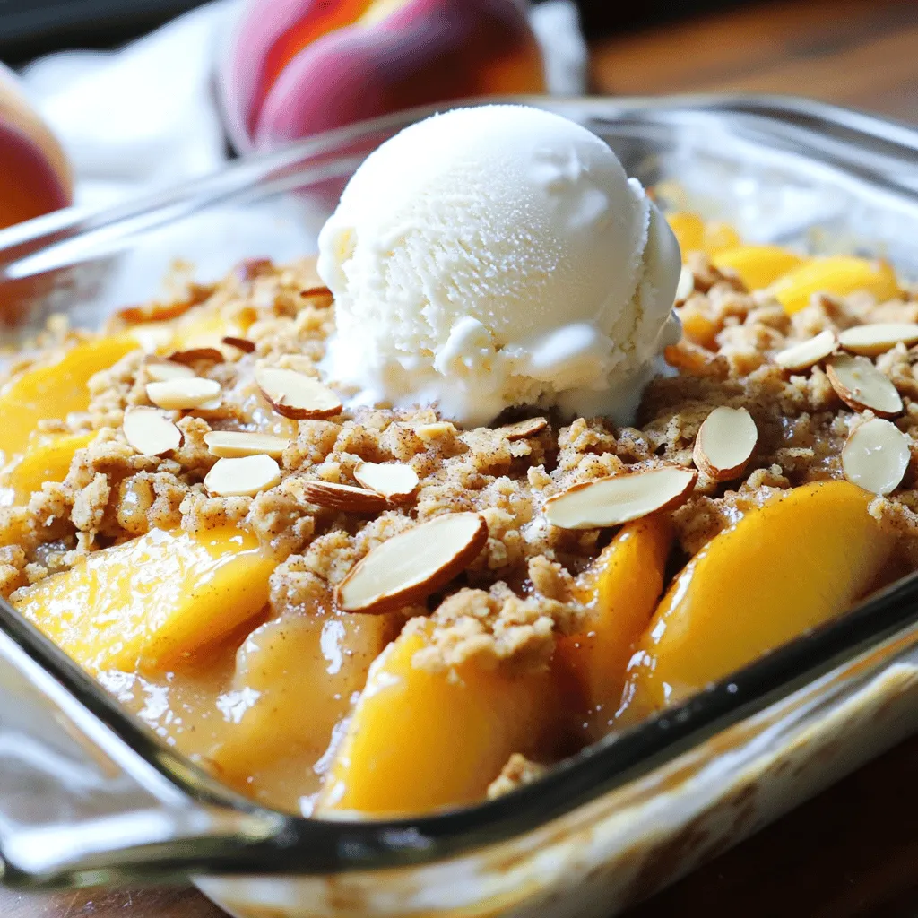 - 6 ripe peaches, pitted and sliced - 1 tablespoon fresh lemon juice - 1 cup rolled oats - 1/2 cup all-purpose flour - 1/2 cup packed brown sugar - 1/2 cup almond meal - 1/2 teaspoon ground cinnamon - 1/4 teaspoon ground nutmeg - 1/4 teaspoon salt - 1/3 cup unsalted butter, cold and cubed - 1/4 cup sliced almonds - Vanilla ice cream or Greek yogurt for serving When making peach crisp, use fresh, ripe peaches. They bring sweetness and juiciness. I love to toss them with fresh lemon juice. This keeps the peaches bright and adds a zing. For the topping, rolled oats add texture. The almond meal enhances the flavor and keeps it rich. Brown sugar brings sweetness and a lovely caramel note. Adding spices is key. Ground cinnamon and nutmeg add warmth. A hint of salt balances the sweetness. The cold butter makes the topping crumbly and delicious. Don’t forget the sliced almonds. They add a nice crunch! To serve, try vanilla ice cream or Greek yogurt. It adds creaminess and pairs well with the warm crisp. For the full recipe, check out the details above! - Preheat oven to 350°F (175°C). - Grease a 9x9 inch baking dish. Start by setting your oven to the right temperature. Greasing the baking dish helps the crisp come out easily later. - Toss sliced peaches with lemon juice. - Allow peaches to sit for flavor enhancement. Take your ripe peaches and slice them. Toss them with lemon juice. This helps keep their color bright and adds fresh flavor. Let them sit for a few minutes to soak in the lemon juice. - Combine dry ingredients in a bowl. - Incorporate cold butter and mix until crumbly. - Fold in sliced almonds. In a separate bowl, mix rolled oats, flour, brown sugar, almond meal, cinnamon, nutmeg, and salt. This blend creates a tasty topping. Next, add cold butter to the dry mix. Use your fingers to work it in until it looks crumbly. Finally, fold in sliced almonds for extra crunch. - Arrange peaches in the baking dish. - Spread the crumble topping evenly over peaches. Now, layer the sliced peaches in your greased baking dish. Spread the crumble topping evenly on top. This helps ensure every bite is delicious. - Time: Bake for 30-35 minutes. - Look for golden brown topping and bubbling peaches. Put the baking dish in the oven. Set a timer for 30 to 35 minutes. The crisp is ready when the top is golden brown and the peaches bubble around the edges. - Cool for 10 minutes before serving. - Tips for serving with ice cream or yogurt. When the crisp is done, take it out and let it cool for about 10 minutes. This cooling time helps it set. Serve it warm with a scoop of vanilla ice cream or Greek yogurt on top. You can find the full recipe for Peachy Almond Crisp for more details. Choose ripe, firm peaches for the best flavor. Look for peaches that yield slightly to gentle pressure. A fragrant smell also signals ripeness. Avoid peaches with dark spots or wrinkles. These may not taste fresh. To get the perfect crumble, keep the butter cold. Use a pastry cutter to mix it into the dry ingredients until it looks like coarse crumbs. Leave some larger chunks for a nice bite. If you want a richer topping, add a bit more butter. This makes the crisp buttery and delicious. Serve your peach crisp warm, topped with vanilla ice cream or Greek yogurt. This adds creaminess and a delightful contrast. For a pretty look, sprinkle some ground cinnamon and sliced almonds on top. This not only enhances the taste but also makes the dish more appealing. For the complete cooking guide, check the Full Recipe. {{image_4}} You can switch peaches for other fruits. Berries, apples, or pears work great. Each fruit brings a new taste. Mixing multiple fruits is also fun. Try a blend of peaches and berries for a colorful twist. You get a tasty mix of sweet and tart, which makes every bite exciting. If you need a gluten-free version, you can swap out the flour. Use almond flour or coconut flour instead. Both will give your crisp a nice flavor. Also, be sure to use certified gluten-free oats. This helps to avoid cross-contamination. You can enjoy your dessert without worry. For added depth, think about flavor enhancements. A splash of vanilla or almond extract can brighten things up. You can also mix in spices like ginger or cardamom. These spices add warmth and richness. Experiment with different combinations for your perfect dessert. Each addition can change the taste and make it your own. For the full recipe, check out the Peachy Almond Crisp. Store leftovers in an airtight container. Place the peach crisp in the fridge within two hours of baking. This method keeps it fresh. It can last for about three to five days. If you want the best taste, eat it sooner. Freezing peach crisp is simple. First, let it cool completely. Cut it into portions for easy serving. Wrap each piece tightly in plastic wrap, then place it in a freezer bag. Be sure to squeeze out the air. This way, it stays fresh for up to three months. To reheat, let it thaw in the fridge overnight. For best results, reheat in the oven at 350°F (175°C) for about 20 minutes. To keep the topping crispy, use the oven. Preheat it to 350°F (175°C). Place the peach crisp in a baking dish, cover it with foil, and bake for 10 minutes. Then, remove the foil and bake for another 5-10 minutes until golden. Serve it warm with vanilla ice cream or Greek yogurt for a tasty treat. Yes, you can use frozen peaches. They are great in a pinch. Here are best practices: - Thaw the peaches before using them. - Drain any extra liquid to avoid a soggy crisp. - Add a bit more sugar to balance the tartness. Using frozen fruit can save time and still give you a tasty dessert. You will know the peach crisp is done when: - The top is golden brown. - You see bubbles around the edges. - The peaches feel soft when poked with a fork. These signs mean your dessert is ready to enjoy! Yes, you can prepare it in advance. Here are some tips: - Assemble the crisp but don’t bake it. - Cover it tightly with plastic wrap or foil. - Store it in the fridge for up to one day. When you're ready, just bake it. This keeps it fresh and delicious! You can serve peach crisp with many tasty options: - Vanilla ice cream adds creaminess. - Greek yogurt gives a tangy flavor. - Fresh mint leaves can brighten every bite. These pairings will enhance your peach crisp experience! For the complete recipe, check out Full Recipe. Peach crisp is tasty and easy to make! You learned about fresh ingredients, how to mix them, and bake the perfect dish. Remember to choose ripe peaches for the best flavor. Try different fruits or make it gluten-free to fit your taste. Store leftovers properly so you can enjoy them later. With these tips, you're ready to impress friends and family. Enjoy every bite of this sweet treat!