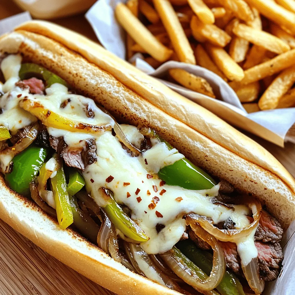 - 1 lb ribeye steak, thinly sliced - 1 large green bell pepper, sliced into strips - 1 large onion, sliced into half-moons - 4 slices provolone cheese - 2 tablespoons olive oil, divided - Salt and pepper to taste - 4 hoagie rolls These main ingredients create a classic Philly cheese steak. The ribeye steak gives a rich flavor and tender bite. The bell pepper and onion add sweetness and crunch. Provolone cheese melts beautifully, making each bite creamy. Hoagie rolls hold everything together, giving you a hearty sandwich. - 1 tablespoon Worcestershire sauce - Crushed red pepper flakes You can add Worcestershire sauce for a deeper taste. It adds a savory punch that pairs well with the steak. Crushed red pepper flakes bring heat if you desire a spicy kick. These optional ingredients let you customize your meal to your liking. When choosing ribeye steak, look for marbled fat. This fat makes the steak juicy and flavorful. Aim for bright red color without any brown spots. If possible, ask your butcher for thinly sliced steak. This saves you time and ensures even cooking. Always check the sell-by date to ensure freshness. Start by slicing the ribeye steak thinly. Thin slices help it cook fast. Use a sharp knife for clean cuts. Next, slice the green bell pepper into strips. Also, slice the onion into half-moons. Set all the veggies aside. This prep sets the stage for a great cheese steak. Heat a large skillet over medium-high heat. Add 1 tablespoon of olive oil. Wait until the oil shimmers before adding the sliced onions and peppers. Cook the veggies for 5-7 minutes. Stir them often until they soften and caramelize. Season with salt and pepper for flavor. Once done, transfer them to a plate and keep them warm. In the same skillet, add the other tablespoon of olive oil. Increase the heat a bit. Add the thinly sliced ribeye steak to the hot skillet. Sear the steak for 3-4 minutes. Stir often to brown it evenly. If you want, drizzle Worcestershire sauce over the steak in the last minute. This adds a nice flavor. Once browned, lower the heat and mix the veggies back in. Layer provolone cheese over everything. Cover the skillet for 2-3 minutes to melt the cheese. Now, you’re ready to fill your hoagie rolls. Slice them open but don’t cut all the way through. Use a slotted spoon to place the steak and cheese mix inside. If you like heat, sprinkle some crushed red pepper flakes on top before serving. Enjoy your delicious creation! For the full recipe, check out [Full Recipe]. To get the cheese just right, choose a good melting cheese. Provolone works well, but you can also try mozzarella. After you layer the cheese on the steak, cover the pan. This helps the cheese melt evenly. Let it sit for 2-3 minutes over low heat. You want the cheese to be gooey, not burnt. Adding Worcestershire sauce gives your steak a boost of flavor. It adds a nice umami taste that makes each bite special. You can also try adding garlic powder or onion powder for extra depth. For a spicy punch, sprinkle in crushed red pepper flakes. These simple tweaks can make your cheese steak pop! One common mistake is overcooking the steak. It should be tender and juicy, not dry. Make sure to slice the steak thinly. This helps it cook evenly and quickly. Also, don’t skip the veggies! Onions and bell peppers add sweetness and crunch. Finally, remember to season your meat well. A little salt and pepper go a long way in enhancing flavor. For the full recipe, check out the Ultimate Philly Cheese Steak. {{image_4}} You can swap out the ribeye steak for chicken or Portobello mushrooms. Chicken breast works well; just slice it thin. Cook it the same way as the steak. Portobello mushrooms give a great, meaty flavor. Slice them thick and sauté until tender. Both options make for a tasty twist on the classic Philly cheese steak. While provolone cheese is traditional, you have other options. Try mozzarella for a milder flavor. Cheddar adds a nice sharpness to the sandwich. Even pepper jack can spice things up! Mixing different cheeses can create a unique taste. Experiment with your favorites for a personalized touch. Want to boost nutrition? Add more veggies! Sliced mushrooms, spinach, or even jalapeños can enhance your cheese steak. Just sauté them along with the onions and peppers. This not only adds flavor but also makes your meal more colorful. You can enjoy a hearty, veggie-packed sandwich that pleases the palate. For the full experience, check out the Full Recipe. To keep your Easy Philly Cheese Steak fresh, let it cool first. Place the leftovers in an airtight container. Make sure to store them in the fridge. They will stay good for up to three days. If you have extra hoagie rolls, store them separately. This keeps them from getting soggy. When you’re ready to enjoy your leftovers, reheating is key. Use a skillet for the best flavor. Heat it over medium heat and add a splash of water. This creates steam and keeps the steak moist. Cook for about 5 minutes, stirring gently. You can also use a microwave, but be careful not to dry it out. Cover the dish with a damp paper towel to trap moisture. If you want to save some for later, freezing is a great option. First, let the steak cool completely. Then, pack it into freezer-safe bags. Squeeze out as much air as you can. It will stay fresh for about two months in the freezer. When you're ready to eat it, thaw it overnight in the fridge. Reheat it in a skillet for the best taste. For the full recipe, check the link! Yes, you can make Easy Philly Cheese Steak without Worcestershire sauce. The sauce adds a nice depth of flavor, but it is not necessary. You can simply skip it. The steak, peppers, and onions will still taste great. If you want more flavor, try adding soy sauce or a splash of vinegar instead. The best bread for Philly Cheese Steaks is a hoagie roll. These rolls have a soft inside and a crusty outside. They hold up well to the juicy filling. Other good options include Italian bread or a sub roll. Look for bread that is fresh and has a good shape for easy handling. To make your cheese steak spicier, add crushed red pepper flakes. You can sprinkle these on the filling before serving. Another option is to use spicy cheese, like pepper jack. You can also add hot sauce to your steak while cooking, which gives it a nice kick. The main difference is the cheese. A cheese steak usually uses provolone or American cheese. A cheese whiz steak uses cheese whiz, which is a processed cheese sauce. Cheese whiz is creamier and has a different flavor. Both are tasty, but they offer different experiences. In this article, we explored how to make an easy Philly cheese steak. We covered key ingredients like steak and cheese, plus helpful tips for selecting the best steak. I shared step-by-step cooking instructions and ways to enhance flavor. You learned about variations and storage options for leftovers. With these insights, you can now craft your perfect cheese steak. Enjoy the blend of flavors and textures, and don't hesitate to experiment with different ingredients!
