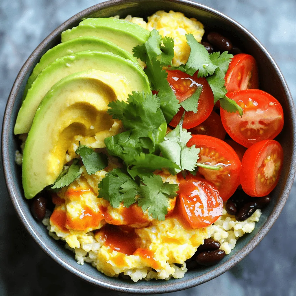 To make a tasty low carb breakfast burrito bowl, you need these ingredients: - 4 large eggs - 1 tablespoon olive oil - 1 cup cauliflower rice (fresh or frozen) - 1/2 bell pepper (red or green), diced - 1/2 small onion, diced - 1/4 cup black beans, rinsed and drained - 1/4 cup diced tomatoes - 1/2 avocado, sliced - 1/4 teaspoon cumin - 1/4 teaspoon paprika - Salt and pepper to taste - Fresh cilantro, for garnish - Hot sauce, optional This breakfast bowl is not just delicious; it’s also healthy. Each serving has: - Approximate calories: 380 - Carbs: 20 grams - Protein: 20 grams This meal is great if you want to cut carbs and still feel full. Using fresh ingredients is always best. They bring bright flavors and better texture. However, frozen cauliflower rice works well too. It saves time and is easy to find. The key is to use quality products, whether fresh or frozen. For veggies, fresh ones add crunch. Frozen options can help on busy mornings. Always check labels for added ingredients in frozen goods. Cooking this low carb breakfast burrito bowl is easy and fast. First, you sauté the veggies. Next, you cook the cauliflower rice. Then, you scramble the eggs and mix in beans and tomatoes. Finally, you serve it with avocado and cilantro. Each step takes only a few minutes. 1. Heat the Oil: Start by heating the olive oil in a large skillet over medium heat until it shimmers. 2. Add Veggies: Add the diced onion and bell pepper. Sauté for about 3-4 minutes until they soften and smell great. 3. Incorporate Cauliflower Rice: Mix in the cauliflower rice. Stir well and cook for another 5 minutes. This helps the rice soften and soak up flavors. 4. Add Spices: Sprinkle cumin, paprika, salt, and pepper on the mixture. Stir well to make sure everything is seasoned evenly. 5. Beat the Eggs: In a bowl, crack the eggs and beat them. Then, pour the eggs into the skillet. Stir gently as they cook for about 3-4 minutes. The eggs should be scrambled and not runny. 6. Mix in Beans and Tomatoes: Once the eggs are cooked, add the black beans and diced tomatoes. Stir until they are heated through, about 2 minutes. 7. Serve the Bowls: Remove the skillet from heat. Spoon the mixture into two bowls. 8. Top and Garnish: Top each bowl with avocado slices and sprinkle with fresh cilantro. If you like spicy, add hot sauce. To cook eggs just right, use medium heat. Stir gently and keep them moving. This helps them cook evenly without burning. If you like fluffier eggs, whisk in a bit of water or milk before cooking. Avoid overcooking, as this can make them dry. Enjoy your delicious and satisfying low carb breakfast burrito bowl! I love to serve my Low Carb Breakfast Burrito Bowl in a fun way. Try placing your bowl on a rustic wooden board. This adds a cozy feel to your meal. A lime wedge on the side adds a fresh taste. You can also sprinkle extra cilantro on top for a pop of color. If you want a spicy kick, drizzle some hot sauce over the bowl. It makes each bite exciting. This recipe is very flexible. For a vegetarian option, skip the black beans or use chickpeas instead. You can add more veggies like spinach or zucchini for extra nutrition. For vegans, replace the eggs with scrambled tofu. You can season the tofu with turmeric for that egg-like color. Another option is to use nutritional yeast for a cheesy flavor. Get creative and make it your own! You can cook your burrito bowl in a skillet or an oven. A skillet is quick and lets you watch your food. Heat the olive oil, add the veggies, and stir. This gives you great control over cooking time. An oven method allows for a hands-off approach. You can roast the veggies on a baking sheet while you prepare the rest. This adds a nice caramelized flavor. Both methods work well; choose what fits your day. For the full recipe, check the earlier section. {{image_4}} If you want to switch things up, try adding ground turkey. It adds great flavor and protein. Use about 1 cup of cooked turkey. Start by cooking it in the skillet before adding the veggies. This step ensures that the turkey cooks through and blends well with the other ingredients. You'll enjoy a hearty bowl that fills you up and keeps carbs low. For a vegetarian twist, simply leave out the meat. You can add more veggies instead. Consider using spinach, zucchini, or mushrooms. These options add fiber and taste without the carbs. You can also toss in some extra black beans for protein. This bowl stays filling and delicious, perfect for any time of day. If you follow a keto diet, consider adding cheese and sour cream. Cheddar or Monterey Jack works well. Just sprinkle some on top before serving. You can also use cream cheese for creaminess. These additions keep the dish low in carbs and high in flavor. Don't forget to adjust the seasoning to match your taste. After you make your Low Carb Breakfast Burrito Bowl, let it cool. Place it in a sealed container. This helps keep it fresh. You can store it in the fridge for up to three days. If you want to enjoy it later, keep the avocado separate. This keeps it from browning. You can freeze this breakfast bowl for longer storage. Make sure it cools completely first. Transfer the mixture into a freezer-safe container. Leave some space at the top for expansion. It can stay frozen for up to three months. When you're ready to eat, just thaw it overnight in the fridge. To reheat, you can use a microwave or a skillet. If using a microwave, place the bowl in for about 2-3 minutes. Stir halfway through to heat evenly. If you prefer a skillet, warm it on low heat. Add a splash of water to keep it moist. This helps revive the flavors and texture. Enjoy your tasty breakfast again! A low carb breakfast can help you feel full. It gives you energy without a sugar crash. You avoid the hunger pangs that come with high carb meals. By eating fewer carbs, you may also lose weight. This helps your body burn fat for energy. A low carb meal can improve your focus too. With steady energy, you stay alert throughout the morning. Yes, you can make this dish ahead of time. Cook the ingredients and store them in the fridge. This meal stays good for up to three days. Just reheat it when you're ready to eat. This saves you time on busy mornings. You can also pack it for lunch. Absolutely! This recipe is perfect for meal prep. You can make multiple servings at once. Divide them into containers for easy grab-and-go meals. The ingredients hold up well in the fridge. You can enjoy a healthy breakfast every day. For the best taste, add fresh toppings like avocado right before eating. Check out the Full Recipe for more details. This post covered key ingredients for a tasty low-carb breakfast. You learned about fresh and frozen options, nutrition facts, and how to cook eggs just right. We discussed serving ideas, cooking methods, and various healthy options like vegetarian or keto. Finally, remember to store your food properly so it stays fresh. Preparing meals ahead makes your mornings easier. Enjoy your cooking adventure and find joy in each meal!
