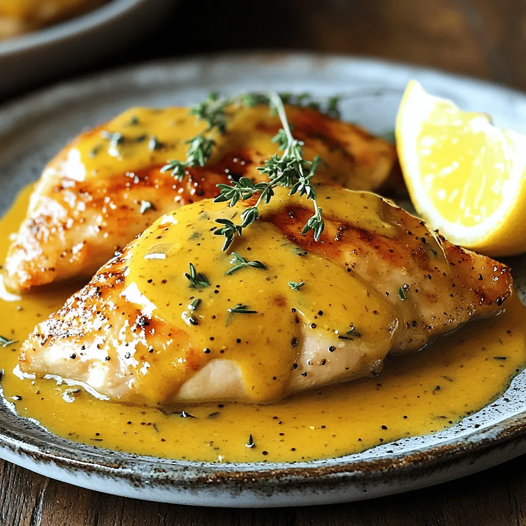 - 4 boneless, skinless chicken breasts - 2 tablespoons olive oil - Salt and pepper to taste - 1 teaspoon garlic powder - 1 tablespoon Dijon mustard - 1 tablespoon whole grain mustard - 1/4 cup chicken broth - 2 tablespoons fresh lemon juice - Zest of 1 lemon - 1 teaspoon fresh thyme leaves (or 1/2 teaspoon dried thyme) When I create this dish, I start with the main ingredients. The chicken breasts are the stars here. They are best when they are boneless and skinless for a quick cook. Adding olive oil helps get a nice sear. For the sauce, I use garlic powder and two types of mustard. The Dijon gives a sharp bite while the whole grain mustard adds texture. Chicken broth makes the sauce rich and smooth. Lemon juice and zest bring bright flavor. Fresh thyme adds a lovely herb note. These fresh additions make the dish sing. Each part of the ingredient list plays a role in the final taste. You can find the full recipe at the end of this article. Start by patting the chicken breasts dry with paper towels. This step removes moisture, helping the chicken brown. Next, season both sides of the chicken with salt, pepper, and garlic powder. This adds great flavor to the chicken, making every bite tasty. Heat olive oil in a large skillet over medium-high heat. Once the oil shimmers, place the seasoned chicken breasts in the skillet. Sear them for about 6-7 minutes on one side until they turn a lovely golden brown. After that, flip the chicken breasts. Cook them for another 5-6 minutes. Check the center to make sure they are no longer pink. When done, remove the chicken and cover it to keep warm. In the same skillet, lower the heat to medium. Add the Dijon and whole grain mustard. Stir the mustards for about 30 seconds to blend the flavors. Then, carefully pour in the chicken broth, along with the fresh lemon juice and zest. Mix everything well, scraping the browned bits from the skillet. This makes the sauce rich and flavorful. Let it simmer for about 3-4 minutes to thicken. Add in the fresh thyme leaves, stirring them in for that aromatic touch. Finally, return the cooked chicken to the skillet. Coat each piece with the zesty sauce. Let it simmer for one more minute to warm through and soak up the flavors. You can find the full recipe for Pan-Seared Chicken with Lemon Mustard Sauce, including all the details needed for a delicious meal. To get that golden crust, control the heat. Start with medium-high heat. If it's too low, your chicken won’t sear well. If it's too high, it may burn. Cook each side for about 6-7 minutes. Before you cook, make sure the chicken breasts are dry. Moisture makes it hard to get that nice sear. Pat them dry with paper towels. A dry surface helps create a crust that is both tasty and appealing. If your sauce is too thick, add a bit more chicken broth. If it’s too thin, let it simmer longer. This will help it thicken naturally. You can also add more mustard for a punch of flavor. Fresh herbs like thyme can add depth, so feel free to toss in a pinch more if you like. Presentation is key for impressing your guests. Place the chicken breast in the center of the plate. Drizzle the sauce generously over the top. Garnish with fresh thyme and a lemon wedge for a pop of color. Serve with sides like roasted veggies or creamy mashed potatoes. This adds balance and makes your meal more inviting. For a fun twist, consider a light salad to brighten the dish. {{image_4}} You can change the protein in this recipe easily. For a lighter option, use turkey. Turkey breasts work well with the lemon mustard sauce. You could also use pork chops. Pork has a nice flavor that blends well with the sauce. If you want a vegetarian dish, try tofu. Firm tofu soaks up flavors nicely. Press it to remove extra water, then cut it into cubes. Sear the tofu in the skillet like the chicken. It will get crispy on the outside. The sauce is key to this dish. But you can play with it! Try different mustards for a new taste. Spicy brown mustard adds heat. Honey mustard brings sweetness. Use what you like! You can also switch up the citrus. Instead of lemon, try lime or orange. Each will give a fresh twist. Just remember to adjust the juice amount to keep the balance. Adding vegetables makes this dish even better. Sauté some bell peppers or zucchini in the skillet. They add color and crunch. You can toss in asparagus too. It cooks quickly and pairs well. Think about greens, too. Spinach or kale can go right into the sauce. They wilt down nicely and add nutrition. Just stir them in before serving, and they will brighten the dish. For the full recipe, check out the details above. Enjoy your cooking! To keep your Pan Seared Chicken with Lemon Mustard Sauce fresh, store leftovers in an airtight container. This helps lock in flavor and moisture. You can enjoy your chicken for up to three days in the fridge. Make sure to cool the chicken before sealing it up. When it’s time to enjoy leftovers, reheating needs care. The best method is to use a skillet on low heat. Heat the chicken gently to keep it juicy. You can add a splash of chicken broth or a drizzle of olive oil to help maintain moisture. Avoid using high heat, as it can dry out the chicken. Want to save some for later? You can freeze the cooked chicken with sauce. Make sure it cools down before placing it in a freezer-safe container. It’s best to use it within three months for the best flavor and texture. When you’re ready to eat, thaw it in the fridge overnight for best results. Heat it slowly in a skillet or microwave. This keeps the chicken juicy and flavorful. Cooking chicken takes about 12 to 15 minutes. For chicken breasts, you should cook them for 6-7 minutes on one side. Then flip and cook for another 5-6 minutes. Always check that the inside is no longer pink. The best way to know is to use a meat thermometer; it should read 165°F. Yes, you can use many types of mustard. Dijon brings a smooth taste. Whole grain mustard adds texture. Yellow mustard is milder. You could also try spicy brown mustard for a kick. Each type will change the flavor. Experiment to find your favorite! You can serve many great sides. Mashed potatoes pair well, providing creaminess. Steamed vegetables add color and nutrition. A fresh salad brings a crunchy contrast. Rice or quinoa are good options too. They soak up the delicious sauce nicely. For a complete meal, balance flavors and textures! This recipe highlights simple steps to cook flavorful chicken. We started with key ingredients like chicken, mustard, and lemon. I shared tips to achieve perfect searing and make a delicious sauce. You can even vary it with different proteins or vegetables. In the end, this dish is versatile and easy to store. Enjoy exploring flavors and pairing side dishes. You’ll impress everyone at your table with this simple yet tasty meal.