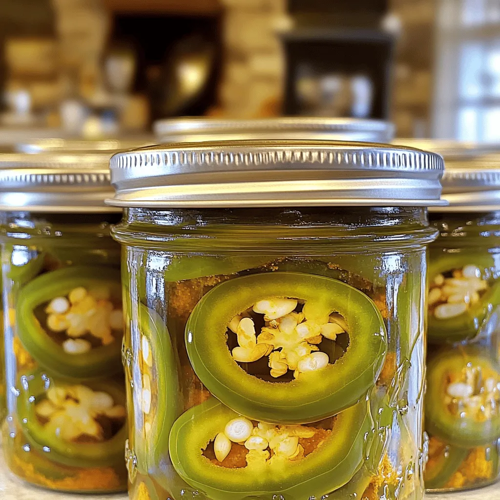 To make delicious candied jalapeños, you need the following ingredients: - 1 pound fresh jalapeños, sliced into rings - 1 cup granulated sugar - 1 cup distilled white vinegar - 1 cup water - 1 teaspoon garlic powder - 1 teaspoon onion powder - 1 teaspoon turmeric - 1/2 teaspoon salt - 1/4 teaspoon cayenne pepper (optional) - 2 tablespoons pickling spice Each ingredient plays a key role. The jalapeños give heat and crunch. Sugar adds sweetness, while vinegar brings tang. Garlic and onion powders enhance the flavor, and turmeric gives a nice color. Salt balances everything out, and cayenne can kick up the spice level. You can customize your candied jalapeños with optional spices. Try adding: - 1 teaspoon cumin for warmth - A few whole cloves for a sweet aroma - Fresh herbs like thyme for a unique twist These additions can enhance the flavor and make your jars even more special. Feel free to experiment and find your favorite mix. Having the right tools makes canning easier and safer. Here’s what you need: - Canning jars: Use pint-sized jars for easy storage. - Lids and rings: New lids ensure a good seal. - Large pot: A big pot for the boiling water bath. - Ladle: For filling jars without spilling. - Measuring cups and spoons: For precise measurements. - Kitchen gloves: Protect your hands from spicy oils. - Sterilizing rack: To keep jars off the bottom of the pot. With these tools, you'll be ready to can your jalapeños like a pro! If you want the full recipe for these sweet and spicy jalapeño delights, make sure to check the Full Recipe section. Start by putting on kitchen gloves. This protects your skin from the hot oils in jalapeños. Slice the jalapeños into rings. Aim for even slices to ensure a good cook. Thinner slices will be spicier, while thicker ones are milder. Set the sliced jalapeños aside as you prepare the brine. In a medium saucepan, mix the following ingredients: - 1 cup granulated sugar - 1 cup distilled white vinegar - 1 cup water - 1 teaspoon garlic powder - 1 teaspoon onion powder - 1 teaspoon turmeric - 1/2 teaspoon salt - 1/4 teaspoon cayenne pepper (optional) - 2 tablespoons pickling spice Heat the mixture over medium heat. Stir it gently until the sugar dissolves. Let it simmer for a few minutes. This creates a sweet and tangy brine that brings out the flavor of the jalapeños. After the brine simmers, add the sliced jalapeños. Cook them for about 5 minutes. This step softens them while keeping their bright color. Now it's time to fill the jars. Use hot, sterilized jars to ensure safety. With a ladle, pour the jalapeño mixture into the jars. Leave about 1/2 inch of space at the top. This space is called headspace and is vital for sealing. After filling the jars, wipe the rims clean with a cloth. This removes any brine that might prevent a proper seal. Take the sterilized lids and place them on each jar. Screw on the metal rings until they are fingertip-tight. This means not too tight but secure enough. Next, process the jars in a boiling water bath. Submerge them for about 10-15 minutes. This step ensures the seals are tight and the jalapeños are safe to store. Once done, remove the jars and let them cool on a towel. Check the lids to see if they sealed properly. A good seal means the lid won't pop up when pressed. Store your jars in a cool, dark place for at least two weeks. This allows the flavors to develop before you enjoy your sweet and spicy jalapeño delights. For the full recipe, refer to the earlier section. Safety is key when canning. Always use clean jars and lids. Boil your jars for 10 minutes to sterilize them. This step prevents spoilage. Wear gloves when handling jalapeños to protect your skin. The oils can cause irritation. Keep your work area clean. This helps avoid contamination. A good seal is vital for safe canning. After processing, let the jars cool completely. Press the center of each lid. If it does not pop back, the seal is good. If it pops up, the jar did not seal. You can reprocess the jar or refrigerate it. You can adjust sweetness or spice level to your taste. Want it sweeter? Add more sugar to the brine. For extra spice, include more cayenne pepper. You can also try adding cinnamon or cloves for a unique twist. Play with flavors until you find your perfect blend. {{image_4}} You can change up the flavor of your candied jalapeños easily. To make them sweeter, add more sugar. For a spicier kick, try adding extra cayenne pepper or red pepper flakes. If you love fruit, mix in pineapple or mango juice to the brine. This adds a fruity twist that pairs well with the heat of the jalapeños. You can mix in other veggies for added texture. Carrots or bell peppers work great in the same brine. They soak up the sweet and spicy flavors, giving you a colorful blend. Just cut them into similar sizes as the jalapeños. This way, they can all cook evenly. There are many fun ways to serve candied jalapeños. Try them on tacos for a sweet and spicy topping. You can also add them to cream cheese for a delicious dip. They are tasty on burgers or sandwiches, too. For a fun appetizer, serve them with cheese and crackers on a platter. They look great and taste amazing! For the full recipe, check out Sweet and Spicy Jalapeño Delights . To keep your canned candied jalapeños fresh, store them in a cool, dark place. A pantry or a cupboard away from heat and light works best. Avoid locations like near ovens or windows as they can affect the flavor. Ensure that the jars are upright to prevent leaks. If you have not opened a jar, the seal will keep the contents safe. Candied jalapeños can last up to one year if stored properly. After opening, they should be used within two months. Always check the jar's seal before use. If the seal is broken, the contents may spoil faster. It’s best to keep them refrigerated after opening to extend their life. Check your jalapeños for any signs of spoilage before eating. Look for changes in color or texture, like mushiness. If you see any mold or smell something off, do not eat them. A sealed jar should not make a popping sound when pressed. If it does, the jar may not be safe to eat. Jalapeños usually take about 24 hours to pickle. This allows the flavors to blend well. You can eat them right away, but they taste even better after a few days. The longer they sit, the more the sweetness and spice come through. So, if you can wait, let them sit for a week or two for the best taste. Yes, you can use other peppers! Bell peppers, banana peppers, and serrano peppers are great choices. Each type gives a different flavor and heat level. Just remember, milder peppers will make a less spicy final product. If you want to try something unique, mix in different types of peppers for a fun twist! If your jars don't seal, don’t panic! First, check the rim for any food debris. Clean it if needed. Then, try resealing the jar and process it again. If it still doesn't seal, you can refrigerate the jar and use it within a few weeks. Always make sure your jars and lids are clean and hot before filling them. This helps with sealing. In this article, we explored how to make candied jalapeños. We covered key ingredients, tools, and step-by-step canning instructions. I shared tips for safety and sealing, along with flavor variations and storage advice. Canning is fun and rewarding. With practice, you can create your own unique flavors. Enjoy your tasty jalapeños in many dishes or share them with friends. Happy canning!