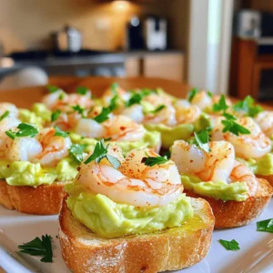 - Baguette - Shrimp - Garlic - Avocado - Olive Oil - Lemon Juice - Red Pepper Flakes - Seasoning (Salt & Pepper) - Garnish (Fresh Parsley) - Additional Toppings - Seasoning Variations Gathering the right ingredients is key to making Garlic Shrimp Crostini with Avocado. First, grab a baguette. It adds a crunchy base that holds all the flavors. Next, use fresh shrimp. They should be peeled and deveined for the best taste. Garlic adds a nice punch, so don’t skimp on it. For the creamy layer, pick a ripe avocado. It should feel slightly soft. Olive oil brings richness to the dish, while lemon juice adds brightness. If you like a bit of heat, red pepper flakes work great. Don’t forget salt and pepper to taste. Fresh parsley makes a lovely garnish that adds color and flavor. You can get creative with optional ingredients. Adding toppings like feta cheese or diced tomatoes can enhance the crostini. Seasoning variations like smoked paprika or cumin can bring different flavor notes. Explore these options to make it your own. For the full recipe, check the detailed instructions. - Preheat the Oven Start by preheating your oven to 400°F (200°C). This heat will help toast the bread perfectly. - Prepare the Baguette Lay the sliced baguette pieces on a baking sheet. Make sure they are in a single layer. Use a pastry brush to coat each slice with a bit of olive oil. This will make them crisp and tasty. - Toast the Bread Place the baking sheet in the oven. Toast the bread for about 5-7 minutes. Keep an eye on them until they turn a golden brown. Once they look perfect, take them out of the oven and let them cool a bit. - Sauté the Garlic In a large skillet, heat 2 tablespoons of olive oil over medium heat. Add the minced garlic and stir it often. Cook until it smells great and turns golden, which should take about 1 minute. - Cook the Shrimp Now, add the peeled and deveined shrimp to the skillet. Season with salt, pepper, and optional red pepper flakes if you like heat. Cook the shrimp for 2-3 minutes on each side. Look for them to turn pink and opaque. Be careful not to overcook them! - Combine with Lemon Take the skillet off the heat. Drizzle fresh lemon juice over the shrimp and toss gently. This adds a bright, fresh flavor. - Mash the Avocado In a mixing bowl, take your diced avocado. Mash it lightly with a fork, leaving some chunks for texture. Season with salt and pepper to bring out the taste. - Assemble the Crostini Take each toasted baguette slice and spread a generous layer of mashed avocado on top. Then, add the garlic shrimp mixture. Let some shrimp hang over the edges for a nice look. - Garnish and Serve Finish each crostini with a sprinkle of freshly chopped parsley. This adds color and freshness. Serve them right away for the best taste. For the full recipe, check the details above. - Avoid Overcooking: Shrimp cook fast. Cook them for just 2-3 minutes on each side. You want them pink and opaque. Overcooked shrimp become tough and rubbery. Keep a close eye on them. - Use Fresh Shrimp: Fresh shrimp taste best. Look for shrimp that smell like the ocean. Avoid shrimp with a strong fishy smell. Fresh shrimp will have a firm texture and a nice sheen. - Selecting Ripe Avocados: Choose avocados that yield slightly to gentle pressure. A ripe avocado should feel soft but not mushy. If it's too hard, wait a few days for it to ripen. - How to Mash Avocado: Cut the avocado in half and remove the pit. Use a fork to mash it slightly. Leave it a bit chunky for texture. Season with salt and pepper to bring out the flavor. - Plating Ideas: Arrange the crostini on a large platter. You can stack them slightly for an inviting look. Add lemon wedges for a pop of color and zest. - Pairing Drinks: Serve with a crisp white wine, like Sauvignon Blanc. The wine's acidity pairs well with the shrimp and avocado. You can also try a light beer for a refreshing option. Check out the Full Recipe for complete instructions and tips! {{image_4}} Adding Spices You can spice up your garlic shrimp crostini in fun ways. Try adding smoked paprika for a warm flavor. A dash of cayenne pepper gives a nice heat. Experiment with herbs like thyme or oregano for extra depth. Each spice adds a twist to the classic taste. Using Different Seafood If shrimp isn’t your favorite, use scallops or crab instead. Both pair well with garlic and avocado. You can also try fish like salmon. Just make sure to adjust the cooking time. Each seafood option brings a unique flavor to the dish. Gluten-Free Alternatives To make this dish gluten-free, swap the baguette for gluten-free bread. Many brands offer tasty alternatives that crisp up well. You can also use crackers made from rice or corn. These options keep the crunch and flavor while being gluten-free. Vegan Options For a vegan twist, replace shrimp with marinated mushrooms. Sauté them with garlic for a rich taste. Instead of avocado, think about using a creamy spread made from nuts. This keeps the crostini delicious and friendly for plant-based eaters. Tapas Style Serve the crostini as small bites at a party. Cut the baguette into smaller pieces for easy sharing. This style encourages guests to mix and mingle. You can add a variety of toppings to each piece for fun. Platter Presentation For a more formal touch, arrange the crostini on a large platter. Layer them with fresh herbs and lemon wedges. This makes the dish look inviting and colorful. Guests will appreciate the lovely display as much as the taste. For the full recipe, check [Full Recipe]. To keep your garlic shrimp crostini fresh, store the components separately. Place the shrimp and avocado in airtight containers. This prevents sogginess. You can keep the shrimp in the fridge for up to two days. The mashed avocado lasts about one day before browning. For best results, reheat shrimp in a skillet. Heat it over low heat until warmed through. Avoid using a microwave, as it can make the shrimp tough. If you have leftover crostini, reheat them in the oven at 350°F for 5-7 minutes. This helps restore their crispness. You can freeze the shrimp, but I do not recommend freezing the crostini. Freezing alters their texture. To freeze shrimp, place them in a freezer bag. Remove as much air as you can. They can last up to three months in the freezer. When ready to use, thaw them in the fridge overnight. To make Garlic Shrimp Crostini with Avocado, follow these simple steps: 1. Preheat your oven to 400°F (200°C). 2. Slice a baguette into thick pieces and coat them with olive oil. 3. Toast the bread in the oven for 5-7 minutes until golden brown. 4. In a skillet, heat olive oil and sauté minced garlic until fragrant. 5. Add peeled shrimp, season, and cook until pink. 6. Drizzle lemon juice over the shrimp. 7. Mash a ripe avocado and season it. 8. Spread the avocado on the toasted bread and top with shrimp. 9. Garnish with parsley and serve. You can find the full recipe at the start of this article. You can use various seafood options if you want a change from shrimp: - Scallops are a great alternative. They cook quickly and add a sweet flavor. - Cooked lobster pieces also work well. They give a rich taste. - For a lighter option, try crab meat. It adds a nice touch. - If you prefer non-seafood, use grilled chicken or even marinated tofu for a veggie option. Yes, you can prepare parts of this dish in advance. Here are some tips: - Toast the baguette slices ahead of time. Store them in an airtight container. - Cook the shrimp and let it cool. Store it in the fridge for up to a day. - Mash the avocado just before serving. This keeps it from browning. - Assemble the crostini right before serving for the best taste and texture. Choosing the right avocado is key for great flavor. Here’s how: - Look for avocados that yield slightly when you press them. This means they are ripe. - Avoid avocados with dark spots or dents. These can indicate overripeness. - If they are not ripe, leave them at room temperature for a few days. - Once ripe, store them in the fridge to slow down the ripening process. Pairing wine with Garlic Shrimp Crostini can enhance your meal. Here are some great options: - A crisp Sauvignon Blanc complements the shrimp’s flavors. - A light Pinot Grigio also works beautifully. It’s refreshing. - For red wine lovers, try a light-bodied Grenache. It won't overpower the dish. - Sparkling wine or Prosecco can add a festive touch to your dinner. This blog post gave you a clear look at making Garlic Shrimp Crostini with Avocado. You learned about key ingredients, step-by-step instructions, and useful tips. Remember to pick ripe avocados and avoid overcooking shrimp. Explore flavor variations to make this dish your own. Whether for a party or a cozy night in, these crostini will impress. Enjoy the process of creating a delicious and fresh appetizer!