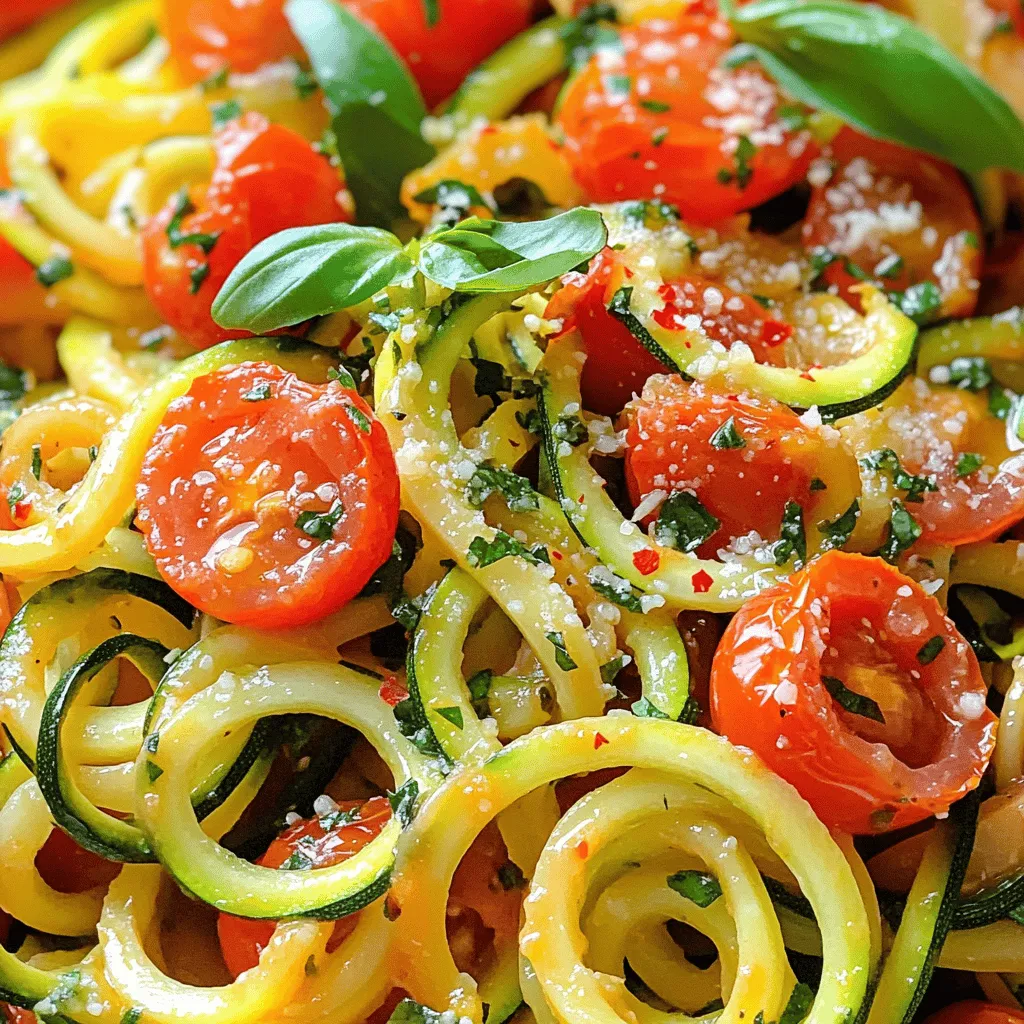 - Zucchini: 2 medium, spiralized into noodles - Tomatoes: 2 cups cherry, halved - Olive Oil: 1 tablespoon extra virgin - Garlic: 3 cloves, finely minced - Spices: 1 teaspoon dried oregano, 1 teaspoon fresh basil - Seasoning: Sea salt and freshly cracked black pepper - Optional Ingredients: 1/4 cup freshly grated Parmesan cheese, crushed red pepper flakes To make this dish, fresh ingredients are key. The zucchini offers a light base, while cherry tomatoes add a burst of sweetness. Spiralizing the zucchini makes it fun and easy to eat. Extra virgin olive oil gives a rich flavor. Minced garlic adds depth and aroma. Dried oregano and fresh basil bring out the best in the tomatoes. Seasoning with sea salt and black pepper helps balance the flavors. If you want to elevate the dish, add Parmesan for creaminess. A sprinkle of crushed red pepper flakes gives it a nice kick. For the full recipe, check out the vibrant tomato zucchini pasta delight. It’s simple yet packed with flavor. - Heating the Olive Oil Start by pouring one tablespoon of extra virgin olive oil into a large skillet. Heat it over medium heat until it starts to shimmer. This shows that the oil is hot enough to cook with and will help bring out the flavors. - Adding Garlic and Precautions Next, add three finely minced garlic cloves to the oil. Sauté them for about one minute. Keep an eye on the garlic, as you don’t want it to brown or burn. Burnt garlic can taste bitter, which will ruin your dish. - Softening and Bursting the Tomatoes Toss in two cups of halved cherry tomatoes. Stir them occasionally for about five to seven minutes. You want to see them soften and start to burst. This releases their juices and creates a rich sauce for your pasta. - Timing for Best Flavor Allow the tomatoes to cook until they are nicely softened. This helps enhance their sweet flavor. Timing is key here—don’t rush this step! - Introducing Spiralized Zucchini Now, add two medium zucchinis that have been spiralized into noodles. Sprinkle in one teaspoon of dried oregano. Cook this mixture for another three to four minutes. You want the zucchini to soften just a bit but still keep some crunch. - Final Seasoning and Flavoring Season the entire dish with a pinch of sea salt and some freshly cracked black pepper to taste. Just before you finish cooking, fold in one teaspoon of finely chopped fresh basil. This keeps its bright flavor. If you like, add a quarter cup of freshly grated Parmesan cheese for extra creaminess. Toss everything together gently before serving. For the full recipe, refer to the *Full Recipe* section above. Enjoy your vibrant and healthy tomato zucchini pasta! Maintaining the right texture in your dish is key. For zucchini, you want a nice crunch. Cook it for just 3-4 minutes after adding it to the skillet. This keeps it tender yet firm. Overcooking makes it mushy and sad. You want your pasta to have a snap. Timing is also crucial for the tomatoes. Cook them until they soften and burst, about 5-7 minutes. This process brings out their natural sweetness. If you let them cook too long, they’ll lose their fresh flavor. Aim for a balance between soft and juicy. Fresh herbs are a game changer. I love adding basil because it brightens the dish. Toss it in just before serving to keep its flavor strong. Oregano adds an earthy note, which pairs well with tomatoes. Don't skip the herbs; they make your dish pop. Cheese can also boost flavor. I recommend freshly grated Parmesan for its rich taste. If you prefer a lighter option, try nutritional yeast for a vegan twist. Be creative! Cheese adds a creamy texture that rounds out the dish. When serving, think about how to make it look nice. Use shallow bowls for an elegant touch. This allows the colors to shine. Top each serving with more fresh basil and a twist of black pepper. A sprinkle of crushed red pepper flakes adds heat and looks great too. Make your dish appealing to the eyes as well as the palate. A little care in how you serve can elevate the whole meal. Enjoy the process and let your creativity flow! For the complete recipe, check the Full Recipe. {{image_4}} You can make this dish heartier by adding grilled chicken or shrimp. Grilled chicken gives a nice, savory bite. Simply slice cooked chicken and toss it in just before serving. Shrimp is quick to cook. Add it to the skillet when you cook the tomatoes. Let them turn pink and curl up for perfect results. For a vegetarian option, try plant-based proteins. Chickpeas or lentils work well. They are high in protein and add texture. Mix them in with the zucchini for a filling meal. Feel free to swap in other fresh vegetables. Bell peppers, spinach, or even mushrooms can bring new flavors. These veggies will add color and nutrients to the dish. Just keep an eye on cooking times. For example, mushrooms may need a bit longer to cook than zucchini. If you use firmer vegetables like carrots, slice them thin. This helps them cook faster and blend well with the pasta. Adjust your cooking times based on how soft you want your veggies. Want to spice things up? Add crushed red pepper flakes to the dish. This gives it a nice kick. You can sprinkle some in while cooking or just before serving. This little addition can make a big difference. Experimenting with herbs is also fun. Try adding thyme or parsley instead of basil. These herbs can change the flavor in a fresh way. You might find a new favorite blend! For the full recipe, check out the vibrant Tomato Zucchini Pasta Delight. To keep your Healthy Tomato Zucchini Pasta fresh, follow these tips for leftovers: - Place any leftover pasta in an airtight container. - Store it in the fridge for up to 3 days. - If you store the zucchini noodles separately, they’ll stay crisp longer. When you store prepared pasta, it’s best to: - Avoid mixing it with sauce until serving. - Reheat only what you will eat to maintain texture. If you want to keep zucchini noodles for a longer time, freezing works well. Here’s how: - Spiralize your zucchini and blanch it in boiling water for 1-2 minutes. - Cool them quickly in ice water, then drain. - Place the noodles in a freezer bag and remove excess air before sealing. To reheat your frozen zucchini noodles for best results: - Thaw them overnight in the fridge. - Sauté them in a pan over medium heat for 3-5 minutes. - This way, they remain tender but not mushy. For the full recipe, check out the Vibrant Tomato Zucchini Pasta Delight! To spiralize zucchini, you need a spiralizer. This tool makes long, curly noodles from the zucchini. You can find hand-held ones or larger countertop models. - Use a sharp knife if you don’t have a spiralizer. Cut the zucchini into thin strips. - Ensure even pressure while spiralizing. This gives you nice, uniform noodles. - Keep the skin on for added color and nutrients. The key is to keep the zucchini steady. You want to make long, thin strands. Remember, the thinner the noodles, the quicker they cook. Yes, you can substitute different pasta types in this recipe. Here are some options: - Whole grain pasta: This adds more fiber and nutrients. - Gluten-free pasta: Use rice or quinoa-based pasta if you need gluten-free options. - Chickpea or lentil pasta: These options provide protein and a nice flavor. Each type of pasta has its own cooking time. Make sure to check the package for best results. To balance this dish, consider these side dishes: - Garlic bread: It adds a crunchy texture and complements the flavors. - Mixed green salad: A fresh salad brings in more nutrients and color. - Grilled vegetables: Zucchini, bell peppers, and eggplant work well. These sides make your meal more filling and flavorful. They also add variety to your plate. This recipe is great for meal prep. Here are some tips: - Cook the pasta and sauce ahead of time, then store them separately. - Keep zucchini noodles fresh by storing them in a sealed container. - Reheat gently when you are ready to eat to avoid sogginess. You can enjoy this dish throughout the week. It stays tasty and healthy. For the Full Recipe, check the details above. This post covered how to make healthy tomato zucchini pasta. We explored fresh produce, pantry staples, and step-by-step cooking instructions. You learned tips to enhance flavor and texture. Variations like adding proteins or different veggies offer creative ways to change the dish. Lastly, storage info ensures your meal stays fresh. Cooking should be fun and easy. Enjoy making this dish your own!