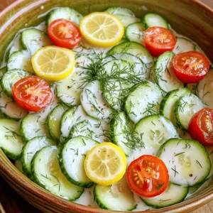 To make a creamy cucumber salad, you need some fresh and simple ingredients. Here is what you will need: - 3 medium cucumbers, thinly sliced - 1 cup Greek yogurt - 2 tablespoons fresh dill, finely chopped - 1 tablespoon freshly squeezed lemon juice - 1 tablespoon honey - 1 clove garlic, finely minced - Salt and freshly ground black pepper, to taste - 1/4 cup red onion, finely chopped (optional, for added crunch) - 1/4 cup cherry tomatoes, halved (for garnish) Gathering these fresh ingredients is key for a tasty salad. The cucumbers bring a cool crunch, while Greek yogurt adds creaminess without too many calories. Fresh dill gives a nice, herbaceous kick, and lemon juice brightens the flavors. Honey adds just a hint of sweetness, and garlic gives it depth. You can choose to add red onion for extra texture if you like. Cherry tomatoes make a lovely garnish, adding color and a burst of flavor. All these ingredients work together to create a refreshing dish, perfect for summer meals or barbecues. For the full recipe, check out the details provided earlier. Start by washing the cucumbers under cold water. This step is key for freshness. Slice them thinly, around 1/8 inch thick. Thin slices help the salad stay crisp and absorb the dressing well. Place the cucumber slices in a large bowl. This will be the base for your creamy cucumber salad. In a separate bowl, mix the creamy dressing. Combine 1 cup of Greek yogurt, 2 tablespoons of fresh dill, 1 tablespoon of lemon juice, 1 tablespoon of honey, and 1 clove of minced garlic. Add a pinch of salt and pepper. Whisk all the ingredients together until smooth. This dressing will bring a rich flavor to your salad. Pour the dressing over the sliced cucumbers. Use a gentle folding motion to mix everything together. Make sure every cucumber slice is well coated. If you want some added crunch, fold in finely chopped red onion. Cover the bowl and refrigerate for at least 30 minutes. Chilling allows the flavors to blend and enhances the salad's taste. Enjoy your creamy cucumber salad as a refreshing side dish! For the full recipe, check out the details above. To create the best creamy cucumber salad, start with fresh ingredients. You can find crisp cucumbers at local farmers' markets or grocery stores. Look for cucumbers that feel firm and have smooth skin. Fresh dill can be found in the produce section. Always choose bright green, fragrant dill for the best flavor. To ensure your cucumbers are evenly coated, use a large mixing bowl. Start by pouring the creamy dressing over the sliced cucumbers. Gently fold the cucumbers with a spatula. This way, each slice gets a nice layer of the dressing. Take your time here; a gentle touch keeps the cucumbers intact and crunchy. For a stunning finish, serve the salad in a large, shallow bowl. Add a sprinkle of fresh dill on top for color. You can also arrange whole dill sprigs around the edges for a lovely touch. If you want more color, add halved cherry tomatoes on top. They not only look great but also add a hint of sweetness. {{image_4}} You can make your creamy cucumber salad even better by adding extra ingredients. Try mixing in avocado for a rich, buttery taste. It adds healthy fats that will make your dish creamy. Feta cheese is another great choice. It gives a salty, tangy flavor that pairs well with the cucumbers. Both options make the salad more filling and fun to eat. If you want to change the flavor, consider using different dressings. Sour cream can replace Greek yogurt. It offers a tangy taste that brightens the salad. Mayonnaise is another option. It adds a smooth, rich texture. Both swaps can give your creamy cucumber salad a new twist. Feel free to experiment and find what you like best. Spices and herbs are great for adding depth to your salad. A pinch of cumin can bring warmth and earthiness. Fresh herbs, like mint or basil, can add an exciting flavor. They also make the dish look vibrant. Just a few sprigs can elevate the overall taste. You can mix and match to create your perfect balance. To keep your creamy cucumber salad fresh, store it in an airtight container. Make sure the lid is tight. This helps keep air out and moisture in. Place the salad in the refrigerator right after making it. If you have leftover salad, cover it well. This keeps it crisp and tasty. When stored properly, this salad lasts about 3 days in the refrigerator. After that, the cucumbers may become soggy. If you see any signs of spoilage, like a bad smell or discoloration, it’s best to toss it. To enjoy your salad at its best, eat it within that time frame. I do not recommend freezing this salad. Freezing changes the texture of cucumbers. They become mushy after thawing. If you want to store it for longer, make the dressing separately. You can freeze the dressing and keep the cucumbers fresh in the fridge. Just mix them together when you’re ready to enjoy. For the full recipe, check out the earlier section! To make a dairy-free creamy cucumber salad, you can replace Greek yogurt with coconut yogurt or a nut-based yogurt. Both options provide a similar creaminess without dairy. You can also use tahini mixed with a bit of lemon juice and water for a different flavor. Just adjust the seasoning to taste! Yes, you can make this salad ahead of time. Prepare it up to a day in advance. Just mix the cucumbers and dressing and store it in the fridge. The flavors will blend nicely. If you want the cucumbers to stay crunchy, add them right before serving. For leftover salad, give it a gentle stir to mix the dressing again. If it seems watery, just drain some liquid. You can serve it cold or at room temperature. Adding a sprinkle of fresh dill or some extra cherry tomatoes can refresh its look and taste. This refreshing salad combines cucumbers, creamy yogurt, and bold flavors. With simple steps, you create a tasty dish. Remember to chill it for the best taste. Feel free to add variations like avocado or feta for more fun. Store leftovers properly to keep them fresh. Making this salad is easy, and you'll enjoy every bite. Experiment and find your ideal mix to satisfy your taste buds.