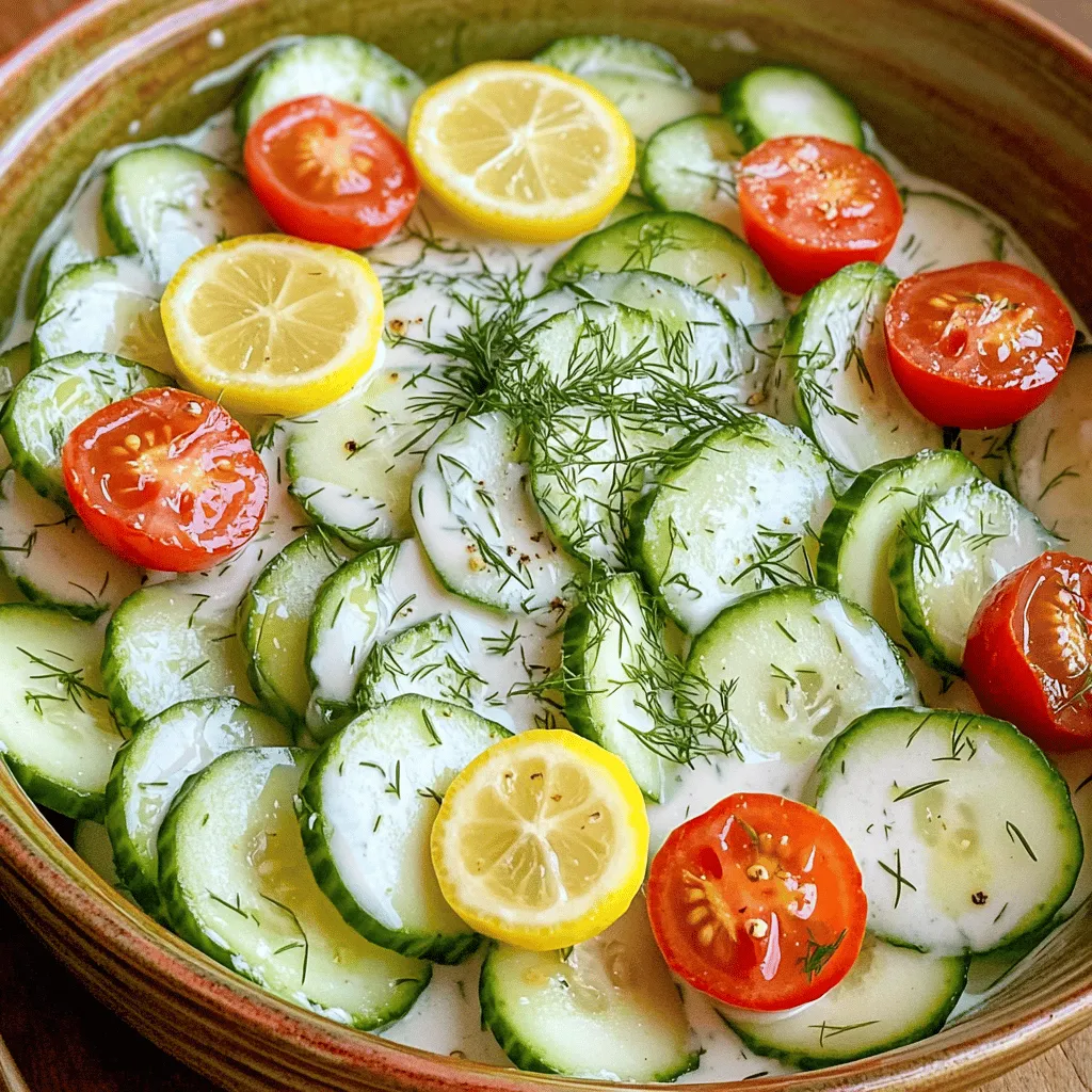 To make a creamy cucumber salad, you need some fresh and simple ingredients. Here is what you will need: - 3 medium cucumbers, thinly sliced - 1 cup Greek yogurt - 2 tablespoons fresh dill, finely chopped - 1 tablespoon freshly squeezed lemon juice - 1 tablespoon honey - 1 clove garlic, finely minced - Salt and freshly ground black pepper, to taste - 1/4 cup red onion, finely chopped (optional, for added crunch) - 1/4 cup cherry tomatoes, halved (for garnish) Gathering these fresh ingredients is key for a tasty salad. The cucumbers bring a cool crunch, while Greek yogurt adds creaminess without too many calories. Fresh dill gives a nice, herbaceous kick, and lemon juice brightens the flavors. Honey adds just a hint of sweetness, and garlic gives it depth. You can choose to add red onion for extra texture if you like. Cherry tomatoes make a lovely garnish, adding color and a burst of flavor. All these ingredients work together to create a refreshing dish, perfect for summer meals or barbecues. For the full recipe, check out the details provided earlier. Start by washing the cucumbers under cold water. This step is key for freshness. Slice them thinly, around 1/8 inch thick. Thin slices help the salad stay crisp and absorb the dressing well. Place the cucumber slices in a large bowl. This will be the base for your creamy cucumber salad. In a separate bowl, mix the creamy dressing. Combine 1 cup of Greek yogurt, 2 tablespoons of fresh dill, 1 tablespoon of lemon juice, 1 tablespoon of honey, and 1 clove of minced garlic. Add a pinch of salt and pepper. Whisk all the ingredients together until smooth. This dressing will bring a rich flavor to your salad. Pour the dressing over the sliced cucumbers. Use a gentle folding motion to mix everything together. Make sure every cucumber slice is well coated. If you want some added crunch, fold in finely chopped red onion. Cover the bowl and refrigerate for at least 30 minutes. Chilling allows the flavors to blend and enhances the salad's taste. Enjoy your creamy cucumber salad as a refreshing side dish! For the full recipe, check out the details above. To create the best creamy cucumber salad, start with fresh ingredients. You can find crisp cucumbers at local farmers' markets or grocery stores. Look for cucumbers that feel firm and have smooth skin. Fresh dill can be found in the produce section. Always choose bright green, fragrant dill for the best flavor. To ensure your cucumbers are evenly coated, use a large mixing bowl. Start by pouring the creamy dressing over the sliced cucumbers. Gently fold the cucumbers with a spatula. This way, each slice gets a nice layer of the dressing. Take your time here; a gentle touch keeps the cucumbers intact and crunchy. For a stunning finish, serve the salad in a large, shallow bowl. Add a sprinkle of fresh dill on top for color. You can also arrange whole dill sprigs around the edges for a lovely touch. If you want more color, add halved cherry tomatoes on top. They not only look great but also add a hint of sweetness. {{image_4}} You can make your creamy cucumber salad even better by adding extra ingredients. Try mixing in avocado for a rich, buttery taste. It adds healthy fats that will make your dish creamy. Feta cheese is another great choice. It gives a salty, tangy flavor that pairs well with the cucumbers. Both options make the salad more filling and fun to eat. If you want to change the flavor, consider using different dressings. Sour cream can replace Greek yogurt. It offers a tangy taste that brightens the salad. Mayonnaise is another option. It adds a smooth, rich texture. Both swaps can give your creamy cucumber salad a new twist. Feel free to experiment and find what you like best. Spices and herbs are great for adding depth to your salad. A pinch of cumin can bring warmth and earthiness. Fresh herbs, like mint or basil, can add an exciting flavor. They also make the dish look vibrant. Just a few sprigs can elevate the overall taste. You can mix and match to create your perfect balance. To keep your creamy cucumber salad fresh, store it in an airtight container. Make sure the lid is tight. This helps keep air out and moisture in. Place the salad in the refrigerator right after making it. If you have leftover salad, cover it well. This keeps it crisp and tasty. When stored properly, this salad lasts about 3 days in the refrigerator. After that, the cucumbers may become soggy. If you see any signs of spoilage, like a bad smell or discoloration, it’s best to toss it. To enjoy your salad at its best, eat it within that time frame. I do not recommend freezing this salad. Freezing changes the texture of cucumbers. They become mushy after thawing. If you want to store it for longer, make the dressing separately. You can freeze the dressing and keep the cucumbers fresh in the fridge. Just mix them together when you’re ready to enjoy. For the full recipe, check out the earlier section! To make a dairy-free creamy cucumber salad, you can replace Greek yogurt with coconut yogurt or a nut-based yogurt. Both options provide a similar creaminess without dairy. You can also use tahini mixed with a bit of lemon juice and water for a different flavor. Just adjust the seasoning to taste! Yes, you can make this salad ahead of time. Prepare it up to a day in advance. Just mix the cucumbers and dressing and store it in the fridge. The flavors will blend nicely. If you want the cucumbers to stay crunchy, add them right before serving. For leftover salad, give it a gentle stir to mix the dressing again. If it seems watery, just drain some liquid. You can serve it cold or at room temperature. Adding a sprinkle of fresh dill or some extra cherry tomatoes can refresh its look and taste. This refreshing salad combines cucumbers, creamy yogurt, and bold flavors. With simple steps, you create a tasty dish. Remember to chill it for the best taste. Feel free to add variations like avocado or feta for more fun. Store leftovers properly to keep them fresh. Making this salad is easy, and you'll enjoy every bite. Experiment and find your ideal mix to satisfy your taste buds.