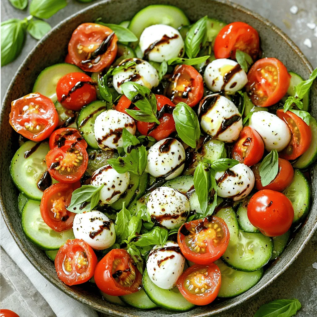 - 2 large cucumbers, thinly sliced - 1 cup cherry tomatoes, halved - 8 ounces fresh mozzarella balls (bocconcini or ciliegine) - 1/4 cup fresh basil leaves, torn into pieces - 2 tablespoons balsamic glaze - 2 tablespoons extra virgin olive oil You will love how these ingredients come together. Cucumbers give a crisp bite. Cherry tomatoes add sweet and juicy flavor. Fresh mozzarella offers a creamy texture that melts in your mouth. Basil brings a fresh aroma that makes the dish pop. The balsamic glaze adds a rich sweetness, while the olive oil provides a smooth finish. - Salt - Freshly ground black pepper These simple seasonings enhance the taste without overpowering the fresh flavors. Just sprinkle salt and pepper to your liking. - Avocado slices - Red onion slivers - Grilled chicken Want to make your salad heartier? Add avocado slices for creaminess, red onion for a sharp bite, or grilled chicken for protein. These options allow you to customize your salad to fit your taste. For the full recipe, check out the details above. How to slice cucumbers Start by rinsing the cucumbers in cold water. This step cleans them well. Next, use a sharp knife or a mandoline slicer. Aim for thin, even rounds. Thin slices make the salad crisp and fresh. If you choose a mandoline, be careful. It can be sharp! Preparing mozzarella and tomatoes For the mozzarella, you can use fresh mozzarella balls. These are called bocconcini or ciliegine. Halve the cherry tomatoes to show off their bright color. This adds a nice touch to your salad. Place the halved tomatoes and mozzarella in a bowl as you prepare. Mixing ingredients in a bowl In a large mixing bowl, combine the sliced cucumbers, halved tomatoes, and mozzarella balls. Gently toss the ingredients together. This mix creates a colorful base for your salad. How to incorporate the basil Now, take the fresh basil leaves and tear them into smaller pieces. Sprinkle the torn basil over the salad. Use your hands to mix gently. This way, you won’t squish the mozzarella. You want to keep everything intact for the best texture. Drizzling olive oil and balsamic glaze Once everything is mixed, it’s time for the dressing. Drizzle the extra virgin olive oil over the salad. Then, add the balsamic glaze. These add a rich flavor to the dish. Seasoning the salad Finally, season with salt and freshly ground black pepper to taste. Make sure to mix everything again. This helps coat all ingredients with the oil and glaze. Let the salad sit for about 10 minutes. This short wait allows the flavors to meld together beautifully. For the full recipe, you can find it [here](#). To serve the Easy Cucumber Caprese Salad, use a large, shallow bowl. This helps show off the bright colors. Drizzle extra balsamic glaze over the top for a shiny finish. Add a few whole basil leaves as a garnish to make it look fancy. For sides, pair your salad with crusty bread or grilled chicken. This makes a great light lunch or dinner. A glass of chilled white wine can also complement the fresh flavors. You can mix more herbs into your salad for extra flavor. Try adding fresh oregano, parsley, or dill for a twist. Each herb brings its unique taste that uplifts the dish. Using flavored oils or vinegars can also enhance the salad. For example, try basil-infused olive oil or garlic-flavored vinegar. These small changes can make your salad stand out even more. To save time, slice your cucumbers and tomatoes in advance. You can prep these up to a day before serving. Store the cut veggies in the fridge, covered tightly. You can make the salad ahead of time, but wait to add the oil and balsamic glaze. This keeps the salad fresh. Mix in the dressing just before serving for the best taste. {{image_4}} You can make this salad even better by adding pesto. Pesto brings a rich flavor that pairs well with the fresh ingredients. Just drizzle a few tablespoons over the salad before you toss it. You'll get a burst of herbal taste that enhances the whole dish. Want to make your salad heartier? Add grilled chicken or shrimp. Both options provide protein and make the dish more filling. Simply grill your protein of choice, slice it, and mix it in with the salad. This twist makes it a satisfying meal for lunch or dinner. For those who love cheese, try using different types! Feta or goat cheese can add a tangy twist. You could also sprinkle in some nuts like walnuts or pine nuts. They add crunch and richness, making the dish even more enjoyable. For the full recipe, check out the Refreshing Cucumber Caprese Delight. To store leftovers in the refrigerator, keep your salad in an airtight container. This helps to maintain freshness and prevent odors. The salad should stay fresh for up to two days. If you notice any excess moisture, consider placing a paper towel inside to absorb it. This will keep your cucumbers crisp and your tomatoes firm. Can it be frozen? I do not recommend freezing this salad. Freezing can change the texture of cucumbers and tomatoes, making them mushy. Mozzarella also does not freeze well. For best taste and texture, enjoy your salad fresh. To keep ingredients fresh before serving, store each component separately. Place cucumbers, tomatoes, and mozzarella in different containers. This prevents sogginess and helps maintain the salad's crispiness. Combine them just before serving for the best flavor and texture. For this salad, I recommend using English cucumbers. They are long, thin, and have fewer seeds. Their skin is smooth and doesn't need peeling. You can also use Persian cucumbers, which are sweet and crunchy. Both types add a fresh taste to the salad. You can prep the salad the night before, but with some tips. Slice cucumbers and tomatoes, and store them in separate containers. This keeps them fresh and prevents sogginess. Mix everything together just before serving to ensure the salad stays crisp. If you can't find mozzarella, try using feta cheese or goat cheese. Both have a tangy flavor that pairs well with cucumbers and tomatoes. You could also use burrata for a creamier texture. These alternatives will still give you a delicious salad. The salad stays fresh in the fridge for about two days. After that, the cucumbers may lose their crunch. Always keep it in an airtight container to maintain its taste. If you notice extra liquid, drain it before serving. Enjoy your Easy Cucumber Caprese Salad! For the full recipe, check the recipe section. This salad brings fresh ingredients and simple steps together. You can easily mix cucumbers, tomatoes, mozzarella, and basil for a healthy meal. Add olive oil and balsamic glaze for flavor. Consider variations like using grilled chicken or different cheeses. Store leftovers well for later enjoyment. With these tips, you can create a delicious salad every time. Enjoy experimenting with flavors and ingredients that you love. Keep it fresh and tasty!