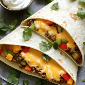 - Ground beef - Shredded cheddar cheese - Assorted bell peppers - Onion and garlic - Seasoning and spices To make the Cheesy Ground Beef Delight Wrap, you'll need some basic ingredients. Each one plays a vital role in building flavor and texture. - Ground beef is the star of the dish. It brings a hearty taste that pairs well with cheese. - Shredded cheddar cheese adds creaminess and a rich flavor. It melts beautifully, making every bite delicious. - Assorted bell peppers bring color and a slight crunch. Using different colors makes the dish pop. - Onion and garlic provide a fragrant base. They add depth and richness to the wrap. - Seasoning and spices like cumin, paprika, and chili powder give it that special kick. Salt and pepper balance all the flavors. - Sour cream - Fresh cilantro For a final touch, you can add optional ingredients. Sour cream adds coolness and creaminess. It also helps balance the spices. Fresh cilantro gives a burst of freshness. It also adds a lovely green color. These simple ingredients combine to create a meal that satisfies your taste buds and your hunger. For the full recipe, follow the instructions carefully. Enjoy crafting this tasty wrap! 1. Start by heating one tablespoon of cooking oil in a large skillet over medium heat. You want the oil to be hot but not smoking. 2. Add the diced onion and minced garlic to the skillet. Sauté them for about 2-3 minutes. This lets the flavors mix. The onions turn soft and fragrant. 3. Increase the heat to medium-high. Add the ground beef to the skillet. Use a spatula to break the beef apart while it cooks. You want to brown it completely, which takes about 5-7 minutes. 1. Once the beef is browned, stir in the diced bell peppers. Add ground cumin, smoked paprika, chili powder, salt, and black pepper. Cook this mixture for 3-4 minutes. The bell peppers will soften and their colors will brighten. 2. Evenly sprinkle the shredded cheddar cheese over the beef and pepper mix. Reduce the heat to low and cover the skillet. Let it sit for 2-3 minutes until the cheese melts and gets gooey. 1. While the cheese melts, warm the tortillas in a separate dry skillet. Heat them for about 30 seconds on each side. This makes them soft and easy to wrap. 2. To assemble each wrap, take a warm tortilla. Place a generous scoop of the cheesy beef mixture in the center. Add a dollop of sour cream and sprinkle with fresh cilantro if you like. 3. Fold the sides of the tortilla inwards. Then roll it up tightly from the bottom to the top. This creates a secure wrap. 4. Repeat the assembly with the remaining tortillas and cheesy beef filling until everything is used up. To get your wraps just right, start with even cooking. Use a large skillet to ensure all the meat cooks nicely. This helps the beef brown evenly. Stir the beef often. This way, you prevent it from sticking and burning. Melting cheese is key for a great wrap. Once you add cheese to the beef, lower the heat and cover the skillet. This traps the heat and helps the cheese melt well. Wait about 2-3 minutes. The cheese should be gooey and delicious. Pair your wraps with tasty sides. Fresh salad or crispy chips work great. You can also serve them with salsa or guacamole for dipping. These sides add color and flavor to your meal. For presentation, slice each wrap in half. This shows off the cheesy filling. Arrange the halves on a colorful plate. Add a sprig of cilantro on top to make it pop. Serve with a small bowl of sour cream on the side. This makes your meal look fun and inviting. Enjoy your Cheesy Ground Beef Delight Wrap with all these tips. For the full recipe, check the earlier section. {{image_4}} You can change the proteins in this wrap. Ground turkey or chicken works great. These swaps keep it tasty while making it lighter. Cheese also offers many choices. Try pepper jack for a spicy kick. You can also use mozzarella for a milder flavor. Adding different vegetables makes this wrap fun. You can toss in corn or zucchini for extra color and crunch. The options are endless! Want to spice things up? Add jalapeños for heat. You can mix them into the beef or use them fresh on top. Don’t forget about spices! A pinch of cayenne or red pepper flakes can wake up the dish. You can also try adding herbs like oregano or thyme for a fresh twist. These simple changes keep your Cheesy Ground Beef Delight Wrap exciting every time you make it. For the full recipe, check out the details above. After you enjoy your cheesy ground beef delight wrap, you may have leftovers. To keep them fresh, place the wraps in an airtight container. Store them in the fridge. They will stay good for about three days. When you're ready to eat them, reheating is easy. Place the wrap in a microwave-safe dish. Cover it with a damp paper towel. Heat it for 30 seconds to 1 minute. Check if it's warm all the way through. If not, heat in 15-second bursts. If you want to save some wraps for later, freezing works well. First, let the wraps cool completely. Wrap each one tightly in plastic wrap. Then place them in a freezer bag or a freezer-safe container. This keeps them fresh for up to three months. When you're ready to eat a frozen wrap, take it out of the freezer. Place it in the fridge overnight to thaw. If you're short on time, you can also microwave it directly from the freezer. Heat on low until warm, flipping it halfway through for even heat. For the full recipe, check out the Cheesy Ground Beef Delight Wrap! How can I make the wraps spicier? You can add some jalapeños or hot sauce to the beef mix. For more heat, try using pepper jack cheese. Adjust the spice to your taste. Can I use whole wheat tortillas? Yes, whole wheat tortillas work well. They add a nutty flavor and are a healthier choice. Just warm them up like regular tortillas for easy wrapping. Is there a vegetarian version of this recipe? Absolutely! Replace the ground beef with black beans or lentils. You can also add more veggies, like zucchini or mushrooms, to enhance flavor. Check the Full Recipe for more ideas. This post covered how to make tasty wraps using simple ingredients. We looked at the core ingredients, optional garnishes, and step-by-step cooking instructions. You learned tips for perfecting your wraps and ideas for variations. Plus, we discussed storage and answered common questions. Wraps are fun to make and share. Get creative with flavors. Your kitchen can be your new favorite spot! Enjoy your cooking adventure!