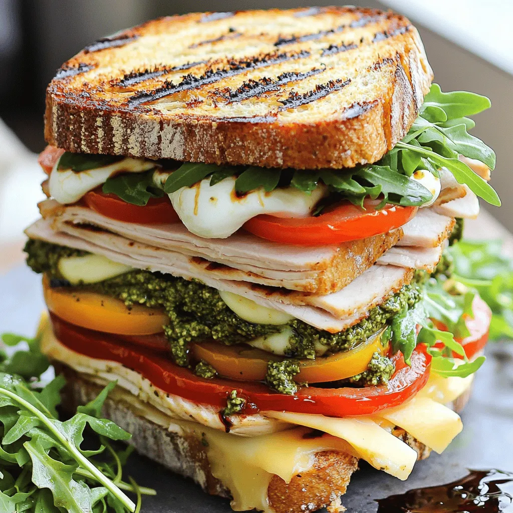 - 8 slices of whole grain bread - 12 ounces sliced turkey breast - 4 slices provolone cheese - 4 slices fresh mozzarella cheese - 1 cup arugula - 1 medium tomato, sliced - 1/2 cup roasted red peppers, sliced - 1/4 cup basil pesto - 1/4 cup mayonnaise - Salt and pepper to taste - Olive oil for grilling Gather these ingredients before you start. The whole grain bread gives a hearty base. Turkey breast adds protein and flavor. Provolone and fresh mozzarella create a creamy texture. Arugula brings a peppery bite. Tomato and roasted red peppers add freshness and sweetness. The basil pesto and mayonnaise give the sandwich a rich taste. Don’t forget salt and pepper to enhance the flavors. Olive oil helps achieve that perfect crispness when grilling. - Avocado slices for creaminess - Different cheese options like cheddar or gouda - Extra seasoning like garlic powder or Italian herbs Feel free to customize your sandwich! Adding avocado gives a rich, creamy layer. Different cheeses can change the flavor profile. You can also try extra seasonings for a unique twist. Be creative based on what you love! For the complete recipe, check out the Full Recipe section. - Begin by preheating a pan over medium heat. This helps cook the sandwiches evenly and gives them a nice crunch. - While the pan heats, lightly brush one side of each slice of whole grain bread with olive oil. This step is key for a golden crust when grilling. - Start building your delicious sandwich. Take one slice of bread, with the un-oiled side up. Layer 3 ounces of sliced turkey breast evenly across the surface. - Follow this with a slice of provolone cheese. Then add a handful of fresh arugula for a peppery bite. - Next, add a slice of juicy tomato on top. This adds moisture and flavor to the sandwich. - Place the roasted red peppers on top of the tomato for sweetness. Don’t forget to sprinkle a little salt and pepper to enhance all the flavors. - Finish with a slice of fresh mozzarella cheese. Place another slice of bread on top, with the mayonnaise side facing the filling. - Carefully place the assembled sandwich in the preheated pan, oiled side down. Cook for 3-4 minutes on each side. Use a spatula to press down gently. This helps the bread brown and the cheese melt. - Repeat the assembly and grilling process for the rest of your sandwiches. - Once cooked, remove the sandwiches from the pan and cut them in half diagonally. This makes them easy to handle and presents well. - Serve the sandwiches warm. A side of mixed greens with balsamic reduction complements the hearty flavors of the turkey club perfectly. For the complete recipe, check out [Full Recipe]. To ensure the perfect golden crust, use a medium heat. Brush olive oil on the bread before grilling. The oil helps the bread crisp up nicely. Flip the sandwich gently to avoid spilling the filling. Press down slightly with a spatula for even cooking. To keep the cheese melty, use a lid while grilling. This traps heat and helps the cheese melt faster. Aim for a nice balance between browning the bread and melting the cheese. Using fresh herbs or spices can boost flavor. Consider adding fresh basil or oregano. These herbs add a pop of freshness that complements the turkey and cheese. You can also sprinkle some crushed red pepper for a spicy kick. Balancing flavors with condiments is key. Mix mayonnaise with pesto for a creamy sauce that ties the sandwich together. This mix adds depth and richness to every bite. Pair your Italian Turkey Club Sandwiches with side salads or chips. A light arugula salad with a lemon vinaigrette works well. The brightness of the salad contrasts with the hearty sandwich. Best drinks to serve include iced tea or sparkling water. These refreshing options cleanse the palate and enhance your meal. Enjoy your sandwich with a drink that makes every bite taste even better. {{image_4}} You can switch turkey for chicken. Grilled chicken adds a nice smoky flavor. You can also try a vegetarian option. Use grilled eggplant or portobello mushrooms for a hearty bite. If you need gluten-free bread, try using a gluten-free loaf. Many brands offer tasty options. For those avoiding dairy, look for dairy-free cheese. Nutritional yeast can also add a cheesy flavor without the dairy. Add Italian ingredients to give your sandwich a twist. Sun-dried tomatoes add a sweet, tangy flavor. Olives bring a salty kick that pairs well with the turkey. These additions make each bite a delight. You can keep your Italian turkey club sandwiches in the fridge for up to three days. Store them in an airtight container or wrap them tightly in plastic wrap. This keeps the bread from getting soggy. Check for freshness before eating. If the bread feels dry or the fillings smell off, it’s best to toss them. To freeze your assembled sandwiches, wrap each one tightly in plastic wrap. Then, place them in a freezer-safe bag. They can last up to three months in the freezer this way. When you are ready to eat, let them thaw in the fridge overnight. This helps keep the bread and fillings fresh. When reheating, use a skillet or toaster oven for the best results. Heat on low to medium heat for about five minutes. This warms the sandwich without making it soggy. Avoid the microwave, as it may make the bread chewy. For a crispy crust, press the sandwich down slightly while heating. Enjoy your delicious Italian turkey club sandwiches warm! To make your Italian Turkey Club Sandwiches healthier, you can swap some ingredients. Here are a few suggestions for low-calorie options: - Use whole grain or low-calorie bread. - Replace mayonnaise with Greek yogurt for creaminess. - Choose low-fat turkey breast or smoked turkey. - Add more veggies like spinach or cucumbers for crunch. - Use a smaller amount of cheese or opt for part-skim varieties. These changes can keep your sandwich tasty while cutting calories. Yes, you can prepare these sandwiches in advance! Here are some tips for meal prep: - Assemble the sandwiches without grilling them. Wrap each one tightly in plastic wrap. - Store them in the fridge for up to 24 hours. - If you want to grill them later, just add a little olive oil before cooking. - For a crispier sandwich, grill just before serving. This way, you save time and still enjoy a fresh, hot sandwich. You can pair your Italian Turkey Club Sandwiches with delicious sides and drinks. Here are some great ideas: - Sides: Mixed greens salad, vegetable chips, or sweet potato fries. - Drinks: Iced tea, lemonade, or a light beer. These options can enhance your meal and make it more enjoyable! This blog post gave you all the details to make an Italian Turkey Club Sandwich. We covered the ingredients, preparation steps, grilling techniques, and storage tips. You can change the recipe with different meats or toppings to fit your taste. With these tips, you’ll create tasty sandwiches every time. Don't hesitate to experiment. Enjoy your cooking and share these sandwiches with friends or family!