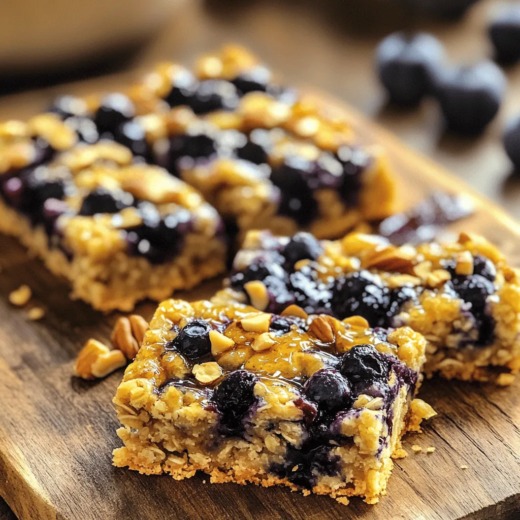 - 2 cups rolled oats - 1/2 cup almond flour - 1/4 cup honey or maple syrup - 1/2 cup unsweetened applesauce - 1 teaspoon vanilla extract - 1 teaspoon baking powder - 1/2 teaspoon ground cinnamon - 1/4 teaspoon sea salt - 1 cup fresh or frozen blueberries - 1/4 cup chopped nuts (such as walnuts or almonds) You need simple and fresh ingredients for Blueberry Oatmeal Breakfast Bars. Rolled oats give a hearty base. Almond flour adds a nutty touch and keeps it gluten-free. Honey or maple syrup brings sweetness, while applesauce keeps it moist. I love using fresh blueberries, but frozen works too. They add flavor and color. Chopped nuts give crunch and healthy fats. Ground cinnamon enhances the taste. Baking powder helps the bars rise. When you gather these ingredients, you set the stage for a tasty and healthy snack. Each one plays a role in making your bars delicious. For the complete recipe, check out the Full Recipe section. 1. First, preheat your oven to 350°F (175°C). Grab an 8x8-inch baking dish and line it with parchment paper. Leave some paper hanging over the edges. This makes it easy to lift out the bars later. 2. In a large mixing bowl, combine the rolled oats, almond flour, baking powder, ground cinnamon, and sea salt. Mix them well. You want the dry ingredients to blend without any clumps. 3. In another bowl, mix the honey or maple syrup, unsweetened applesauce, and vanilla extract. Whisk this until it is smooth and well combined. 4. Pour the wet mixture into the bowl with the dry ingredients. Stir gently until they just come together. Be careful not to overmix; you want it to stay light. 5. Now, gently fold in the blueberries and chopped nuts. Be cautious not to crush the blueberries. You want them to keep their shape and juice. 6. Next, transfer the mixture into your prepared baking dish. Use a spatula or your hands to spread it evenly. Press down firmly to compact it. This helps the bars hold together when baked. 7. Bake in your preheated oven for about 25-30 minutes. Look for golden brown edges and a firm center when touched. 8. After baking, remove the dish from the oven. Let it cool in the pan for about 10 minutes. Then, carefully lift the bars out using the parchment paper. 9. Place the bars on a wire rack to cool completely. Once cooled, slice them into squares or rectangles. This recipe is simple and rewarding. Enjoy making your Blueberry Oatmeal Breakfast Bars! For the full recipe, refer to the earlier section. To bake the best blueberry oatmeal breakfast bars, spread the mixture evenly in the dish. This helps them bake uniformly. I like to press the mixture down firmly. This ensures they hold together well. To check if your bars are done, look for golden edges. The center should feel firm when lightly pressed. If it feels soft, give it a few more minutes in the oven. To add extra flavor, consider using cinnamon or nutmeg. Both spices blend well with blueberries. You can also try adding a pinch of ginger for a warm twist. If you want to mix things up, you can use other fruits too. Chopped apples or mashed bananas work great. Nuts like walnuts or almonds add a nice crunch. They also boost the bars' nutrition. For a fun twist, try adding chocolate chips or shredded coconut! You can find the full recipe [here](#full-recipe). {{image_4}} You can make simple swaps to fit your needs. If you want a gluten-free option, use gluten-free oats. They work just as well and keep the bars tasty. For almond flour, I like to use oat flour or coconut flour. Both give a nice texture. You can even mix different flours to find your perfect blend. Want to try a vegan version? Replace honey with maple syrup or agave nectar. Use a flax egg instead of applesauce if you want. Just mix one tablespoon of ground flaxseed with three tablespoons of water. Let it sit for a few minutes to thicken. You can also play with flavors. Add chocolate chips for a sweet treat. Or mix in shredded coconut for a tropical twist. You could even try spices like nutmeg or cardamom to change the taste. The options are endless! To keep your blueberry oatmeal breakfast bars fresh, store them in an airtight container. This helps maintain their texture and flavor. If you use parchment paper, place a layer between the bars to avoid sticking. For short-term storage, keep them in the fridge. They will last for about a week. If you want to save them longer, freeze the bars. They can stay fresh in the freezer for up to three months. Just wrap each bar tightly in plastic wrap and place them in a freezer bag. This way, you can grab one whenever you want a tasty snack. When you're ready to enjoy a bar, reheating can make them warm and soft again. The best method is to use a microwave. Heat a bar for about 15 to 20 seconds. If you prefer a crispier texture, pop them in the oven. Preheat your oven to 350°F (175°C), place the bars on a baking sheet, and heat for about 10 minutes. For serving after reheating, consider adding a dollop of yogurt or a drizzle of honey. You could also sprinkle some extra blueberries on top. This adds flavor and makes the bars even more appealing. Enjoy your warm breakfast bars with a cup of tea or coffee for a delightful morning treat. Can I use frozen blueberries in this recipe? Yes, you can use frozen blueberries. They work just as well as fresh ones. However, keep them frozen until you mix them in. This helps them hold their shape better during baking. What can I substitute for honey or maple syrup? You can use agave syrup or brown sugar. Both options add sweetness to the bars. If you want a sugar-free option, use mashed bananas or a sugar substitute. How do I make these bars less sweet? To reduce sweetness, cut back on honey or maple syrup. You can also add more oats or applesauce. This keeps the bars moist without adding extra sugar. Caloric breakdown per serving Each bar has about 150 calories. This makes them a good snack choice. They offer energy without too many calories. Benefits of blueberries and oats in breakfast bars Blueberries are full of vitamins and antioxidants. They help keep your heart healthy. Oats are rich in fiber, which aids digestion. Together, they create a tasty and healthy snack that fills you up. You can enjoy these bars while knowing you are fueling your body right. These blueberry oatmeal bars are easy and fun to make. You need simple ingredients like oats, almond flour, and blueberries. We shared step-by-step instructions to guide you through the process. Tips helped you bake evenly and add tasty flavors. You can even swap ingredients for your diet needs or make a vegan version. Store them well, and enjoy the delicious bars for days. Try new fruit or nuts for variety. You’ll love how perfect they are for breakfast or snacks!