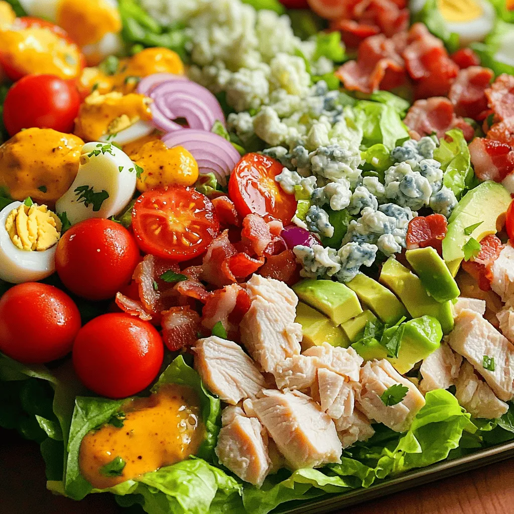 The Cobb salad is a feast for the eyes and the taste buds. Here’s what you need: - 4 cups chopped romaine lettuce - 1 cup cooked grilled chicken, diced - 1 cup cherry tomatoes, halved - 1 ripe avocado, diced - 1/2 cup crumbled blue cheese - 1/2 cup cooked and chopped turkey bacon (or crispy tempeh for a vegetarian option) - 1/4 cup red onion, thinly sliced - 2 hard-boiled eggs, peeled and chopped - 1/4 cup extra-virgin olive oil - 2 tablespoons red wine vinegar - 1 teaspoon Dijon mustard - Salt and pepper to taste - Fresh herbs (such as chopped parsley or chives) for garnish Each ingredient plays a key role. - Romaine lettuce offers a crunchy base. It is low in calories and high in vitamins A and K. - Grilled chicken provides lean protein. It helps to fill you up without extra fat. - Cherry tomatoes add color and sweetness. They are rich in antioxidants and vitamins. - Avocado gives creaminess and healthy fats. It supports heart health. - Blue cheese adds a tangy flavor. It also contains calcium and protein. - Turkey bacon (or tempeh) adds a savory twist. It’s a great way to add flavor. - Red onions offer a mild sharpness. They contain antioxidants that boost health. - Hard-boiled eggs bring protein and creaminess. They are high in vitamins B12 and D. - Olive oil is heart-healthy. It helps to make the dressing rich and flavorful. - Red wine vinegar adds acidity. It brightens up the flavors in the salad. - Dijon mustard gives a zesty kick. It enhances the dressing’s taste. - Salt and pepper balance all the flavors. - Fresh herbs elevate the dish. They add a pop of color and freshness. For dietary needs, you can swap out ingredients. Use grilled tofu or chickpeas instead of chicken for a vegetarian option. If you don’t like blue cheese, try feta or goat cheese. To make the dressing, you need a few simple ingredients: - 1/4 cup extra-virgin olive oil - 2 tablespoons red wine vinegar - 1 teaspoon Dijon mustard - Salt and pepper to taste Start by adding the olive oil, red wine vinegar, and Dijon mustard to a small mixing bowl. Next, sprinkle in a pinch of salt and pepper. To whisk the dressing, hold the bowl steady with one hand. With the other hand, use a whisk to mix the ingredients. Keep whisking until the dressing looks smooth and creamy. This helps blend the oil and vinegar together, creating an emulsion. Set the dressing aside. Let it sit for a few minutes so the flavors can blend well. Now it's time to build your salad! Start with a large bowl or a pretty platter. Lay down 4 cups of chopped romaine lettuce as the base. The bright green color gives a fresh look. Next, layer the ingredients to make it visually appealing. Place the diced grilled chicken, halved cherry tomatoes, diced avocado, crumbled blue cheese, chopped turkey bacon, thinly sliced red onion, and chopped hard-boiled eggs in groups over the lettuce. Arrange the ingredients in a way that highlights their colors. For example, place red tomatoes next to green avocado. This adds charm to your salad. When you finish assembling the salad, it’s time to add the dressing. Drizzle the dressing evenly over the top. This lets the flavors mingle with the fresh ingredients. If you prefer, keep the dressing on the side. This way, guests can add their own amount to their servings. It keeps the salad crisp and fresh until serving. For more details on this delicious Cobb Salad, check out the Full Recipe. To make your Cobb salad stand out, focus on how you serve it. Here are some fun ideas: - Layered in Bowls: Use clear bowls to show off the colorful layers. This looks great and makes it easy to serve. - Wooden Board: For a rustic feel, use a large wooden board. Arrange the ingredients in sections for a buffet-style look. - Mason Jars: For individual servings, layer the salad in mason jars. This is perfect for picnics or meal prep. To kick up the flavor, consider these add-ons: - Seasonings: Try adding smoked paprika or garlic powder to the dressing for a flavor boost. - Crunchy Nuts: Toss in some toasted walnuts or pecans. They add a nice crunch and richness too. - Fresh Herbs: Aside from parsley or chives, fresh dill or basil can elevate the flavor. Avoid these common pitfalls when making your Cobb salad: - Over-Dressing: Drizzle just enough dressing. Too much can make the salad soggy and heavy. - Ingredient Pairing: Be mindful of strong flavors. Blue cheese can overpower if you add too much. Balance it with milder ingredients like lettuce or avocado. Following these tips will help you create a stunning and tasty Cobb salad. For the complete recipe, check out the Full Recipe section. {{image_4}} You can easily make a Cobb salad without meat or dairy. Here are some ideas to help you switch things up: - Meat Substitutes: Replace chicken with grilled tempeh or chickpeas. These options add protein and flavor. - Dairy Alternatives: Use vegan cheese instead of blue cheese. You can also skip cheese altogether for a lighter salad. - Plant-Based Ingredients: Consider adding roasted veggies like zucchini or bell peppers. They bring great taste and texture. Different regions have their own flavors. You can customize your Cobb salad based on local preferences: - Southern Twist: Add fried green tomatoes or pickled okra for a Southern flair. - Mediterranean Style: Swap out the dressing for a lemon-herb vinaigrette. Add olives and feta for a twist. - Customization Tips: Adjust your dressing by adding herbs or spices. Garlic or dill can give it a nice kick. Make your Cobb salad fresh and fun throughout the year by using seasonal ingredients: - Spring: Use fresh peas and radishes for a crisp touch. They add color and crunch. - Summer: Tomatoes are at their peak. Add heirloom varieties for different flavors. - Fall and Winter: Incorporate roasted squash or apples. They bring warmth and sweetness to your salad. With these variations, you can enjoy a Cobb salad that suits your taste and the season. For the full recipe, check out the detailed instructions above. To keep your Cobb salad fresh, store it in an airtight container. This helps prevent sogginess. Layer the ingredients carefully, with the lettuce at the bottom. This way, the dressing won't touch the greens until you are ready to eat. If you have extra dressing, store it separately. It helps maintain the crunch of the salad. If you have a day-old salad, you can refresh it. Start by adding some fresh greens on top. Mix in a little extra dressing to perk up the flavors. If the salad looks wilted, consider tossing in some fresh herbs. Storing the dressing separately is key. This keeps everything crisp until you serve it. Different parts of the salad have varying shelf lives. Here’s a quick guide: - Lettuce: 3-5 days when stored well. - Cooked chicken: 3-4 days in the fridge. - Hard-boiled eggs: 1 week in the shell. - Avocado: 1-2 days once cut. - Tomatoes: 2-3 days if cut. When in doubt, check for signs of spoilage. Discard anything that smells off or looks slimy. Keeping track of these timeframes helps you enjoy your salad at its best. For the full recipe, check the main article. Cobb Salad began in the 1930s at Brown Derby restaurant in Los Angeles. The owner, Bob Cobb, created the dish late one night. He mixed leftover ingredients from the kitchen. This salad became popular for its fresh flavors and colorful look. It represents a meal in a bowl, combining proteins, veggies, and cheese. Yes, you can meal prep a Cobb Salad. Start by washing and chopping your ingredients ahead of time. Store them in separate containers. Keep the dressing separate to avoid sogginess. When ready to eat, just toss everything together. This makes for a quick and healthy lunch or dinner option. If you dislike blue cheese, you have options. Feta cheese works well for a similar flavor. Goat cheese is also a great choice for creaminess. You can even use shredded cheddar for a sharper taste. Just pick what you enjoy the most. You can customize your Cobb Salad in many ways. Start by adding your favorite proteins like shrimp or tofu. You can change the veggies too; try bell peppers or radishes. For crunch, add nuts or seeds. Don't forget to play with dressings—try a balsamic or a creamy ranch. The sky's the limit! For the full recipe, check out the Cobb Salad Extravaganza. In this post, we explored the ingredients and steps needed to make a great salad. We shared tips on presentation, flavor, and common mistakes to avoid. Remember, you can customize your salad with different diets, regions, and seasons. Proper storage keeps your leftovers fresh, while serving ideas enhance your meal. Use the FAQs for extra guidance. Enjoy crafting your perfect salad!