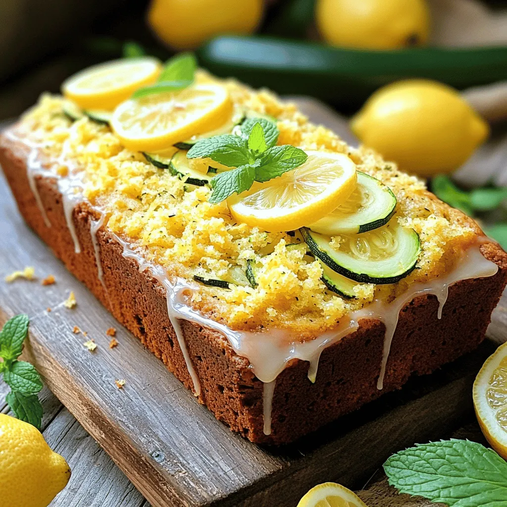 To make this Lemon Zucchini Bread, gather your ingredients. Each one plays a key role in creating a moist and flavorful loaf. - 1 cup grated zucchini (squeeze out extra moisture) - 1 cup granulated sugar - 1/2 cup vegetable oil - 2 large eggs, at room temperature - Zest of 1 lemon - 1/4 cup fresh lemon juice (about 1-2 lemons) - 1 1/2 cups all-purpose flour - 1 teaspoon baking powder - 1/2 teaspoon baking soda - 1/2 teaspoon salt - 1 teaspoon ground cinnamon - 1/2 teaspoon vanilla extract - 1/2 cup chopped walnuts (optional) Each ingredient adds its charm. The zucchini keeps it moist. The lemon gives it a bright twist. Sugar adds sweetness, while cinnamon brings warmth. Walnuts add crunch, but they are not a must. You can find the complete recipe in the Full Recipe section. Enjoy gathering these items for a fun baking adventure! 1. Preheat oven and prepare loaf pan: Start by preheating your oven to 350°F (175°C). Take a 9x5-inch loaf pan and grease it lightly with butter or oil. You can also dust it with flour or use parchment paper for easy removal later. 2. Mix wet ingredients: In a large bowl, whisk together the granulated sugar, vegetable oil, and eggs. Mix for about 1-2 minutes until it looks well combined and a bit frothy. 3. Add lemon zest and juice: Next, add the lemon zest and the fresh lemon juice to the wet mixture. Stir until everything is fully blended. 4. Combine dry ingredients: In another bowl, mix the grated zucchini with the all-purpose flour, baking powder, baking soda, salt, and ground cinnamon. Stir these dry ingredients together gently. 5. Fold wet and dry ingredients together: Gradually mix the dry ingredients into the wet mixture. Use a spatula or wooden spoon to fold them together. Be careful not to overmix; you want a tender crumb. 6. Fold in walnuts (optional): If you like, fold in the chopped walnuts at this point. This gives the bread extra crunch and flavor. 7. Pour batter into pan and smooth top: Pour the batter into your prepared loaf pan. Use a spatula to smooth the top, ensuring it bakes evenly. 8. Bake and check for doneness: Place the loaf pan in your preheated oven and bake for 50-60 minutes. Check for doneness by inserting a toothpick in the center. It should come out clean or with just a few moist crumbs. 9. Cool before slicing: After baking, take the bread out of the oven and let it cool in the pan for about 10 minutes. Then, transfer it to a wire rack to cool completely before slicing. For more details, visit the Full Recipe. Enjoy your fresh and flavorful Lemon Zucchini Bread! When making lemon zucchini bread, squeezing excess moisture from the zucchini is key. This step prevents your bread from becoming soggy. After grating the zucchini, place it in a clean paper towel and twist it to remove water. Check your oven temperature for accuracy. An oven thermometer can help you confirm it is at 350°F (175°C). If your oven runs hot or cold, it can affect baking time and texture. Look for signs that your bread is baked well. A toothpick inserted into the center should come out clean or with a few moist crumbs. The top should be golden brown and spring back when gently pressed. For a tasty twist, drizzle lemon glaze on top of your bread. To make this glaze, mix powdered sugar with a splash of lemon juice until smooth. This adds sweetness and a zesty kick. Garnish your bread with slices of lemon or fresh mint leaves. These bright colors make your bread look even more appealing. They also add a fresh scent that enhances the overall experience. To store leftover lemon zucchini bread, wrap it in plastic wrap or foil. This keeps it moist and fresh. Place it in an airtight container at room temperature. If you want to keep it longer, freezing is a great option. Slice the bread before freezing. Wrap each slice in plastic wrap and place them in a freezer bag. This makes it easy to enjoy a slice whenever you crave it. {{image_4}} To make gluten-free lemon zucchini bread, use a blend of gluten-free flours. A mix of rice flour and almond flour works well. You can also try oat flour for a softer texture. When using gluten-free flour, add a bit more liquid. This helps keep the bread moist. For a vegan version, replace the eggs with applesauce or flaxseed meal. Use 1/4 cup of applesauce for each egg. You can also mix 1 tablespoon of flaxseed with 2.5 tablespoons of water. Let it sit for a few minutes to thicken. For dairy-free options, use almond milk or coconut milk instead of regular milk. Want to make your bread special? You can add spices like nutmeg or ginger for warmth. Dried fruits, like cranberries or raisins, add sweetness. Nuts, like almonds or pecans, give nice crunch and flavor. Mix and match to find your favorite combination! You can get creative, and each bite will be a new delight. Zucchini is low in calories and rich in vitamins. It has vitamin C, which helps your immune system. This veggie also has fiber, which aids digestion. Plus, it keeps you full longer. Lemons are packed with vitamin C as well. They boost your skin health and help fight infections. The bright flavor adds zest to our bread. Walnuts provide healthy fats and protein. They also contain omega-3 fatty acids, which are good for your heart. Each slice of lemon zucchini bread has about 150 calories. This estimate can change based on your ingredients. The bread has roughly 22 grams of carbohydrates. It contains 6 grams of fat and 3 grams of protein. You can make a low-sugar version by cutting back on sugar. Try using a sugar substitute or applesauce for sweetness. For a low-fat option, replace some oil with unsweetened applesauce. If you have nut allergies, skip the walnuts. You can also swap them for seeds. Always check labels if you buy pre-packaged ingredients. This ensures they fit your dietary needs. To keep your lemon zucchini bread fresh, wrap it in plastic wrap. Place the wrapped bread in an airtight container. This keeps moisture in and air out, so it stays soft. You can also use aluminum foil for a quick wrap. If you plan to keep it longer, store it in the fridge. Bread lasts a few days at room temperature. In the fridge, it can last up to a week. Yes, you can make this lemon zucchini bread ahead of time. Bake it, let it cool, and wrap it tightly. You can store it at room temperature for a few days. For longer storage, freeze the bread. Just slice it before freezing, so you can take out only what you need. Thaw it in the fridge or let it sit at room temperature. If your bread is too dense, it might be from overmixing the batter. Mix the wet and dry ingredients just until combined. Another cause could be too much zucchini. Make sure to squeeze out excess moisture from the zucchini. Lastly, check your baking powder and baking soda for freshness. Old leavening agents might not rise well. Lemon zucchini bread can last about 3 to 5 days at room temperature. Keep it wrapped to prevent it from drying out. If you store it in the fridge, it can last up to a week. For the best taste, eat it within a few days. If you freeze it, it can last for up to 3 months. Just remember to wrap it well. Yes, you can use frozen zucchini. Just thaw it out and squeeze out the extra water. Frozen zucchini can be just as good as fresh. It’s a great way to use up your summer zucchini. Be sure to chop it finely before adding it to your batter. This helps it blend well and gives your bread a nice texture. You can find the Full Recipe in the article. In summary, we covered the essential ingredients and steps for making Lemon Zucchini Bread. You learned helpful baking tips, variations, and how to store your bread. This recipe is not just tasty but also offers health benefits. Experiment with flavors and adjustments for your dietary needs. Enjoy this delicious treat for breakfast or dessert, and don’t forget to share it with friends! Happy baking!