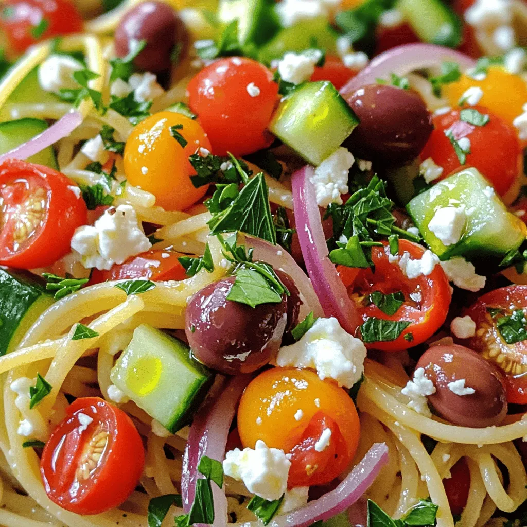 - Spaghetti noodles - Fresh vegetables: cherry tomatoes, cucumber, and red onion - Kalamata olives and feta cheese The main ingredients create a colorful and tasty dish. The spaghetti noodles form the base, providing a hearty texture. I prefer using whole grain spaghetti for added fiber. Fresh vegetables like cherry tomatoes, cucumber, and red onion add crunch and flavor. The sweet tomatoes balance the crisp cucumber and sharp onion. Kalamata olives give a briny kick. Feta cheese adds a creamy, salty finish. These ingredients together make each bite satisfying. - Olive oil and vinegar options - Seasoning: oregano, salt, and pepper The dressing is key to a great spaghetti salad. I like using high-quality olive oil for richness. Red wine vinegar brings a tangy note, but you can use apple cider vinegar for a sweeter taste. I mix in dried oregano, salt, and pepper to enhance the flavor. This simple dressing ties all the ingredients together, making every bite burst with taste. - Breakdown of calories per serving - Key nutrients from main ingredients This salad is not just tasty; it's good for you too. A serving has about 250 calories, making it a light meal. The spaghetti provides carbs for energy. Fresh vegetables are packed with vitamins and minerals. Olives add healthy fats. Feta cheese gives protein and calcium. Overall, this dish supports a balanced diet while being refreshing and delightful. For the full recipe, check out the Mediterranean Spaghetti Salad. To cook spaghetti al dente, follow the package instructions. Bring a pot of salted water to a boil. Add the spaghetti and stir occasionally. Cook until the pasta is firm but tender. This usually takes about 8 to 10 minutes. Once cooked, drain the spaghetti in a colander. Rinse it under cold water. This stops the cooking process and cools the pasta quickly. Make sure to let it cool completely before mixing it into your salad. In a large bowl, add the cooled spaghetti. Now, it's time to add some color and crunch. Toss in the halved cherry tomatoes, diced cucumber, and thinly sliced red onion. Mix these fresh veggies gently. Next, introduce the Kalamata olives. Add the crumbled or cubed feta cheese carefully. You want to fold it in gently, so it doesn't break apart too much. Grab a small bowl for the dressing. Whisk together the olive oil, red wine vinegar, and dried oregano. Use a fork or small whisk for a smooth blend. Add a pinch of sea salt and freshly ground black pepper to taste. If you want it tangier, just add a bit more vinegar. Taste as you go, and adjust the seasoning until it feels just right. Chilling is key for this salad. Cover your bowl and place it in the fridge for at least 30 minutes. This allows the flavors to mix and become more vibrant. When ready to serve, give the salad a gentle toss. Garnish with a sprinkle of fresh parsley. For a fun touch, serve it in colorful bowls or mason jars. This makes it easy for picnics or gatherings. Enjoy your tasty Mediterranean Spaghetti Salad! For the full recipe and more details, check out the [Full Recipe]. - Overcooking spaghetti: Cook your spaghetti al dente. If you overcook it, the pasta will become mushy. Follow the package instructions closely. Taste a piece to ensure it's firm yet tender. - Skipping the chilling process: Chilling the salad is key. It allows the flavors to blend well. Aim for at least 30 minutes in the fridge for the best taste. - Suggestions for adding herbs: Fresh herbs can boost the flavor. Try adding basil, mint, or dill. These herbs add freshness and a pop of color to your dish. - Tips for balancing acidity in the dressing: Adjust the vinegar to suit your taste. If the dressing is too tangy, add more olive oil. You can also add a pinch of sugar to balance the acidity. - Creative ways to serve: Serve the salad in a large bowl for sharing. For a fun twist, use mason jars to create individual servings. This makes it easy for picnics or gatherings. - Garnishing ideas with additional ingredients: Top your salad with extra feta cheese and olives before serving. You can also add a sprinkle of toasted pine nuts or sunflower seeds for crunch. {{image_4}} For a vegetarian option, you can replace feta cheese with a dairy-free alternative, like cashew cheese or tofu. This keeps the dish creamy without using dairy. If you want to make it vegan, simply skip any cheese and add more veggies or nuts. Adding chickpeas or black beans can also bring in extra protein. They add a nice texture and taste. If you need a gluten-free option, swap regular spaghetti for gluten-free pasta. There are many great types made from rice or quinoa. They taste good and hold up well in salads. When making a dressing, check the labels for gluten. Some vinegars may contain traces. Stick to pure olive oil and vinegar for safety. You can change the flavor by trying different dressings. A tangy balsamic vinaigrette or a creamy tahini dressing can give a new twist. Adding unique vegetables like bell peppers or artichokes can also change the taste. For a protein boost, try grilled chicken or shrimp. These additions can make your spaghetti salad even more exciting. To keep your spaghetti salad fresh, store it in the fridge. Use an airtight container. This helps to keep the flavors intact and prevents drying out. Glass or plastic containers work well for this. Always cool the salad completely before sealing it. How long does the salad last? When stored properly, it can last about 3 to 5 days. Always check for signs that the salad has gone bad. If you see mold or a sour smell, it’s time to toss it. When you want to enjoy leftovers, serve the salad cold. If you prefer it warm, gently reheat it on low heat. Avoid high heat, as it can make the pasta mushy. Always be cautious when reheating with ingredients like feta. They can change texture and flavor. Try the full recipe for Mediterranean Spaghetti Salad for a refreshing summer dish! Yes, you can make Spaghetti Salad ahead of time. It tastes even better after sitting. To prepare in advance, follow these tips: - Cook the spaghetti and let it cool completely. - Mix all ingredients except the dressing. - Store it in the fridge for up to 24 hours. - Add the dressing just before serving to keep it fresh. You have many choices for dressing your Spaghetti Salad. Here are some suggestions: - Use extra virgin olive oil for a rich flavor. - Red wine vinegar adds a nice tang. - Try apple cider vinegar for a sweeter taste. - You can also blend in fresh herbs for more flavor. To make your Spaghetti Salad more filling, consider these ideas: - Add proteins like grilled chicken or shrimp. - Toss in beans like chickpeas or black beans. - Include whole grains like quinoa for added texture. - Nuts or seeds can give a nice crunch and extra nutrients. Yes, you can make Spaghetti Salad gluten-free. Use gluten-free pasta made from rice or corn. This way, everyone can enjoy it. Be sure to check the labels for gluten in other ingredients like dressings. Spaghetti salad is simple to make and full of fresh flavors. You learned the key ingredients, from spaghetti noodles to bright vegetables and tangy feta. I shared tips to avoid common mistakes and enhance flavors. You can also explore variations that fit your diet, like vegan or gluten-free options. Lastly, remember to store it properly for lasting joy. Enjoy this versatile dish at your next meal or gathering. Trust me, it will impress everyone!