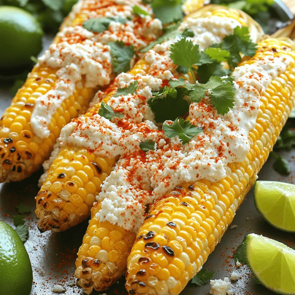 To make elote, you need some key items. Here’s what to gather: - 4 ears of fresh corn, thoroughly husked - 1/2 cup creamy mayonnaise - 1/2 cup cotija cheese, crumbled - 1 teaspoon chili powder - 1 teaspoon smoked paprika - 1 juicy lime, freshly juiced - Salt and pepper, to taste These ingredients create a rich and tasty sauce that makes the corn shine. You can add more flavors to your elote if you like. Consider these options: - Fresh cilantro, finely chopped (for garnish) - Additional crumbled cotija cheese - Extra chili powder for more spice - A dash of garlic powder for depth These extras can really take your elote to the next level. Having the right tools makes cooking easier. Here are some helpful gadgets: - Grill or grill pan - Mixing bowl - Brush for applying sauce - Wooden skewers (optional, for easy handling) With these tools, you’ll make cooking elote a breeze. For the full recipe, check out the details above. Start by husking your corn. Remove all the green leaves and silk. Fresh corn is key for this dish. You want it sweet and tender. Rinse the corn under cold water to clean it well. If you choose, soak wooden skewers in water for 30 minutes. This step helps prevent burning on the grill. In a bowl, mix the creamy mayonnaise with the crumbled cotija cheese. Add chili powder and smoked paprika for spice. Squeeze in the juice of one juicy lime. This gives the sauce a fresh zing. Season with salt and pepper to taste. Stir everything until it’s well combined. The sauce is creamy and packed with flavor. Preheat your grill to medium-high heat. Once hot, place the corn directly onto the grates. Grill for about 10-15 minutes. Turn the corn often for even cooking. Look for tender, slightly charred kernels. After grilling, let the corn cool a bit. If you used skewers, insert them now for easy handling. Brush the elote sauce generously over the corn. Don’t be shy—cover every side! For extra flavor, sprinkle more cotija cheese and chili powder on top. Finish with a sprinkle of fresh cilantro for a bright touch. Enjoy your elote! For the complete recipe, check out the Full Recipe. To get the best grilled corn, start with fresh corn. Look for bright green husks and firm kernels. Here’s how to grill it right: - Preheat your grill to medium-high heat. - Place the husked corn directly on the grill. - Turn the corn every few minutes. - Grill for about 10 to 15 minutes. - Watch for a nice char on the kernels. This method gives you sweet, smoky flavors. You want your corn tender and slightly charred for the best taste. You can make elote your own with simple changes. Here are some ideas: - Spice it up: Add more chili powder for heat. - Herbs: Try fresh basil or parsley instead of cilantro. - Cheese: Use feta or parmesan for a twist. - Squeeze: Add more lime juice for extra zing. These options help you create a unique flavor. Mix and match to find what you love. Serving elote can be fun! Here are some great ideas: - Serve it as a side dish at barbecues. - Pair it with tacos or grilled meats. - Use wooden skewers for easy eating. - Garnish with extra cheese and cilantro for a pop. These tips make elote a hit at any meal. You will impress your friends with this tasty dish. For the full recipe, check out the Elote Fiesta Corn details. {{image_4}} Do you love heat? Try the spicy elote! Just add extra chili powder to the sauce. You can also mix in diced jalapeños for a fresh kick. This will bring a new layer of flavor. It’s perfect for those who crave a bit of spice. Want a vegan option? Replace mayonnaise with plant-based yogurt or cashew cream. Use nutritional yeast instead of cotija cheese for a cheesy taste. You can still enjoy all the rich flavors of elote without dairy. This makes it a great choice for vegans and lactose-intolerant folks. Get creative with your toppings! Try adding crumbled bacon for a smoky crunch. For a twist, use fresh avocado slices. You can also sprinkle some pomegranate seeds for a burst of color and sweetness. Mixing and matching toppings can make your elote special. Each bite can offer something new and exciting! You might have some elote left after a tasty meal. To keep it fresh, wrap each ear in plastic wrap or place it in an airtight container. Store it in the fridge. Leftover elote can last for up to three days. When you want to enjoy your leftover elote, there are easy ways to reheat it. You can use a grill or a stovetop. If using a grill, heat it to medium and grill for about 5 minutes. If using a stovetop, wrap it in foil and heat it in a pan over low heat until warm. This keeps the corn juicy. If you want to save elote for longer, freezing is a good option. First, let the corn cool completely. Then, wrap each ear tightly in plastic wrap. Place them in a freezer bag or container. It can last for up to three months in the freezer. When ready to eat, thaw it overnight in the fridge and reheat as mentioned above. Enjoy your elote again! Elote is a popular Mexican street food. It consists of grilled corn on the cob. The corn is typically slathered with a mix of mayonnaise, cheese, and spices. This tasty treat offers a burst of flavor in every bite. You can customize it with different toppings. Many love it for its creamy texture and smoky notes. Yes, you can use frozen corn. Just thaw it before cooking. The flavor will differ slightly from fresh corn. However, it will still taste great. You can boil or sauté the corn instead of grilling. This keeps it simple while still delicious. You can easily make elote without a grill. Try boiling the corn first. After boiling, brush it with the elote sauce. You can also use a broiler. Place the corn on a baking sheet and broil for a few minutes. Keep an eye on it to prevent burning. Elote pairs well with many dishes. It complements grilled meats, tacos, or salads. You can also serve it as a snack at parties. Its bright flavors can uplift any meal. Add some fresh fruit or chips for a complete spread. For the full recipe, check out the Elote Fiesta Corn section. This blog post covered how to make elote, the tasty corn dish. We reviewed key ingredients, tools needed, and easy steps to prepare it. You learned great tips for grilling and customizing your elote. Plus, we explored fun variations and how to store leftovers. Now, you can enjoy elote at home. Try your favorite twist on this classic dish. It’s simple and fun to make! Enjoy your grilled corn adventure!