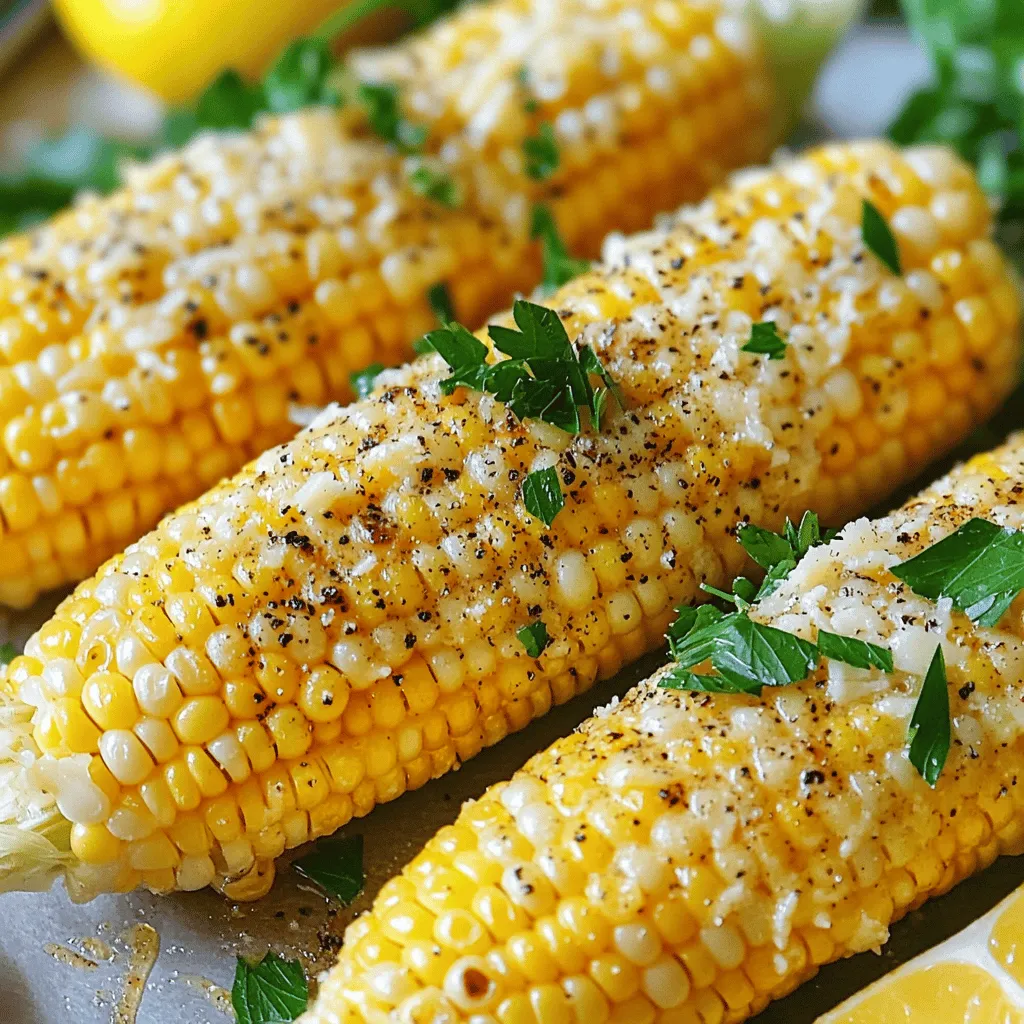 - Fresh corn (4 ears, husked and cleaned) - Unsalted butter (1/2 cup, softened) - Garlic (4 cloves, finely minced) - Sea salt (1 teaspoon) - Black pepper (1/2 teaspoon, freshly ground) - Fresh parsley (1 tablespoon, finely chopped) - Grated parmesan cheese (1 tablespoon, optional) - Lemon wedges (for serving) Garlic Butter Grilled Corn on the Cob is a simple dish. The fresh corn is the star here. Choose ears that are bright and firm. This makes the corn sweet and juicy. The unsalted butter gives a rich flavor. I use fresh garlic for that strong taste. The sea salt and black pepper add depth. Fresh parsley brightens the dish and adds color. If you want more flavor, sprinkle grated parmesan on top. It melts slightly and gives a savory twist. Don’t forget the lemon wedges! They add a zesty kick when squeezed over the hot corn. For the full recipe, check out the complete details above. First, set your grill to a medium-high heat. Aim for a range of 375°F to 450°F. This hot temperature helps the corn to cook evenly and develop a nice char. Grab a small mixing bowl. Add 1/2 cup of softened unsalted butter. Then, add 4 finely minced garlic cloves, 1 teaspoon of sea salt, and 1/2 teaspoon of freshly ground black pepper. Mix these well with a fork. You want a smooth and fragrant garlic butter. Next, carefully husk the corn. Remove all the silk strands to ensure clean corn. If the ears are too big for your grill, you can cut them in half. If they fit, keep them whole for juiciness. Take each ear of corn and coat it generously with the garlic butter. Wrap each ear tightly in aluminum foil. Make sure to seal the edges well to trap steam. Put the wrapped corn on the grill. Grill for about 15 to 20 minutes. Turn the corn every 5 minutes for even cooking. If you want a charred flavor, unwrap the corn during the last 5 minutes. This lets the corn brown nicely. When the corn is tender, remove it from the grill. Be careful when unwrapping the foil since hot steam will escape. For extra flavor, sprinkle grated parmesan cheese on top and add fresh parsley. Serve with lemon wedges for a zesty kick. Enjoy this tasty Garlic Butter Grilled Corn on the Cob! You can find the full recipe [here](#). For the best taste, coat the corn evenly with the garlic butter. This step is key. If you miss spots, some bites may taste plain. Use a brush for a smooth application. Let the butter soak in for a few minutes. This helps the flavors meld together. Make sure your grill is hot enough. If it's too cool, the corn won’t cook well. Aim for a steady heat between 375°F and 450°F. This range gives you a nice char and soft kernels. When wrapping the corn in foil, seal it tightly. This keeps the moisture in. Be careful when unwrapping it. The steam can burn you. Open it away from your body to stay safe. Garlic butter grilled corn is great with dips or toppings. Try adding crumbled feta or a sprinkle of chili powder. This gives a nice kick to each bite. Serve it with fresh salads or grilled meats for a complete meal. Pair it with a cold drink to balance the flavors. If you want a twist, check out the Full Recipe for more ideas. {{image_4}} To make your garlic butter grilled corn even better, try adding spices. Chili powder gives a nice kick. Paprika adds a smoky flavor that pairs well with the butter. You can also use herb-infused butter. Mix in fresh herbs like basil or thyme for extra taste. If you want to switch things up, try alternative grilling methods. Using a grill basket can make cooking easier. It keeps the corn from falling through the grates. If you can't grill outside, you can bake the corn in the oven. Wrap it in foil and bake at 375°F for about 25-30 minutes. For those who are vegan, you can swap out regular butter for plant-based options. Coconut oil or vegan butter works great. If you need a gluten-free option, this recipe is already safe. Just be sure to check any added ingredients for gluten. For the full recipe, check the earlier section of this article. To store leftover garlic butter grilled corn, let it cool first. Wrap each ear in plastic wrap or foil. Place them in an airtight container. This helps keep them fresh for about three to five days in the fridge. Make sure to label the container with the date. When reheating, you want to keep the corn juicy and tasty. The best way is to use your grill or stovetop. Preheat the grill to medium heat. Grill the corn for about five minutes, turning it often. If you use the stovetop, wrap the corn in foil with a bit of water. Heat it on medium until warm. You can also use a microwave, but this may change the texture. Heat on high for 1-2 minutes, checking often. Freezing grilled corn is easy and great for future meals. First, let the corn cool completely. Next, wrap each ear in plastic wrap. Then, place the wrapped corn in a freezer bag. Make sure to squeeze out as much air as possible. Label the bag and freeze for up to six months. When you are ready to eat it, thaw in the fridge overnight. Then, reheat as mentioned above for the best flavor. This way, you can enjoy that delicious garlic butter taste anytime! For more details, check the Full Recipe. You can tell corn is done when it feels tender. Use a fork to pierce a kernel. If the juice runs clear, it's ready. Another sign is the bright yellow color. The corn should look glossy and fresh after grilling. Cooking time is about 15-20 minutes on the grill. Turn it every five minutes for even cooking. Yes, you can prepare it ahead of time. Husk the corn and make the garlic butter. Coat the corn, then wrap it in foil. Store it in the fridge for up to 24 hours. When ready to cook, just place it on the grill. You can also cook it in advance. Reheat it on the grill or in the oven before serving. This corn pairs well with many sides. You can serve it with grilled meats, like chicken or steak. It also goes great with salads, like coleslaw or a fresh green salad. For a fun twist, serve it with dips like sour cream or guacamole. You can even add it to a taco bar for extra flavor. To serve more people, simply scale up the recipe. You can use more ears of corn, butter, and garlic. Just keep the same ratios. If you have a large grill, you can cook several at once. Wrap each ear in foil and place them on the grill. This method keeps them warm while you cook more. This blog post helps you master garlic butter grilled corn on the cob. We covered the key ingredients, like fresh corn and garlic. You learned how to grill it perfectly while avoiding common mistakes. Plus, we shared tricks for great flavor and storage tips. You now have ideas for serving and variations that suit your taste. Enjoy grilling delicious corn that will impress friends and family. Remember, the right preparation makes all the difference! Happy grilling!
