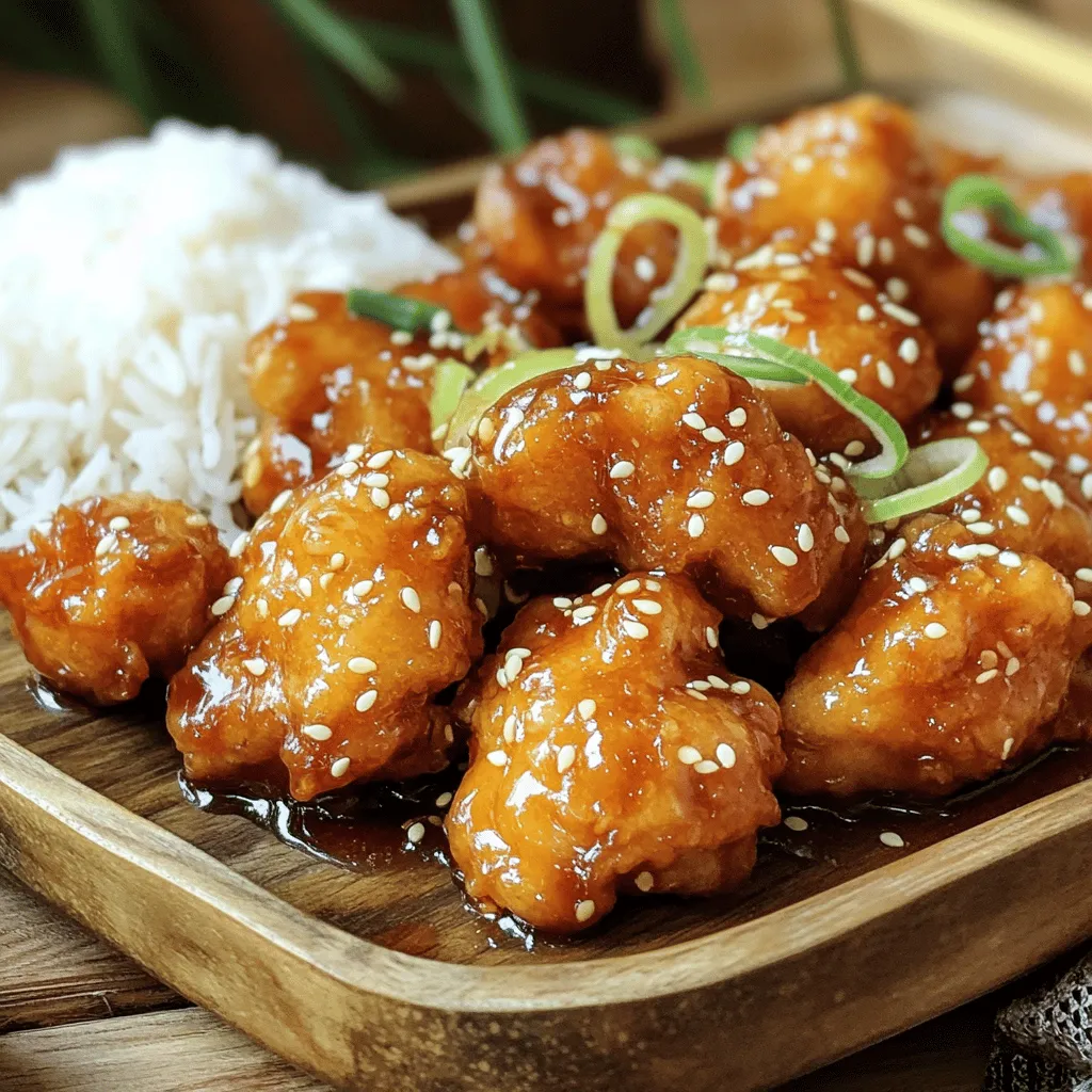 For the crispy chicken, you will need: - 1 pound boneless, skinless chicken thighs, cut into bite-sized pieces - 1 cup all-purpose flour - 1/2 cup cornstarch - 1 teaspoon baking powder - 1 teaspoon garlic powder - 1 teaspoon salt - 1/2 teaspoon black pepper - 1/4 cup cold water - Oil for frying (about 2 cups, or as needed) Each ingredient plays a key role. The chicken thighs keep the meat juicy. The flour and cornstarch create a light, crispy coating. Baking powder gives it extra lift. Garlic powder adds flavor, while salt and pepper season the dish well. The honey garlic sauce needs: - 1/2 cup honey - 4 cloves garlic, minced - 1 tablespoon soy sauce - 1 tablespoon apple cider vinegar - 1 teaspoon fresh ginger, grated - 1/2 teaspoon sesame oil - A pinch of red pepper flakes (optional for a hint of spice) This sauce is sweet and savory. Honey brings sweetness, while garlic adds depth. Soy sauce gives umami, and vinegar balances the flavors. Ginger adds warmth, and sesame oil gives a nutty finish. Red pepper flakes can add a touch of heat if you like spice. To make your dish look nice, consider these garnishes: - Thinly sliced green onions - Sesame seeds Green onions add color and crunch. Sesame seeds bring a nice touch and a bit of nuttiness. These simple garnishes make your meal more appealing. For the full recipe, check out the complete instructions. To make the batter, start with a medium bowl. Add the following dry ingredients: - 1 cup all-purpose flour - 1/2 cup cornstarch - 1 teaspoon baking powder - 1 teaspoon garlic powder - 1 teaspoon salt - 1/2 teaspoon black pepper Mix them well. Gradually pour in 1/4 cup of cold water. Whisk until smooth. The batter should be thick, like pancake batter. This thickness helps create a crispy coating. Now, heat oil in a deep skillet. Pour enough oil to cover the bottom by about an inch. Heat it to 350°F (175°C). To check, drop a bit of batter into the oil. If it bubbles and floats, it's ready. Dip each piece of chicken in the batter. Let excess batter drip off. Carefully place them in the hot oil. Avoid overcrowding. This keeps them crispy. Fry the chicken for 4-5 minutes. Watch for a golden brown color. Use a slotted spoon to remove them. Place them on paper towels. This drains any extra oil. In a small saucepan, combine these ingredients: - 1/2 cup honey - 4 cloves garlic, minced - 1 tablespoon soy sauce - 1 tablespoon apple cider vinegar - 1 teaspoon fresh ginger, grated - 1/2 teaspoon sesame oil - A pinch of red pepper flakes (optional) Heat over medium heat. Stir it often. Let it simmer for 2-3 minutes. This helps thicken the sauce slightly. Add the crispy chicken to the honey garlic sauce. Toss gently to coat. Let it cook together for one more minute. This melds the flavors nicely. For serving, arrange the chicken on a platter. Sprinkle sesame seeds on top. Garnish with sliced green onions. Serve with steamed rice or stir-fried veggies for a complete meal. Enjoy! For the full recipe, check above. To get the best crunch, you must focus on the batter. Use equal parts all-purpose flour and cornstarch. Cornstarch adds that extra crispiness we love. Don't rush; let the chicken sit in the batter for a minute. This helps it stick better. When frying, keep the oil hot. If it's too cool, the chicken will become soggy. Choosing the right oil is key. I recommend using vegetable oil or canola oil. These oils have high smoke points, making them perfect for frying. They won’t burn easily and help achieve that golden brown color. Avoid olive oil, as it can smoke and change the flavor of your dish. Want to elevate your dish? Add a splash of orange juice to the honey garlic sauce. It gives a fresh, zesty kick. You can also throw in chopped scallions or sesame seeds for texture. If you like heat, try adding more red pepper flakes. These changes can make each bite more exciting. For more details, check the Full Recipe. {{image_4}} You can easily change the spice level in this recipe. To add heat, include red pepper flakes in the honey garlic sauce. Start with a pinch. If you want more heat, add more. You can also use fresh chili peppers. Slice them thin and toss them with the chicken before adding the sauce. For a milder taste, leave out the red pepper flakes. You can add extra honey for sweetness to balance the spice. If you prefer not to use chicken, you can try other proteins. Shrimp works great with the same batter and sauce. Just adjust the cooking time. Cook shrimp for about 2-3 minutes until pink and firm. You can also use tofu for a vegetarian option. Press the tofu to remove excess water, then cut it into cubes. Coat and fry it in the same way as the chicken. Both options taste amazing with the honey garlic sauce. To make this dish vegetarian or vegan, replace chicken with tofu or seitan. Both are good protein sources. Use the same batter, but substitute cold water with plant-based milk for creaminess. For the honey in the sauce, use maple syrup or agave nectar instead. This swap keeps the sweetness while making it vegan-friendly. Serve over rice and add colorful veggies for a full meal. This dish can please everyone, even those who don’t eat meat! For the complete recipe, check out the Full Recipe section. To keep your crispy chicken fresh, place it in an airtight container. Make sure the chicken cools completely before sealing. This helps keep it crispy. Store it in the fridge for up to three days. If you want to enjoy it longer, consider freezing. When you are ready to eat, take the chicken out of the fridge. Preheat your oven to 375°F (190°C). Place the chicken on a baking sheet. Bake for about 10-15 minutes, or until heated through. This method helps regain some of the crispiness lost in the fridge. You can also use an air fryer for 5-7 minutes for a quick reheat. Yes, you can freeze the chicken! Place it in a freezer-safe bag or container. Make sure to remove as much air as possible. You can freeze it for up to two months. For best results, freeze the chicken without the sauce. This way, you can keep the chicken crispy when you reheat it. Yes, you can use chicken breast. Chicken breast is leaner than thighs. This means it cooks faster. You might need to adjust cooking time. Make sure to cut the breast into small pieces. This helps it cook evenly. To make this dish gluten-free, swap regular flour with gluten-free flour. You can also use cornstarch instead of flour. Ensure your soy sauce is gluten-free. Many brands offer gluten-free options. Check labels to be sure. Several side dishes go well with this chicken. Here are some great options: - Steamed jasmine rice - Fried rice with vegetables - Stir-fried broccoli or bok choy - Cucumber salad for freshness - Egg rolls for extra crunch These sides balance the sweet and savory flavors. To ensure your chicken is cooked through, use a meat thermometer. The internal temperature should reach 165°F (75°C). Cook the chicken in small batches. This helps heat circulate well. When frying, watch for a golden-brown color. This indicates the chicken is likely done. Always cut a piece to check if it is no longer pink inside. For the full recipe, check the main article. In this post, you learned how to make crispy chicken with a tasty honey garlic sauce. We covered key ingredients, step-by-step cooking, and ways to add flavor. Remember to choose the right oil for frying and consider variations to fit your taste. Store any leftovers correctly, and reheating is simple. With these tips, you can enjoy a delicious meal that impresses. Try making this dish today, and see how great it tastes!