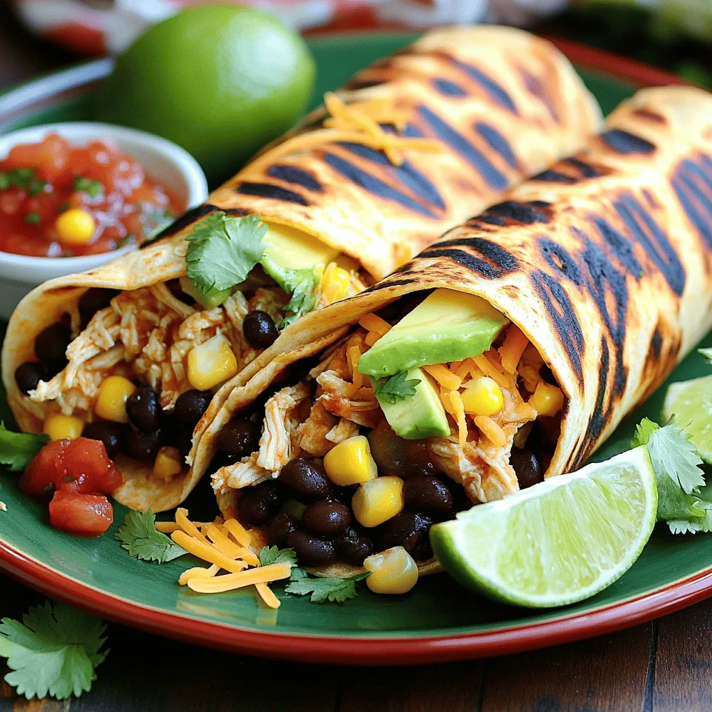 For a tasty Southwest Chicken Wrap, gather these key ingredients: - 2 cups cooked chicken, shredded - 1 cup black beans, drained and rinsed - 1 cup corn (fresh, frozen, or canned) - 1 red bell pepper, diced into small pieces - 1 ripe avocado, sliced - ½ cup shredded cheddar cheese - ½ cup creamy Greek yogurt - 2 tablespoons fresh lime juice - 1 teaspoon chili powder - 1 teaspoon ground cumin - 4 large whole wheat tortillas - Salt and freshly ground black pepper to taste - Fresh cilantro leaves for garnish (optional) Using fresh and high-quality ingredients makes a big difference. Fresh chicken adds flavor. Ripe avocados bring creaminess. Quality cheese enhances taste and texture. You can also add optional toppings. Consider sliced jalapeños for heat or a sprinkle of fresh lime juice. Guacamole or salsa can boost flavor too. A dollop of Greek yogurt adds creaminess and tang. This blend of ingredients creates a wrap that bursts with flavor. For the full recipe, check the details provided earlier. Enjoy crafting your delicious Southwest Chicken Wrap! 1. Start by mixing the main ingredients. In a large bowl, add the shredded chicken, black beans, corn, and diced red bell pepper. Mix gently to combine. 2. Next, make the zesty dressing. In a smaller bowl, whisk together the Greek yogurt, lime juice, chili powder, cumin, and a pinch of salt and pepper. This dressing adds a great kick! 3. Pour the dressing over the chicken mixture. Toss gently to coat all ingredients evenly. This ensures every bite is packed with flavor. 4. Now, lay each tortilla flat. This is where you will fill them. 5. Divide the chicken mixture among the tortillas. Be careful not to overfill. This makes wrapping easier. 6. Layer a few avocado slices and shredded cheddar cheese on top. These add creaminess and flavor! 7. Fold the sides of the tortilla over the filling. Then, roll from the bottom up. Tuck the filling in as you roll for a snug wrap. 1. Heat a skillet over medium heat. Grill each wrap for about 2-3 minutes on each side. This gives them a nice golden-brown finish. 2. For the perfect texture, press down gently while grilling. This helps the wrap crisp up nicely. 1. To serve, arrange the wraps on a bright plate. This makes them look appealing. 2. Pair the wraps with a small bowl of salsa or guacamole for dipping. 3. Garnish the platter with lime wedges and fresh cilantro. This adds extra color and flavor! For more details, check out the Full Recipe. To keep your wraps from getting soggy, use dry ingredients. Drain beans and corn well. You can also pat the chicken dry with a paper towel. A nice, firm tortilla helps too. Heat your tortillas in a pan to soften them. This makes them easier to wrap and less likely to tear. For flavoring the chicken, season it well. Use salt, pepper, and spices like chili powder and cumin. Toss the chicken in these spices before mixing in the other ingredients. This gives every bite a burst of flavor. You can swap chicken for other proteins. Try tofu, shrimp, or beef for a twist. For beans, use pinto or kidney beans if you prefer. Fresh veggies like spinach, zucchini, or mushrooms work well too. You can also add fruits like mango or pineapple for sweetness. For dietary needs, you can use gluten-free tortillas. Lettuce wraps are great for low-carb diets. Make sure your beans are low-sodium if you're watching your salt. This way, you can enjoy a tasty wrap that fits your lifestyle. To elevate your wrap, add spices like smoked paprika or garlic powder. A sprinkle of cayenne can give it a nice kick. You can also mix fresh herbs like cilantro or parsley for a fresh taste. If you want heat, use jalapeños or chipotle peppers. Hot sauce is another great option. A dash of lime juice can also brighten up the flavors. Experiment to find your perfect balance of spice! For the full recipe, check out the detailed instructions above. {{image_4}} For a meatless wrap, swap the chicken for grilled tofu or tempeh. You can also use chickpeas for protein. This adds a nice texture and keeps it filling. Use the same seasonings for flavor. Add extra veggies like spinach or zucchini for more nutrition. Nutritionally, this veggie option remains high in protein and fiber. It also offers healthy fats from avocado. This makes it a balanced meal. Plus, it’s perfect for anyone looking for plant-based dishes. Instead of tortillas, try lettuce wraps. Use large leaves of romaine or butter lettuce. They hold fillings well and add a nice crunch. You can also use cabbage leaves as a sturdy option. To keep flavor, use the same chicken mixture. Just add more spices if you like it spicy. This way, you enjoy all the taste without the carbs. Making wraps ahead of time saves you time during busy days. Prepare the filling and store it in the fridge. You can assemble the wraps when you’re ready to eat. For storage, wrap each completed wrap in parchment paper. This keeps them fresh. When you want to eat, just reheat in a skillet for a few minutes. This way, you get that delicious crunch back. For the full recipe, check out my detailed guide! To keep your Southwest Chicken Wraps fresh, store them in the fridge. Wrap each one tightly in plastic wrap. This helps to seal in moisture and flavor. You can also place them in a sealed container. Make sure the container is airtight. This will help prevent them from drying out. Always refrigerate leftovers within two hours of cooking. If you want to freeze your wraps, first let them cool completely. Then, wrap each one in plastic wrap, followed by aluminum foil. This double layer protects them from freezer burn. To reheat, remove the foil and plastic wrap. Place the wrap in the microwave on a microwave-safe plate. Heat it for about 1-2 minutes or until warm. Southwest Chicken Wraps stay fresh in the fridge for up to three days. If frozen, they can last for up to three months. Look for signs of spoilage. If the wrap smells off or has a strange texture, it’s best to toss it. Always trust your senses when it comes to food safety. A Southwest Chicken Wrap is a tasty meal that combines bold flavors. It comes from the Southwest region of the United States. This wrap usually has shredded chicken, black beans, corn, and fresh veggies. You can also add creamy dressing for extra flavor. The wrap is made with tortillas that hold all the yummy ingredients together. Yes, you can use rotisserie chicken! It saves time and effort. Pre-cooked chicken is moist and packed with flavor. You can shred it quickly and mix it into your wrap. This way, you can enjoy your meal in less time. To add kick, try these ideas: - Add sliced jalapeños or diced serrano peppers. - Use hot sauce in the dressing. - Mix in cayenne pepper or red pepper flakes. These options will make your wrap have a fun spicy twist! Yes, you can prepare them ahead! Here are some tips: - Assemble the wraps but do not grill them. - Wrap them tightly in plastic wrap or foil. - Store them in the fridge for up to 2 days. When you're ready, just grill them to heat through. Definitely! You can use gluten-free tortillas made from rice or corn. These wraps taste great and hold your filling well. Always check the labels to ensure they are gluten-free. This way, everyone can enjoy a delicious Southwest Chicken Wrap! For the complete cooking process, check the Full Recipe. You now have all the tools to create a delicious Southwest Chicken Wrap. Remember to use fresh, quality ingredients to enhance flavor. Follow the step-by-step instructions for perfect wraps every time. Don’t forget the tips for customizing and storing. Experiment with variations to keep it exciting. Enjoy making this dish your own while exploring all the tasty options. Trust me, your taste buds will thank you for it!