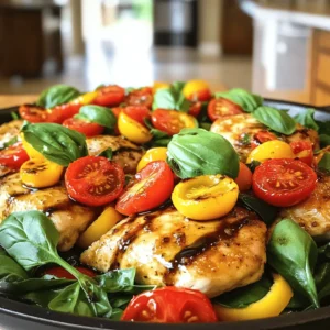 - 4 boneless, skinless chicken breasts - 1 cup cherry tomatoes, halved - 1 red bell pepper, sliced into thin strips - 1 large yellow onion, sliced into half-moons - 2 cups fresh baby spinach - 1/2 cup balsamic vinegar - 1 tablespoon honey - 3 cloves garlic, minced - 2 tablespoons olive oil, plus extra for searing - Salt and freshly ground black pepper to taste - Fresh basil leaves for garnish Gathering the right ingredients is key to a great One Pan Balsamic Chicken dish. You need fresh chicken and vibrant veggies to make this meal pop. The chicken breasts are the star, juicy and tender. Cherry tomatoes add a sweet burst, while red bell peppers and onions give it color and crunch. Fresh baby spinach wilts perfectly, adding nutrients and flavor. For the marinade, balsamic vinegar brings a tangy depth. Honey adds a touch of sweetness to balance it out. Garlic packs a punch and infuses the chicken with savory goodness. Olive oil keeps everything moist. Don’t forget salt and pepper! They enhance every bite. Finally, fresh basil leaves brighten the dish with a hint of herbal charm. This mix creates a tasty and easy meal that you can whip up with little effort. For the full recipe, check out the complete guide. - Preheat the oven to 400°F (200°C). This warms your oven for even cooking. - Make the marinade by mixing balsamic vinegar, honey, minced garlic, olive oil, salt, and pepper. This blend adds a rich flavor to the chicken. - Marinate the chicken breasts for the best taste. Pour half of the marinade over the chicken. Let it sit for at least 15 minutes. For more flavor, marinate it for up to 2 hours in the fridge. - Sear the chicken in an oven-safe skillet until golden brown. Heat a splash of olive oil over medium heat. Add the marinated chicken and cook for about 5 minutes on each side. - Add vegetables to the skillet and sauté. Toss in sliced red bell pepper and onion. Cook for 3-4 minutes until they soften. - Drizzle remaining marinade, add tomatoes, and bake in the oven. Pour the leftover marinade over the chicken and veggies. Scatter halved cherry tomatoes on top. Transfer the skillet to the preheated oven and bake for 20-25 minutes until the chicken is cooked through. For the full recipe, check the details above. For the best flavor, marinate the chicken for at least 15 minutes. If you have time, aim for 2 hours in the fridge. This allows the chicken to soak up all the tasty marinade. You can change the marinade to fit your taste. Try adding lemon juice for brightness or mustard for zest. Mix it up and find your favorite! Searing the chicken is key. This step gives the chicken a nice crust and keeps it juicy. Use an oven-safe skillet, like cast iron or stainless steel. These skillets can go from the stove to the oven without harm. This makes cooking easier and saves on dishes! Presentation matters! Serve the chicken right in the skillet for a rustic look. Drizzle the pan juices on top for added flavor. Fresh basil leaves make a bright garnish. Pair the dish with grains like quinoa or rice. A warm crusty bread is perfect for soaking up the sauce. Enjoy every bite! {{image_4}} You can switch chicken for turkey or pork. Both options work well. Turkey gives a leaner taste, while pork adds a nice richness. If you want a plant-based choice, try using tofu or tempeh. These proteins soak up the balsamic flavor nicely. Add more veggies for extra flavor. Zucchini and mushrooms are great! They cook well and add texture. You can also spice it up. Rosemary and thyme add warmth. Red pepper flakes give a nice kick. Mix and match to find your favorite blend. If you need gluten-free, use tamari instead of soy sauce. This keeps the dish tasty without gluten. For low-carb options, serve it with cauliflower rice instead of grains. This keeps the meal light and healthy. Explore these options to suit your diet. For the full recipe, check here. To store leftovers, let the chicken cool down first. Place it in an airtight container. This keeps it fresh for up to 3 days. I recommend using glass containers; they are safe and will not stain. The best way to reheat One Pan Balsamic Chicken is in the oven. Preheat the oven to 350°F (175°C). Place the chicken in an oven-safe dish. Cover it with foil to keep moisture in. Heat for about 15-20 minutes. Check that it reaches 165°F (75°C) before serving. This method helps keep the chicken tender and juicy. Yes, you can freeze One Pan Balsamic Chicken. Make sure it cools completely before freezing. Store it in a freezer-safe container or a heavy-duty freezer bag. It can last for about 2-3 months. To thaw, place it in the fridge overnight. Once thawed, reheat it using the oven method for best results. How long does it take to make One Pan Balsamic Chicken? Making this dish takes about 45 minutes. You spend 20 minutes prepping and 25 minutes baking. It’s quick and easy, perfect for a weeknight meal. Can I make the marinade ahead of time? Yes, you can prepare the marinade a day in advance. Store it in the fridge in a sealed container. This way, the flavors can blend and deepen before you use it. What can I use instead of balsamic vinegar? You can use red wine vinegar or apple cider vinegar. Both options add tangy flavor. You might want to add a bit of sugar for sweetness. How can I adjust the recipe for smaller servings? You can cut the chicken and veggies in half. This will give you two servings. Adjust the marinade by using half the ingredients. How do I know when the chicken is fully cooked? Check the chicken's internal temperature with a meat thermometer. It should reach 165°F (75°C). The meat should be white and juices should run clear. Can I use a non-oven-safe skillet for this recipe? It’s best to use an oven-safe skillet. If you don’t have one, you can sear the chicken in a regular skillet and transfer it to a baking dish for the oven. This blog post covered a tasty One Pan Balsamic Chicken recipe. We explored ingredients, marinade tips, and cooking steps. I shared how to adjust the recipe for different diets and preferences. In conclusion, cooking should be fun and simple. Use this guide to create a flavorful meal. Enjoy experimenting with variations and make it your own. Happy cooking!