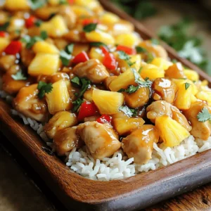 To create this sweet and savory dish, gather these ingredients: - 2 cups cooked jasmine rice - 1 lb chicken breast, cut into bite-sized pieces - 1 cup fresh pineapple, diced - 1 red bell pepper, diced - 1 medium onion, diced - 3 cloves garlic, minced - 1 tablespoon fresh ginger, grated - 1/4 cup low-sodium soy sauce - 2 tablespoons honey - 1 tablespoon rice vinegar - 1 tablespoon cornstarch mixed with 2 tablespoons cold water - 2 tablespoons sesame oil - 1/4 teaspoon freshly ground black pepper - Fresh cilantro, chopped (for garnish, optional) You can make this dish your own with some easy swaps: - Use brown rice instead of jasmine rice for a nuttier flavor. - Swap chicken breast for tofu or shrimp to cater to your taste. - If you don’t have fresh pineapple, use canned pineapple in juice. Just drain it well. - Honey can be replaced with maple syrup for a vegan option. - Use regular soy sauce if low-sodium is not on hand. To make your meal shine, try these serving ideas: - Serve the dish on a big platter for a beautiful table display. - Add a sprinkle of fresh cilantro on top for color and flavor. - Pair it with a side of steamed broccoli or snap peas for crunch. - For extra zest, offer lime wedges on the side for squeezing over. This recipe is not just tasty but also a fun way to mix flavors. For the full recipe, check the earlier section. Enjoy your cooking! To make Sweet and Savory Pineapple Chicken and Rice, you need to gather all your ingredients first. This makes cooking easier and faster. You will need jasmine rice, chicken breast, pineapple, a bell pepper, an onion, garlic, ginger, soy sauce, honey, rice vinegar, cornstarch, sesame oil, and black pepper. Chop the onion, bell pepper, and pineapple into bite-sized pieces. Mince the garlic and grate the ginger. Start by heating the sesame oil in a large skillet over medium-high heat. When the oil shimmers, add the diced onion, minced garlic, and grated ginger. Stir these for about 2-3 minutes. This makes your kitchen smell great and softens the onion. Next, add the chicken pieces. Sprinkle with black pepper. Cook the chicken for about 6-8 minutes, stirring often. You want it to brown and cook through. Now, toss in the red bell pepper and fresh pineapple. Keep stir-frying for 3-4 minutes. The bell pepper should soften a bit. In a small bowl, mix the soy sauce, honey, and rice vinegar. Pour this mixture over the chicken and pineapple. This step adds a lovely sweet and salty flavor. Let it simmer gently. Add the cornstarch mixed with cold water. Stir continuously for about 2 minutes. The sauce will thicken and cling to the chicken and veggies. Finally, fold in the cooked jasmine rice. Toss everything together until the rice is well mixed and coated in the sauce. Taste the dish and adjust the seasoning if needed. Once it’s just right, remove the skillet from heat. For serving, transfer your pineapple chicken and rice to a large platter. Garnish with fresh cilantro and extra pineapple chunks for color. You can follow the Full Recipe for more details and tips. Enjoy your delicious meal! To get juicy chicken, use high heat. Start by heating sesame oil until it shimmers. This step adds flavor and helps brown the chicken well. Cut chicken into small pieces for even cooking. Stir occasionally and watch closely. You want it fully cooked, not dry. Use a meat thermometer to check. The internal temp should reach 165°F. Layer flavors for a delightful taste. Fresh ginger and garlic add warmth. Sauté them with onion to build a base. Use low-sodium soy sauce for a savory touch. Honey balances the saltiness with sweetness. Rice vinegar gives a slight tang. Add black pepper for a hint of spice. Feel free to adjust these flavors to suit your taste. Make your dish visually appealing. Start by using a large serving platter. Transfer the pineapple chicken and rice mixture onto it. Garnish with fresh cilantro for a pop of color. Add extra pineapple chunks for that tropical vibe. Serve with lime wedges to brighten the dish. This simple touch makes your meal look gourmet. For more details, check the Full Recipe. {{image_4}} You can switch up the flavors in Sweet and Savory Pineapple Chicken and Rice easily. Try using different proteins like shrimp or tofu. They both add unique tastes. You can also change the vegetables. Swap in some snap peas or broccoli for a crunchy bite. If you want a zestier flavor, add lime juice or zest. This brightens the dish and enhances the pineapple taste. Making this dish gluten-free is simple. Just use tamari instead of soy sauce. It tastes great and keeps the savory flavor. To make it vegetarian, replace chicken with chickpeas or mushrooms. These options provide protein and texture. You can also use vegetable broth instead of water for cooking your rice. This adds more depth to the dish. You can add a regional flair to the dish. For a Thai twist, include coconut milk and basil. This will give your dish a creamy texture and a fragrant aroma. For a Caribbean vibe, use jerk seasoning and red beans. This adds a spicy kick and a hearty feel. You can explore different spices and herbs to match your favorite cuisine. Experimenting with flavors will make this dish your own. For the full recipe, visit the [Full Recipe] page and dive into the deliciousness! To keep your Sweet and Savory Pineapple Chicken and Rice fresh, store it in an airtight container. This helps prevent spoilage and keeps the flavors intact. Make sure to cool the dish to room temperature before refrigerating. It can stay good in the fridge for up to four days. Always label the container with the date, so you know when to enjoy it! If you have leftovers, freezing is a great option. First, let the dish cool completely. Then, portion it into freezer-safe bags or containers. Remove any extra air to avoid freezer burn. This dish can last for up to three months in the freezer. When you are ready to eat it, thaw it overnight in the fridge for best results. Reheating this dish can be simple. Use a microwave or stovetop. If using a microwave, place the food in a bowl and cover it with a damp paper towel. Heat it in short bursts, stirring in between. On the stovetop, add a splash of water to a pan and warm it slowly over low heat. Stir until it's hot throughout. This keeps the rice from drying out and helps the flavors shine. For the best taste, enjoy it soon after reheating! To add heat, try these options. Use fresh chili peppers, such as jalapeños. You can also add red pepper flakes for a quick kick. If you want a sauce, mix sriracha with the soy sauce for a spicy twist. Be careful not to overdo it. Start small and taste as you go. Yes, you can use canned pineapple. It saves time and is easy to find. Make sure to drain it well to avoid excess juice. Canned pineapple is sweeter and softer than fresh. This can change the texture slightly, but it will still taste great in the dish. Jasmine rice is the best choice for this recipe. It has a lovely aroma and soft texture. It absorbs flavors well and pairs nicely with the sweet and savory sauce. You can also try basmati rice if you prefer a nuttier flavor. Both options work well in this dish. For the full recipe, check out the complete details. This post covered a tasty recipe for Sweet and Savory Pineapple Chicken and Rice. We talked about key ingredients, cooking steps, and useful tips. You can swap ingredients for different flavors and adjust for diets. Storage and reheating tips ensure you enjoy leftovers too. In conclusion, try this dish. It's easy to make and fun to share. You’ll impress your family and friends with great taste and simple steps. Enjoy your cooking!