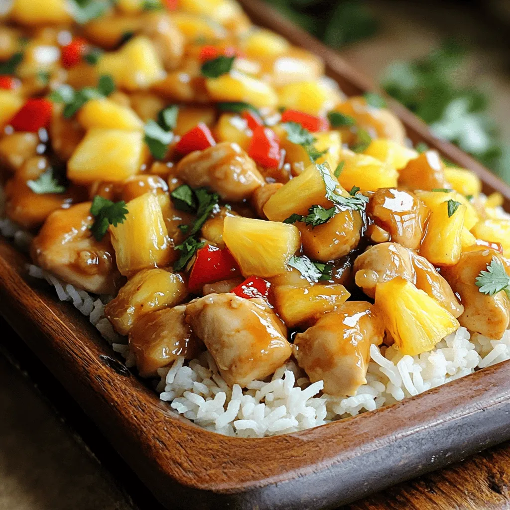 To create this sweet and savory dish, gather these ingredients: - 2 cups cooked jasmine rice - 1 lb chicken breast, cut into bite-sized pieces - 1 cup fresh pineapple, diced - 1 red bell pepper, diced - 1 medium onion, diced - 3 cloves garlic, minced - 1 tablespoon fresh ginger, grated - 1/4 cup low-sodium soy sauce - 2 tablespoons honey - 1 tablespoon rice vinegar - 1 tablespoon cornstarch mixed with 2 tablespoons cold water - 2 tablespoons sesame oil - 1/4 teaspoon freshly ground black pepper - Fresh cilantro, chopped (for garnish, optional) You can make this dish your own with some easy swaps: - Use brown rice instead of jasmine rice for a nuttier flavor. - Swap chicken breast for tofu or shrimp to cater to your taste. - If you don’t have fresh pineapple, use canned pineapple in juice. Just drain it well. - Honey can be replaced with maple syrup for a vegan option. - Use regular soy sauce if low-sodium is not on hand. To make your meal shine, try these serving ideas: - Serve the dish on a big platter for a beautiful table display. - Add a sprinkle of fresh cilantro on top for color and flavor. - Pair it with a side of steamed broccoli or snap peas for crunch. - For extra zest, offer lime wedges on the side for squeezing over. This recipe is not just tasty but also a fun way to mix flavors. For the full recipe, check the earlier section. Enjoy your cooking! To make Sweet and Savory Pineapple Chicken and Rice, you need to gather all your ingredients first. This makes cooking easier and faster. You will need jasmine rice, chicken breast, pineapple, a bell pepper, an onion, garlic, ginger, soy sauce, honey, rice vinegar, cornstarch, sesame oil, and black pepper. Chop the onion, bell pepper, and pineapple into bite-sized pieces. Mince the garlic and grate the ginger. Start by heating the sesame oil in a large skillet over medium-high heat. When the oil shimmers, add the diced onion, minced garlic, and grated ginger. Stir these for about 2-3 minutes. This makes your kitchen smell great and softens the onion. Next, add the chicken pieces. Sprinkle with black pepper. Cook the chicken for about 6-8 minutes, stirring often. You want it to brown and cook through. Now, toss in the red bell pepper and fresh pineapple. Keep stir-frying for 3-4 minutes. The bell pepper should soften a bit. In a small bowl, mix the soy sauce, honey, and rice vinegar. Pour this mixture over the chicken and pineapple. This step adds a lovely sweet and salty flavor. Let it simmer gently. Add the cornstarch mixed with cold water. Stir continuously for about 2 minutes. The sauce will thicken and cling to the chicken and veggies. Finally, fold in the cooked jasmine rice. Toss everything together until the rice is well mixed and coated in the sauce. Taste the dish and adjust the seasoning if needed. Once it’s just right, remove the skillet from heat. For serving, transfer your pineapple chicken and rice to a large platter. Garnish with fresh cilantro and extra pineapple chunks for color. You can follow the Full Recipe for more details and tips. Enjoy your delicious meal! To get juicy chicken, use high heat. Start by heating sesame oil until it shimmers. This step adds flavor and helps brown the chicken well. Cut chicken into small pieces for even cooking. Stir occasionally and watch closely. You want it fully cooked, not dry. Use a meat thermometer to check. The internal temp should reach 165°F. Layer flavors for a delightful taste. Fresh ginger and garlic add warmth. Sauté them with onion to build a base. Use low-sodium soy sauce for a savory touch. Honey balances the saltiness with sweetness. Rice vinegar gives a slight tang. Add black pepper for a hint of spice. Feel free to adjust these flavors to suit your taste. Make your dish visually appealing. Start by using a large serving platter. Transfer the pineapple chicken and rice mixture onto it. Garnish with fresh cilantro for a pop of color. Add extra pineapple chunks for that tropical vibe. Serve with lime wedges to brighten the dish. This simple touch makes your meal look gourmet. For more details, check the Full Recipe. {{image_4}} You can switch up the flavors in Sweet and Savory Pineapple Chicken and Rice easily. Try using different proteins like shrimp or tofu. They both add unique tastes. You can also change the vegetables. Swap in some snap peas or broccoli for a crunchy bite. If you want a zestier flavor, add lime juice or zest. This brightens the dish and enhances the pineapple taste. Making this dish gluten-free is simple. Just use tamari instead of soy sauce. It tastes great and keeps the savory flavor. To make it vegetarian, replace chicken with chickpeas or mushrooms. These options provide protein and texture. You can also use vegetable broth instead of water for cooking your rice. This adds more depth to the dish. You can add a regional flair to the dish. For a Thai twist, include coconut milk and basil. This will give your dish a creamy texture and a fragrant aroma. For a Caribbean vibe, use jerk seasoning and red beans. This adds a spicy kick and a hearty feel. You can explore different spices and herbs to match your favorite cuisine. Experimenting with flavors will make this dish your own. For the full recipe, visit the [Full Recipe] page and dive into the deliciousness! To keep your Sweet and Savory Pineapple Chicken and Rice fresh, store it in an airtight container. This helps prevent spoilage and keeps the flavors intact. Make sure to cool the dish to room temperature before refrigerating. It can stay good in the fridge for up to four days. Always label the container with the date, so you know when to enjoy it! If you have leftovers, freezing is a great option. First, let the dish cool completely. Then, portion it into freezer-safe bags or containers. Remove any extra air to avoid freezer burn. This dish can last for up to three months in the freezer. When you are ready to eat it, thaw it overnight in the fridge for best results. Reheating this dish can be simple. Use a microwave or stovetop. If using a microwave, place the food in a bowl and cover it with a damp paper towel. Heat it in short bursts, stirring in between. On the stovetop, add a splash of water to a pan and warm it slowly over low heat. Stir until it's hot throughout. This keeps the rice from drying out and helps the flavors shine. For the best taste, enjoy it soon after reheating! To add heat, try these options. Use fresh chili peppers, such as jalapeños. You can also add red pepper flakes for a quick kick. If you want a sauce, mix sriracha with the soy sauce for a spicy twist. Be careful not to overdo it. Start small and taste as you go. Yes, you can use canned pineapple. It saves time and is easy to find. Make sure to drain it well to avoid excess juice. Canned pineapple is sweeter and softer than fresh. This can change the texture slightly, but it will still taste great in the dish. Jasmine rice is the best choice for this recipe. It has a lovely aroma and soft texture. It absorbs flavors well and pairs nicely with the sweet and savory sauce. You can also try basmati rice if you prefer a nuttier flavor. Both options work well in this dish. For the full recipe, check out the complete details. This post covered a tasty recipe for Sweet and Savory Pineapple Chicken and Rice. We talked about key ingredients, cooking steps, and useful tips. You can swap ingredients for different flavors and adjust for diets. Storage and reheating tips ensure you enjoy leftovers too. In conclusion, try this dish. It's easy to make and fun to share. You’ll impress your family and friends with great taste and simple steps. Enjoy your cooking!