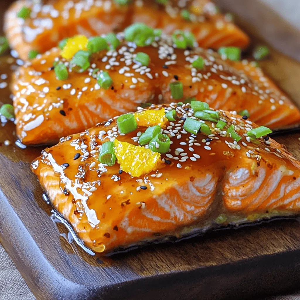 For this Orange Teriyaki Salmon, you will need the following ingredients: - 4 salmon fillets (approximately 6 ounces each) - 1/2 cup teriyaki sauce - Juice of 1 medium orange (about 1/4 cup) - Zest of 1 medium orange - 2 tablespoons fresh ginger, finely grated - 2 cloves garlic, minced - 2 tablespoons honey - 1 tablespoon sesame oil - 1 tablespoon olive oil - 1/4 teaspoon freshly cracked black pepper - 1/4 cup green onions, thinly sliced (for garnish) - Sesame seeds (for garnish) Each ingredient plays a key role in building flavor. The salmon is rich and buttery, while the teriyaki sauce adds a savory depth. Fresh orange juice and zest bring brightness and a hint of sweetness. Ginger and garlic give a lively kick, while honey balances it all with more sweetness. Sesame oil adds a nutty aroma, and cracked black pepper gives a touch of spice. Garnishing with green onions and sesame seeds provides a colorful and crunchy finish. For the full recipe, check out the entire cooking guide! Whisk together the teriyaki sauce, orange juice, zest, ginger, garlic, honey, sesame oil, and black pepper. This mix creates a tasty marinade. The orange juice adds sweetness, while the ginger and garlic bring a kick. Place salmon fillets in a dish or bag. Pour the marinade over the salmon, making sure each piece is coated. Cover the dish or seal the bag. Refrigerate for at least 30 minutes. This time allows the flavors to soak in. Preheat your grill to medium-high or your oven to 400°F. Remove the salmon from the marinade, letting excess drip off. Save the leftover marinade for glazing later. Cook the salmon on the grill for 5-7 minutes on each side. If you bake it, place it on a baking sheet and cook for 12-15 minutes. Halfway through, brush the salmon with the reserved marinade. This glazing step adds even more flavor. Once cooked, let the salmon rest for 2-3 minutes. This helps keep it juicy. You can find the full recipe for this delicious dish in the earlier sections. To make your salmon perfect, marinate it well. Marinate for at least 30 minutes. For best results, one hour is better. This helps the salmon soak up all those tasty flavors. You want to check the doneness with a meat thermometer. The safe temperature is 145°F. This ensures your salmon is cooked just right and stays flaky. Feel free to play with the marinade. If you like heat, add chili paste. It gives the dish a nice kick. You can also try other citrus fruits like lime or lemon. Each one will change the flavor in a fun way. Mix it up and find your favorite! Serve your salmon with steamed rice for a classic pairing. Roasted vegetables add color and nutrients. For something light, a fresh salad works great too. All these sides make a balanced meal. Enjoy every bite with friends or family! {{image_4}} Grilling and baking salmon gives you two unique tastes and textures. Grilled salmon has a smoky flavor. It gets nice char marks that add depth. The heat from the grill gives it a crispy skin and juicy inside. Baking is simpler and more hands-off. It keeps the salmon moist and tender. The flavor is milder but still delicious. If you want a bolder taste, try grilling. If you prefer easy cooking, bake it. Each method has its charm, making it fun to switch things up. You can easily swap ingredients in this recipe. If you don’t have teriyaki sauce, try soy sauce mixed with honey. For honey, maple syrup or agave nectar works well. If you want a different fish, use trout or halibut instead of salmon. Each fish has a distinct flavor, but they all work nicely with the marinade. Don't be afraid to get creative with what you have in your kitchen. The key is to keep the essence of the dish while adding your personal touch. Incorporating vegetables can make this dish even better. Bell peppers, asparagus, or snap peas add color and crunch. You can toss them right on the grill with the salmon. Just cut them into similar sizes for even cooking. If baking, spread them around the salmon on the baking sheet. This way, they soak up the marinade. You’ll enjoy a complete meal with a great balance of flavors. Adding vegetables makes the dish not only healthy but also visually appealing. After cooking your orange teriyaki salmon, let it cool slightly. Store leftovers in an airtight container for up to 3 days. This keeps the salmon fresh and safe to eat. When ready to enjoy, check for any strong odors before reheating. If you want to save your cooked salmon for later, freezing is a great option. Wrap each fillet tightly in plastic wrap. Then, place them in a freezer-safe bag or container. For best results, freeze the salmon for no longer than 2 months. When you are ready to eat it, thaw it in the fridge overnight. This method keeps the salmon moist and tasty. To reheat your salmon without losing its nice texture, use gentle heat. The best way is to preheat your oven to 275°F (135°C). Place the salmon on a baking sheet lined with parchment paper. Cover it with foil to prevent drying. Heat for about 15 minutes, or until warmed through. Alternatively, you can use a skillet on low heat. Add a splash of water or broth to keep the salmon moist. Remember, the goal is to warm it gently, not cook it again. For more details, check the Full Recipe. You should marinate the salmon for at least 30 minutes. This gives the fish time to soak up the flavors. If you have more time, you can marinate it for up to 1 hour. The longer it sits, the more tasty it gets. Just don’t go beyond 1 hour; too much time can make the fish mushy. Keep it in the fridge while marinating. Always use a non-metal dish or a zip-top bag. This keeps the fish safe and the flavors fresh. Yes, you can use frozen salmon. Just make sure to thaw it first. Thaw salmon overnight in the fridge for the best results. If you are in a hurry, you can use the cold water method. Place the sealed salmon in a bowl of cold water for about an hour. Once thawed, pat it dry before marinating. This helps the marinade stick better. Cooking times may vary slightly, so keep an eye on it. This recipe can be gluten-free. Make sure to choose a gluten-free teriyaki sauce. Many brands offer gluten-free options now. Check the label to be sure. You can also make your own teriyaki sauce at home. Just mix soy sauce with honey and some ginger. Other ingredients in the recipe, like orange juice and salmon, are naturally gluten-free. Always check for cross-contamination if you're very sensitive to gluten. Enjoy your tasty meal without worries! This blog post guides you through making a delicious salmon dish with a tasty marinade. You learned about important ingredients and clear cooking steps. Tips for perfecting your salmon and ideas for serving were shared. I shared ways to adapt the recipe and how to store leftovers. Cooking salmon can be easy and fun. With the right flavors, you can impress anyone at your table. Enjoy your cooking journey and explore new tastes!