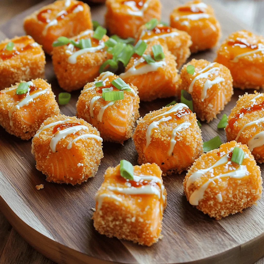 - 1 lb salmon fillet (skin removed, cut into cubes) - 1 cup panko breadcrumbs - 1/2 cup all-purpose flour - 2 large eggs (beaten) - Seasonings: garlic powder, smoked paprika, salt, and pepper - Oil for frying - 1/2 cup mayonnaise - 2 tablespoons sweet chili sauce - 1 tablespoon Sriracha (to taste) - 1 teaspoon fresh lime juice - Optional: chopped green onions for garnish To make crispy bang bang salmon bites, you need fresh ingredients. Start with a salmon fillet, cut into cubes. The panko breadcrumbs will give it a great crunch. Use all-purpose flour to coat the fish, along with beaten eggs. For flavor, mix in garlic powder, smoked paprika, salt, and pepper. For the bang bang sauce, you will need mayonnaise, sweet chili sauce, Sriracha for heat, and lime juice for zing. If you like, chop some green onions for a colorful garnish. Gather these ingredients for a quick and tasty recipe. Check the full recipe for more details! - Combine mayonnaise, sweet chili sauce, Sriracha, and lime juice. - Whisk until smooth and set aside. To make the Bang Bang sauce, mix four simple ingredients. Start with half a cup of mayonnaise. Add two tablespoons of sweet chili sauce and one tablespoon of Sriracha. If you like heat, add more Sriracha to your taste. Finally, squeeze in one teaspoon of fresh lime juice for brightness. Whisk it all together. Set this sauce aside; it adds a punch to the salmon bites. - Create three bowls: seasoned flour, beaten eggs, and panko breadcrumbs. - Mix flour with garlic powder, smoked paprika, salt, and pepper. Next, set up your breading station. Grab three shallow bowls. In the first bowl, mix half a cup of all-purpose flour with one teaspoon of garlic powder, one teaspoon of smoked paprika, salt, and pepper. In the second bowl, crack two large eggs and beat them. The third bowl will hold one cup of panko breadcrumbs. This setup makes breading the salmon easy and quick. - Coat salmon cubes in seasoned flour, then eggs, and finally panko breadcrumbs. - Ensure coating is even for perfect crispy bites. Now, it’s time to bread the salmon. Take a cube of salmon and dip it into the seasoned flour. Make sure it’s fully coated and shake off any extra flour. Next, dip the floured piece into the beaten eggs, letting excess drip off. Finally, roll it in the panko breadcrumbs. Press a bit to help the crumbs stick. Repeat this until all the salmon cubes are coated. - Pour oil into skillet, creating a 1/4-inch layer. - Test oil readiness with a piece of bread. For frying, pour enough oil into a skillet to make a 1/4-inch layer. Use canola or vegetable oil for frying. Heat the oil over medium-high heat. To check if it’s ready, drop in a small piece of bread. If it sizzles, you’re good to go. - Cook in batches for 3-4 minutes on each side. - Transfer to paper towel-lined plate to drain excess oil. Carefully add the breaded salmon bites in batches. Don't overcrowd the pan; this keeps them crispy. Fry them for about 3-4 minutes on each side. You want them golden brown and crunchy. Once cooked, use a slotted spoon to move them to a paper towel-lined plate. This step helps drain any extra oil. - Arrange bites on a platter and drizzle or serve Bang Bang sauce on the side. - Garnish with green onions if desired. Now it's time to serve! Arrange the crispy salmon bites on a nice platter. Drizzle the Bang Bang sauce over the top or place it in a small bowl for dipping. If you want to add some color, sprinkle chopped green onions on top. Enjoy your delicious bites! For the complete recipe, check the Full Recipe section. To get that perfect crispiness, focus on two things: breading and frying. When you bread the salmon, make sure to coat each piece evenly with flour, eggs, and panko. This step is crucial for a great crunch. When frying, heat the oil until it’s hot but not smoking. You can test it by dropping a small piece of bread in. If it sizzles, you’re ready! Avoid overcrowding the pan. If you add too many salmon bites at once, they won’t fry well. This can make them soggy instead of crispy. Fry in batches to keep the heat steady. The Bang Bang sauce gets its kick from Sriracha. If you want it milder, use less Sriracha. You can also try sweet chili sauce alone for a gentler flavor. Mixing in some honey or brown sugar can balance the heat too. For a completely different taste, try adding a bit of ketchup or even mustard. These swaps keep the sauce exciting while catering to different spice preferences. Crispy Bang Bang Salmon Bites pair well with light sides. A fresh salad or fluffy rice complements the dish nicely. You can also serve them with a side of steamed veggies for a healthy touch. For parties, get creative! Serve the salmon bites on skewers. This makes them easy to grab and eat. You can also arrange them in a fun shape on a platter and drizzle the Bang Bang sauce over the top. This adds a nice visual touch and makes serving simple. {{image_4}} You can switch out salmon for other seafood. Shrimp works well, or use chicken for a different flavor. Each option gives a tasty twist to your dish. For those needing gluten-free options, try almond flour instead of all-purpose flour. You can also use gluten-free breadcrumbs. These swaps keep the recipe fun and accessible for everyone. To spice up the breading, mix in herbs or spices. Try adding dried oregano or parsley for a fresh taste. You might also want to adjust the Bang Bang sauce. Add honey for sweetness or lime zest for extra zing. These changes let you create your unique flavor profile while keeping the dish exciting. When serving, make it look stunning! Use a nice plate and arrange the salmon bites in a circle. Drizzle the Bang Bang sauce artistically over the top or serve it in a small bowl. For garnish, sprinkle chopped green onions or sesame seeds on top. These little touches make your dish pop and impress your guests. To store leftover salmon bites, let them cool down first. Place them in an airtight container. This helps keep them fresh. I recommend using a glass or plastic container with a tight lid. This will protect the bites from drying out. You can keep them in the fridge for up to three days. When reheating, you want to keep the crispness. The best method is to use an oven. Preheat your oven to 375°F (190°C). Place the salmon bites on a baking sheet. Bake for about 10 minutes or until they are hot and crispy again. If using a microwave, heat them for 30 seconds at a time. Check to avoid making them soggy. Yes, you can freeze cooked salmon bites. To freeze, let them cool completely first. Arrange them on a baking sheet in a single layer. Freeze until firm, then transfer them to a freezer bag. Be sure to remove as much air as possible. For best results, use them within three months. Thaw in the fridge overnight before reheating. Cooking salmon bites takes about 6 to 8 minutes. If you cut them small, they cook faster. You should fry them for around 3 to 4 minutes on each side. Look for a nice golden color. This means they are crispy and ready to eat. For the best flavor, I recommend using wild-caught salmon. It often has a richer taste and firmer texture. Farmed salmon is another option, but it can be less flavorful. If you choose farmed, look for a reputable source to ensure quality. Yes, you can bake these salmon bites. Baking is a healthier choice, but the bites may not be as crispy. To bake, preheat your oven to 400°F. Place the salmon bites on a lined baking sheet and spray them with oil. Bake for about 15 to 20 minutes, flipping halfway through. This method is easier and uses less oil, but frying gives a crunchier texture. You now have a clear guide to making delicious salmon bites with Bang Bang sauce. We covered the key ingredients, step-by-step instructions, and tips for perfect results. Remember to adjust spice levels and explore variations for extra flavor. Store any leftovers properly so you can enjoy them later. Cooking can be fun and rewarding, especially when you share these bites with friends and family. Dive into this recipe and make your next meal a hit!