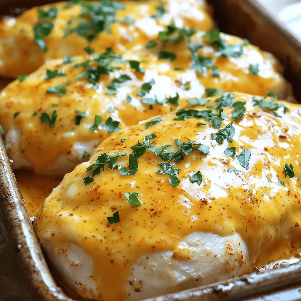 - 4 boneless, skinless chicken breasts - 1 cup sharp cheddar cheese, shredded - 4 cloves garlic, finely minced - 1 teaspoon smoked paprika - 1 teaspoon dried thyme - 1 tablespoon extra virgin olive oil - 1/2 teaspoon salt - 1/2 teaspoon freshly ground black pepper - Fresh parsley, finely chopped (for garnish) When picking ingredients, choose fresh chicken and high-quality cheese. You can swap sharp cheddar for mild if you prefer less flavor. For the garlic, fresh cloves are best, but jarred minced garlic works too. To cook this dish, you need some basic tools: - A baking dish - A mixing bowl - A spoon or brush for the marinade - A sharp knife for chopping These tools make it easy to prepare and serve Garlic Cheddar Chicken Breast. The right ingredients and tools help you create a tasty dish that impresses your family and friends. Check the Full Recipe for a detailed guide on how to bring this meal to life! Preheating the oven is key for great chicken. It helps cook the chicken evenly. Set your oven to 375°F (190°C) before you start. This ensures it’s hot enough when the chicken goes in. Mixing garlic and spices creates depth in flavor. In a bowl, combine minced garlic, smoked paprika, dried thyme, olive oil, salt, and black pepper. This marinade adds a tasty kick to the chicken. For even cooking, place the chicken breasts in a single layer in a baking dish. Pour the marinade over them. Use a spoon or brush to coat each piece well. This step makes sure every bite is full of flavor. Cover the dish with aluminum foil for the first part of baking. This keeps the chicken moist. Bake for 25 minutes. After that, remove the foil to let the cheese brown. Bake for another 10-15 minutes. Check the chicken's internal temperature; it should be 165°F. This ensures it’s safe to eat. When done, let the chicken rest for 5 minutes before serving. This helps keep it juicy and tender. For the full recipe, check the previous section. To boost the taste of your garlic cheddar chicken, you can add more spices or herbs. Here are some ideas: - Oregano: Adds a lovely earthy taste. - Rosemary: Offers a fragrant touch. - Cayenne pepper: Gives a nice kick of heat. - Lemon zest: Brightens the flavor with citrus notes. Mix and match these options with your garlic and cheese for a fun twist. You can choose between baking and grilling to change the texture. - Baking keeps the chicken moist and tender. It also melts the cheese evenly. - Grilling gives a nice char and smoky flavor. It works well for those who like a crispy outside. Try both methods to see which you prefer! Letting the chicken rest is key. After cooking, let it sit for about five minutes. This allows the juices to flow back into the meat. A juicy chicken breast tastes much better! When serving, place the chicken on a big platter. Drizzle any leftover juices over the top. Pair it with some steamed veggies or a fresh salad to make a complete meal. For the full recipe, check out the Garlic Cheddar Chicken Breast recipe! {{image_4}} To make this dish keto-friendly, swap some ingredients. You can use chicken thighs instead of breasts. They stay moist and add flavor. For cheese, use a low-carb option, like mozzarella. You can also replace olive oil with butter for a richer taste. This keeps the dish low in carbs while still delicious. If you like heat, add jalapeños to the mix. Slice them thin and sprinkle them on top of the chicken before baking. You can also mix some hot sauce into the marinade. This boosts the flavor and gives a spicy kick. Adjust the amount based on your spice level. It’s a fun way to change the taste of the dish. For a richer sauce, add cream to the mix. After mixing the spices and garlic, stir in half a cup of heavy cream. This creates a smooth and creamy texture. Pour it over the chicken before adding the cheese. The cream makes the dish feel more indulgent and adds depth to the flavor. You can find the full recipe [here](link). To keep your Garlic Cheddar Chicken Breast fresh, follow these tips. First, let the chicken cool to room temperature. This prevents steam from building up, which can make the chicken soggy. Next, store leftovers in an airtight container. This keeps moisture in and odors out. You can refrigerate the chicken for up to three days. If you want to keep it longer, freeze it. Wrap each piece tightly in plastic wrap, then place it in a freezer bag. This helps prevent freezer burn. Frozen chicken can last for up to three months. When you’re ready to enjoy your stored chicken, reheating is key. The best method is to use the oven. Preheat it to 350°F (175°C). Place the chicken in a baking dish and cover it with foil. This keeps the chicken moist as it warms up. Heat it for about 15-20 minutes, or until it reaches an internal temperature of 165°F (74°C). You can also use a microwave for quicker reheating. Just place the chicken on a microwave-safe plate and cover it. Heat in short bursts, checking often to avoid overcooking. This way, you enjoy the tasty flavors of Garlic Cheddar Chicken again. For the full recipe, check above. Use a meat thermometer to check the chicken's temperature. Insert it into the thickest part of the breast. When it reads 165°F, the chicken is safe to eat. This method is the most reliable way to ensure your chicken is cooked through. Undercooked chicken can be unsafe and lead to foodborne illness, so it's crucial to check. Yes, you can prepare this dish in advance. To do this, marinate the chicken and add the cheese. Then, cover it tightly and store it in the fridge. You can keep it there for a day or two. Just remember to bake it before serving. This makes dinner stress-free and allows the flavors to develop. This chicken pairs well with many side dishes. Here are some ideas: - Steamed broccoli or green beans - Mashed potatoes or sweet potatoes - A fresh garden salad - Rice or quinoa for a light option These sides will balance the rich flavors of the chicken. Absolutely! This recipe is perfect for meal prep. You can make a big batch and pack it in containers. Store it in the fridge for quick meals during the week. It reheats well, so you can enjoy it for lunch or dinner. Plus, the flavors get better as it sits, making it even tastier! This post covers a simple and tasty garlic cheddar chicken recipe. You learned about the key ingredients, their quality, and necessary kitchen tools. I provided step-by-step baking instructions, cooking tips, and variations like low-carb options. Remember to let the chicken rest before slicing for better flavor and texture. Proper storage and reheating practices ensure your leftovers taste great. With these insights, you can create a delicious meal that fits your needs and preferences. Enjoy this dish and make it your own!