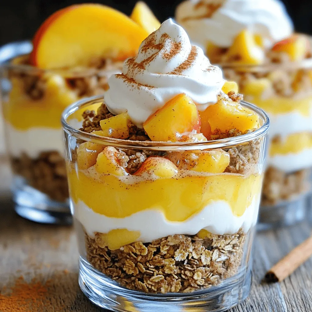 To make Peach Cobbler Cheesecake Salad, you need these key items: - 2 cups fresh peaches, diced into bite-sized pieces - 1 cup cream cheese, softened to room temperature - 1/2 cup Greek yogurt, plain or vanilla - 1/2 cup powdered sugar, sifted for smoothness - 1 teaspoon pure vanilla extract - 1/2 teaspoon ground cinnamon, plus extra for garnish - 1 cup granola (cinnamon-flavored recommended for added warmth) - 1/4 cup pecans, toasted and chopped (optional) - Whipped cream, for topping each serving Using fresh, ripe peaches makes a big difference. They add sweetness and flavor. Choose firm peaches with a slight give when pressed. For cream cheese, pick a high-quality brand for a creamy texture. Greek yogurt should be plain or vanilla for the best taste. Use fresh ground cinnamon for a warm, rich flavor. Granola should be crunchy and not too sweet. If you opt for pecans, toasting them enhances their nutty flavor. You can swap fresh peaches for other fruits like berries or apples. If you want a lighter option, use low-fat cream cheese. You can also use dairy-free yogurt for a vegan choice. If you don’t have granola, crushed cookies can work too. For a nut-free version, simply skip the pecans. Each swap can bring a new twist to this tasty salad. For the complete recipe, check out the Full Recipe. To make Peach Cobbler Cheesecake Salad, start by mixing the cream cheese and yogurt. I use a large bowl for this. Add the powdered sugar, vanilla extract, and ground cinnamon. Beat this mixture with an electric mixer on medium speed. Keep mixing until it is smooth and creamy. You want no lumps in your mix. Next, fold in the diced peaches using a spatula. Be gentle so the peaches don't break apart. You want to keep the fruit whole and pretty. Mix until the peaches are evenly spread throughout the creamy mixture. Now, it’s time to layer the salad. Grab a clear serving bowl or individual cups. Start with a layer of the peach cheesecake mixture. Then, add a layer of granola on top. I recommend using cinnamon-flavored granola for extra warmth. Repeat these layers until you run out of ingredients. Finish with a generous scoop of the cheesecake mixture on top. If you like, sprinkle some chopped toasted pecans over the top layer. This adds a nice crunch. Right before serving, add a dollop of whipped cream on each serving. This makes it look and taste even better. For a lovely touch, garnish each serving with a fresh slice of peach. A sprinkle of ground cinnamon on top adds to the flavor and looks great too. Enjoy your Peach Cobbler Cheesecake Salad with friends or family! To get the creamiest texture in your Peach Cobbler Cheesecake Salad, start with room-temperature cream cheese. Cold cream cheese can make lumps. Use an electric mixer to blend your cream cheese and yogurt well. Mix until smooth and fluffy. This ensures a rich and creamy base. Be gentle when folding in the peaches. You want them to stay intact and add a nice bite. Flavor is key in this salad. Use ripe, fresh peaches for the best taste. Sweet and juicy peaches will shine in this recipe. Ground cinnamon adds warmth, so don’t skip it! You can also add a splash of lemon juice to brighten the flavors. If you like more sweetness, adjust the powdered sugar to your taste. Avoid over-mixing your cream cheese mixture. This can lead to a dense texture. Also, don’t forget to sift the powdered sugar. This keeps it smooth and clump-free. When layering, be careful not to pack the granola too tightly. It should remain crunchy. Lastly, serve this salad cold. It tastes best when chilled for a bit before serving. For the full recipe, check out the link provided! {{image_4}} You can switch up the fruit based on what’s in season. Try fresh strawberries, juicy blueberries, or ripe plums. Each fruit brings a new twist to your Peach Cobbler Cheesecake Salad. They add unique flavors and colors that make the dish even more fun. You can even mix different fruits for a bright and vibrant salad. Toppings can change the whole vibe of the salad. Instead of granola, try crushed cookies or nuts for crunch. You can also add mini chocolate chips for a sweet surprise. If you want more flavor, mix in some coconut flakes or dried fruit. Each choice adds a special touch to your Peach Cobbler Cheesecake Salad. If you want to make this salad vegan or dairy-free, it’s easy! Swap the cream cheese and yogurt for cashew cream or a dairy-free yogurt. Use maple syrup instead of powdered sugar to keep it sweet. You can still enjoy the creamy and fruity goodness without any dairy. This way, everyone can savor this tasty treat. To keep your Peach Cobbler Cheesecake Salad fresh, store it in the fridge. Use an airtight container. This helps prevent the salad from drying out or absorbing other smells in the fridge. Make sure to layer the salad gently to keep the texture. If you have leftovers, it’s best to store the granola separately. This way, it stays crunchy. When stored properly, your Peach Cobbler Cheesecake Salad lasts about 3 to 5 days in the fridge. The longer it sits, the more the granola may get soggy. Check for any signs of spoilage before enjoying leftovers. If the salad looks or smells off, it's best to toss it. I don’t recommend freezing this salad. Freezing can change the texture of the cream cheese and peaches. If you must freeze it, consider only freezing the peach mixture. Place it in a freezer-safe container. When ready to eat, thaw it in the fridge overnight. Then, mix it back with fresh granola and whipped cream for a better texture. Peach cobbler cheesecake salad is a fun twist on dessert. It combines fresh peaches, cream cheese, and yogurt. The result is a creamy, fruity dish with a hint of cinnamon. This salad has layers of flavor and texture, thanks to the granola. It's like eating peach cobbler but in a light and easy way. Yes, you can make this salad ahead of time. It tastes great when chilled. Prepare it a few hours or even a day before serving. Just keep it covered in the fridge. This allows the flavors to blend nicely. To serve more people, simply double or triple the ingredients. Keep the same ratios for the cream cheese, yogurt, and peaches. This will help maintain the flavor and texture you love. Use a larger bowl or dish for mixing and layering. You can find the Full Recipe for peach cobbler cheesecake salad in the main article. This recipe gives you all the steps and tips to make it perfect. Enjoy making this delightful treat! In this post, we covered key ingredients and how to use them well. I shared step-by-step instructions to help you layer and serve your dish. You learned tips for a creamy texture and how to avoid common mistakes. We explored tasty variations and how to store your peach cobbler cheesecake salad properly. To sum up, this dessert is simple and fun. Enjoy experimenting to make it your own!