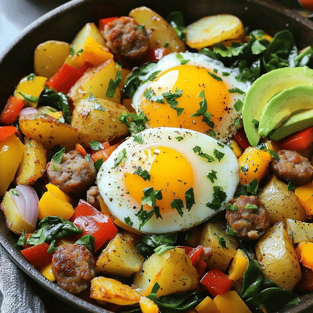 - 3 large russet potatoes, diced into 1-inch cubes - 1 cup mixed bell peppers (red, yellow, and green), diced - 1 small red onion, finely chopped - 1 cup cooked sausage (chicken or turkey), crumbled - 1 cup fresh spinach leaves, roughly chopped - 4 large eggs - 1 teaspoon smoked paprika - 1 teaspoon garlic powder - Salt and freshly ground black pepper to taste - 2 tablespoons extra virgin olive oil - Fresh parsley, chopped (for garnish) The main ingredients create a hearty base for your loaded breakfast hash. Potatoes give it body, while bell peppers and onions add flavor and color. The cooked sausage brings protein and richness. Spinach adds a pop of green and nutrition. - Avocado slices - Hot sauce - Fresh parsley Toppings can elevate your dish. Avocado adds creaminess and good fats. Hot sauce gives a kick, making it fun. Fresh parsley brightens the meal and adds a touch of freshness. You can mix and match these toppings for your taste. For the full recipe, check the instructions to create this delicious morning meal! Start by heating 1 tablespoon of olive oil in a large skillet over medium heat. When the oil is hot, add the diced russet potatoes. Spread them out evenly in the skillet. Season the potatoes with salt, pepper, garlic powder, and smoked paprika. Cook them for 10 to 12 minutes, stirring now and then. You want them crispy and golden on the outside but tender inside. Once the potatoes are ready, it’s time to add some color and flavor. Stir in the chopped red onion and diced bell peppers. Sauté the mix for about 4 to 5 minutes. You will see the vegetables soften and start to caramelize. Next, add the crumbled cooked sausage to the skillet. Mix everything well and let it cook for another 2 to 3 minutes. This will heat the sausage through and blend all the flavors. Now, let’s add some greens! Gently fold in the chopped spinach leaves. Cook for just 1 more minute or until the spinach wilts and turns bright green. In a separate frying pan, heat the last tablespoon of olive oil over medium heat. Crack the eggs into the pan, frying them sunny side up or to your liking. Don’t forget to season them with a pinch of salt and pepper. Finally, it’s time to serve! Divide the loaded breakfast hash among four plates. Each serving should get a perfectly fried egg on top. Garnish with freshly chopped parsley. If you like, add slices of avocado. You can pass around hot sauce for those who enjoy a kick. Enjoy your hearty loaded breakfast hash! For the full recipe, check the earlier section. To get crispy potatoes, start with good cooking techniques. Use a large skillet and spread the diced russet potatoes evenly. Heat the oil before adding the potatoes. This helps them get that golden crunch. Seasoning is key. Use salt, pepper, garlic powder, and smoked paprika. These flavors will boost the taste. Cook for about 10 to 12 minutes, stirring every few minutes. This way, the potatoes cook evenly and turn crispy. You can easily customize the heat levels in your hash. Start by using different spices. Try adding cayenne pepper for extra kick. You can also mix in chili powder for a smoky flavor. For those who love heat, hot sauce is a great option. I recommend sriracha or your favorite brand. Just drizzle it on top before serving. This will make each bite exciting and packed with flavor. Pair your loaded breakfast hash with delicious sides. Fresh fruit or a light salad works well. You can also serve it with toast or warm tortillas. For drinks, a fresh juice or coffee complements the meal. Presentation matters too! Use colorful plates and place the hash in the center. Top each serving with a fried egg and fresh parsley. If you add avocado, it brings a nice green touch. This makes your breakfast table look inviting and appetizing. {{image_4}} To make a vegetarian loaded breakfast hash, you can easily substitute the sausage. Use plant-based sausage or simply leave it out. This will keep the dish hearty and satisfying. You can also add more veggies like zucchini, mushrooms, or sweet potatoes. These options bring different textures and flavors to your meal. For a gourmet twist, think about adding cheese, herbs, or unique toppings. Cheddar cheese melts beautifully over the hash. Fresh herbs like chives or cilantro can brighten the dish. You can also try toppings from different cuisines. For instance, add feta for a Mediterranean vibe or kimchi for a Korean touch. These choices elevate your breakfast to a whole new level. If you want to prepare your loaded breakfast hash in advance, it’s simple. Cook the hash as directed, then let it cool before storing. Place it in an airtight container in the fridge. When you're ready to eat, just reheat in a skillet. For best results, add a splash of water to keep it moist. You can also microwave it, but be careful not to make the potatoes soggy. Enjoy your easy and tasty meal! For the full recipe, check out the Loaded Breakfast Hash section. To store leftover loaded breakfast hash, use an airtight container. This helps keep the flavors fresh. Place the hash in the fridge within two hours of cooking. It stays good for about 3 to 4 days. If you want to keep it longer, consider freezing it. Frozen hash can last up to 3 months. Just remember to cool it completely before placing it in the freezer. To reheat your loaded breakfast hash, the oven works best. Preheat it to 350°F (175°C). Spread the hash on a baking sheet and cover it with foil. Heat for about 15-20 minutes. This method keeps the potatoes crispy. If you use a microwave, place the hash in a bowl. Heat it in short bursts of 30 seconds. Stir between each burst. This helps avoid sogginess in the potatoes. For best results, reheat only what you plan to eat. You can swap some ingredients for lighter options. Use sweet potatoes instead of russet potatoes. They add a sweet flavor and extra vitamins. Choose turkey sausage or chicken sausage for less fat. You can also add more veggies. Try adding zucchini or mushrooms. These changes will keep the dish tasty and healthy. Yes, you can prep this dish ahead of time. Cook the potatoes and veggies in advance. Store them in the fridge for up to three days. When ready to eat, reheat in a skillet. Then, add the fresh spinach and eggs. This keeps the flavors fresh and bright. I like using chicken or turkey sausage for a lighter option. You can also try pork sausage for a richer flavor. If you want something spicy, use chorizo. It adds a nice kick. You can even use vegetarian sausage for a meatless meal. Loaded Breakfast Hash pairs well with various sides. A fresh fruit salad adds a sweet touch. You might also enjoy toast or whole grain muffins. For drinks, serve coffee, tea, or fresh juice. These options complement the hearty hash nicely. Adjusting servings is simple. If you need more, just multiply each ingredient. For example, double the potatoes or sausage. If you want fewer servings, cut the amounts in half. This way, everyone gets a tasty meal without waste. In this post, we broke down how to make a loaded breakfast hash. We covered essential ingredients like potatoes, sausage, and vegetables. I shared step-by-step instructions for cooking and offered tips for perfect texture and flavor. You can customize your dish with toppings and variations, like vegetarian options. Remember, storing leftovers correctly keeps your dish fresh. Follow these guidelines for a tasty, filling breakfast any day. Enjoy your cooking and share your tasty results!