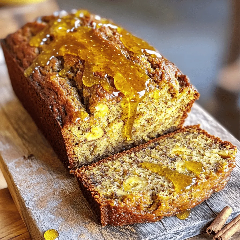 To make a delicious Honey Vanilla Banana Bread, you need a few key ingredients: - 3 ripe bananas, thoroughly mashed - 1/2 cup honey, preferably raw for a richer flavor - 1/4 cup unsalted butter, melted until slightly cooled - 1 large egg, beaten to incorporate air for fluffiness - 1 teaspoon pure vanilla extract - 1 teaspoon baking soda - 1/2 teaspoon sea salt - 1 1/2 cups all-purpose flour, sifted for lightness - 1/2 teaspoon ground cinnamon (optional for warmth) - 1/2 cup chopped walnuts or pecans (optional for crunch) Each ingredient plays a special role. The ripe bananas add natural sweetness and moisture. Honey enriches the flavor with its floral notes. Butter gives a tender texture, while the egg provides lift. Baking soda helps the bread rise, and salt balances the sweetness. You can customize your banana bread with fun add-ins. Here are some great options: - Chocolate chips for sweetness - Dried fruit like raisins or cranberries - Shredded coconut for a tropical twist - Spices like nutmeg for extra warmth These choices can change the flavor profile and texture of your bread. Feel free to mix and match based on what you enjoy! If you need to swap some ingredients, here are a few ideas: - Use maple syrup instead of honey for a different sweetness. - Coconut oil can replace unsalted butter for a dairy-free option. - Substitute the all-purpose flour with whole wheat flour for a heartier loaf. These swaps keep the recipe flexible. You can still enjoy great taste while catering to dietary needs. For the complete process, check out the Full Recipe. Start by preheating your oven to 350°F (175°C). This temperature helps the bread rise evenly. Next, grab a 9x5-inch loaf pan. You can grease it with butter or line it with parchment paper. Lining the pan makes it easy to remove the bread later. In a large bowl, take three ripe bananas and mash them well. You want a smooth mix with only tiny lumps. Then, add a half-cup of honey. I recommend using raw honey for a richer taste. Pour in a quarter-cup of melted butter and stir. Next, add one beaten egg and one teaspoon of vanilla extract. Mix everything until it is smooth and well combined. In another bowl, mix your dry ingredients. Combine one teaspoon of baking soda, half a teaspoon of sea salt, and one and a half cups of all-purpose flour. If you like, add half a teaspoon of ground cinnamon for flavor. Whisk these together until they are evenly mixed. Gradually fold your dry mix into the wet banana mix. Use a spatula and stop when you see no dry flour. Be careful not to overmix; this keeps the bread light and fluffy. If you want some crunch, fold in half a cup of chopped walnuts or pecans. Now, pour the batter into your prepared pan and smooth the top. For the full recipe, follow the other steps to bake this delightful banana bread! To get that ideal texture in your honey vanilla banana bread, follow these steps. Use ripe bananas; they should be soft and brown. The more ripe your bananas are, the sweeter and moister your bread will be. Mash them well to break down the fibers. This ensures a smooth batter. Avoid overmixing after adding the flour. Stir just until combined. This keeps your bread light and fluffy. Need ripe bananas fast? Here’s a simple trick. Place your bananas in a brown paper bag. Close the bag and let them sit for one or two days. The ethylene gas they release helps them ripen faster. If you're in a hurry, you can also bake them. Place unpeeled bananas on a baking sheet at 300°F (150°C) for about 15-20 minutes. Check them often so they don’t burn. To keep your banana bread fresh, store it at room temperature in an airtight container. It will stay good for about three days. For longer storage, wrap it tightly in plastic wrap and freeze it. It freezes well for up to three months. To reheat, slice a piece and warm it in the microwave for about 15 seconds. You can also toast it for a crispy edge. Enjoy your Honey Vanilla Banana Bread warm! For the full recipe, check out the earlier section. {{image_4}} You can easily make healthy changes to this banana bread. Use whole wheat flour instead of all-purpose flour. This swap adds fiber and nutrients. You can also replace honey with maple syrup for a different sweet touch. A quarter cup of unsweetened applesauce will cut down on fat. You still keep the moisture and sweetness. Adding flavors makes banana bread even more fun! You can mix in 1/2 cup of chocolate chips for a sweet twist. Another great choice is adding 1/2 cup of canned pumpkin. This change gives a nice fall flavor. You can also add spices like nutmeg or cardamom to enhance the taste. Try adding about 1/4 teaspoon of each. If you need a gluten-free option, use almond flour or a gluten-free blend. Make sure to check that all your ingredients are gluten-free. For nut-free bread, skip the walnuts or pecans. You can use seeds like sunflower seeds instead. They add crunch without the nuts. For more details on the recipe, check the Full Recipe. To keep your Honey Vanilla Banana Bread fresh, store it in an airtight container. This helps maintain moisture and flavor. You can also wrap it in plastic wrap before placing it in the container. For best results, keep it at room temperature if you plan to eat it within a few days. If you want it to last longer, refrigeration is an option, though it may dry out slightly. If you want to save some for later, freezing is a great choice. Slice the banana bread before freezing for easy servings. Wrap each slice tightly in plastic wrap, then place them in a freezer bag. Label the bag with the date. To thaw, simply take out a slice and leave it at room temperature for about an hour. For a warm treat, you can also microwave it for about 15 seconds. When stored properly, your banana bread can last up to four days at room temperature. If refrigerated, it may last a week. In the freezer, it can stay good for up to three months. Just remember to check for any signs of spoilage before enjoying, like an off smell or mold. Enjoy your homemade delight as it stays fresh and tasty! Yes, you can use frozen bananas. Just thaw them first. Frozen bananas often mash easily, helping make a moist bread. This method works well and does not alter the taste. If you have overripe bananas, freeze them for later use in this recipe. To check if your banana bread is done, use a toothpick. Insert it into the center. If it comes out clean or with a few moist crumbs, your bread is ready. You can also look for a golden-brown crust. The bread should spring back when gently pressed. You can serve banana bread with many tasty options. Try a light drizzle of honey for added sweetness. Softened butter also pairs well, adding richness. Fresh banana slices can enhance the flavors. A sprinkle of cinnamon makes it even better. Enjoy it with tea or coffee for a delightful treat. For the complete recipe, refer to the Full Recipe. This article covered how to make delicious honey vanilla banana bread. We explored key ingredients, tasty add-ins, and easy step-by-step instructions. I shared tips for perfect texture and how to ripen bananas fast. You learned about variations and storage to keep your bread fresh. In closing, enjoy experimenting with the recipe. Don’t hesitate to make it your own. Happy baking!