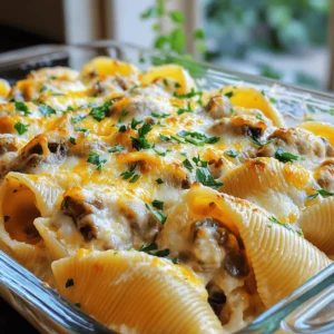 - 20 jumbo pasta shells - 2 cups ricotta cheese - 1 cup cooked spinach, finely chopped Jumbo pasta shells are the star of this dish. They hold the filling well and make every bite delightful. I prefer using a mix of ricotta cheese and cooked spinach for a creamy, rich taste. The spinach adds color and nutrients. - 1 cup grated mozzarella cheese - 1 cup grated parmesan cheese - 4 cloves garlic, minced - 1 tablespoon olive oil - 1 teaspoon dried oregano - 1/2 teaspoon salt - 1/4 teaspoon black pepper Mozzarella and parmesan blend beautifully in this dish. They add creaminess and a nice, cheesy pull. Garlic enhances the flavor, while oregano gives it a warm, earthy note. Salt and pepper are essential to balance everything. - 1/2 teaspoon red pepper flakes - Fresh parsley for garnish For those who like a kick, red pepper flakes add heat. Fresh parsley brightens the dish and adds color. You can skip the flakes if you prefer a milder flavor. For the full recipe of this delicious dish, refer to the earlier section. - Preheat your oven to 375°F (190°C). This step is key for a perfect bake. - Bring a large pot of salted water to a boil. Carefully add the jumbo shells. Cook them until they are al dente, about 10-12 minutes. Once done, drain them in a colander. Place the shells on a clean kitchen towel to cool off. - In a large skillet, heat 1 tablespoon of olive oil over medium heat. This will create a lovely base for the mushrooms. - Add 2 cups of finely chopped mushrooms to the skillet. Stir them for about 5-7 minutes until they turn golden brown. - Next, introduce 4 cloves of minced garlic. Cook for another 2 minutes until the garlic is fragrant. Remove the skillet from heat and set it aside. - In a large bowl, combine 2 cups of ricotta cheese, 1 cup of finely chopped cooked spinach, and half of the grated mozzarella and parmesan cheese. - Stir in the sautéed mushrooms, 1 teaspoon of dried oregano, and season with 1/2 teaspoon of salt and 1/4 teaspoon of black pepper. Mix everything until smooth and well combined. - In the same skillet, pour 1 cup of heavy cream. Bring it to a simmer over low heat. - Gradually add the remaining mozzarella and parmesan cheese, stirring until they melt into a creamy sauce. Season with a pinch of salt and pepper to enhance the flavor. - Take each jumbo shell and spoon about 2 tablespoons of the cheese and mushroom filling into it. - Place the stuffed shells carefully in a greased baking dish with the open side facing up. This allows the sauce to soak in. - Pour the creamy cheese sauce generously over the stuffed shells. Ensure each shell is well coated for maximum flavor. - Cover the baking dish with aluminum foil. Bake in the preheated oven for 20 minutes. - After that, remove the foil and bake for another 10-15 minutes. Look for bubbly and golden cheese on top. For the full recipe, check the details above! - To achieve al dente pasta, boil the jumbo shells in salted water. Cook them for about 1-2 minutes less than the package says. This way, they won’t turn mushy when you bake them later. - To prevent the filling from spilling out, fill each shell gently. Use about 2 tablespoons of filling and ensure the opening faces up when placing them in the dish. This keeps the creamy goodness inside. - Adding herbs like fresh basil or thyme can boost flavor. These herbs pair well with mushrooms and garlic. Just sprinkle them in the filling for a fresh taste. - If you want alternatives for creaminess, try using Greek yogurt or mascarpone. These options give you a rich texture without all the calories of heavy cream. - For garnishing, sprinkle fresh parsley or grated cheese on top. This adds color and a nice finish to your dish. - Serving suggestions include pairing the stuffed shells with garlic bread and a crisp green salad. This balances the meal with fresh and crunchy sides. For the full recipe, check out the details above! {{image_4}} You can make this dish even more exciting by adding different vegetables. Spinach is great, but you can also try zucchini, bell peppers, or artichokes. Each veggie brings its own taste. You can also substitute cheeses. If you want a lighter dish, use cottage cheese instead of ricotta. This keeps the filling creamy while cutting calories. For those who love meat, there are many options. You can include chicken or bacon for a hearty twist. Shredded rotisserie chicken works well. If you want to add bacon, cook it crispy and crumble it into the filling. You can also use ground beef or sausage. Brown them well before adding to the cheese mix. This will give a rich flavor to the dish. If you need gluten-free options, choose gluten-free pasta shells. They cook similarly to regular shells. For those who follow a vegan diet, you can use vegan cheese substitutes. Look for brands that melt well. You can also replace the heavy cream with coconut cream or a plant-based milk. These swaps keep the dish creamy without dairy. For the full recipe, check the [Full Recipe]. After enjoying your creamy garlic mushroom stuffed shells, store any leftovers in the fridge. Place them in an airtight container. This helps keep them fresh. They last for about 3 to 4 days. If you want to keep them longer, consider freezing. You can reheat these shells in two ways: the oven or the microwave. For the oven, preheat to 350°F (175°C). Place the shells in a baking dish and cover with foil. Bake for 20 minutes. For the microwave, place shells on a microwave-safe plate. Heat in 1-minute intervals until warm. To keep the texture, avoid overheating. To freeze stuffed shells, let them cool completely. Use a baking sheet to freeze them first. Once frozen, transfer the shells to a freezer-safe bag. Label the bag with the date. When ready to eat, take them out. Thaw overnight in the fridge. Reheat them in the oven or microwave as mentioned above. This way, they taste great even after freezing. Enjoy your delicious meal anytime! For the full recipe, refer to the earlier section. You can use cottage cheese or cream cheese. Both options work well. Cottage cheese gives a similar texture. Cream cheese offers a richer flavor. Blend them with some herbs for extra taste. You can store stuffed shells in the fridge for about three days. Keep them in an airtight container. This helps maintain their flavor and texture. If you want to keep them longer, consider freezing them. Yes, you can prepare the stuffed shells ahead of time. Assemble them and store them in the fridge for up to 24 hours. Just add the sauce before baking. This makes dinner easy on busy days. Stuffed shells go great with garlic bread and a light salad. You can also serve them with steamed vegetables. A simple green salad adds freshness. Choose sides that balance the creaminess of the dish. To avoid breakage, cook the shells just until al dente. Be gentle when handling them. Use a slotted spoon to remove them from boiling water. Allow them to cool on a towel to prevent sticking. Creamy Garlic Mushroom Stuffed Shells are simple and fun to make. We covered key ingredients like jumbo shells, ricotta, and spinach, plus tips for cooking, stuffing, and baking. You can get creative with variations to suit your tastes and needs. Remember, storing leftovers properly maximizes flavor and texture for later. Dive into this dish and enjoy every bite! Whether you're feeding a crowd or enjoying leftovers, this recipe shines every time. Your kitchen will be full of flavor and smiles.