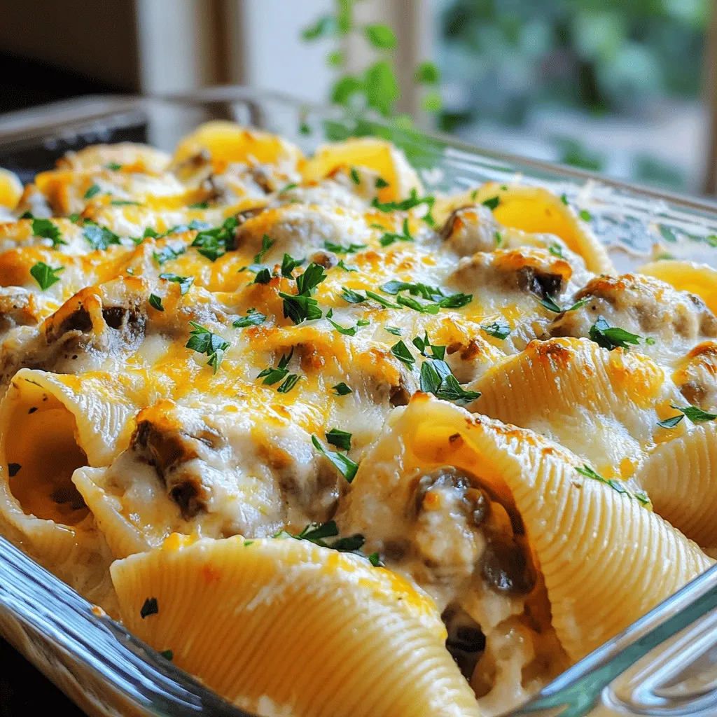 - 20 jumbo pasta shells - 2 cups ricotta cheese - 1 cup cooked spinach, finely chopped Jumbo pasta shells are the star of this dish. They hold the filling well and make every bite delightful. I prefer using a mix of ricotta cheese and cooked spinach for a creamy, rich taste. The spinach adds color and nutrients. - 1 cup grated mozzarella cheese - 1 cup grated parmesan cheese - 4 cloves garlic, minced - 1 tablespoon olive oil - 1 teaspoon dried oregano - 1/2 teaspoon salt - 1/4 teaspoon black pepper Mozzarella and parmesan blend beautifully in this dish. They add creaminess and a nice, cheesy pull. Garlic enhances the flavor, while oregano gives it a warm, earthy note. Salt and pepper are essential to balance everything. - 1/2 teaspoon red pepper flakes - Fresh parsley for garnish For those who like a kick, red pepper flakes add heat. Fresh parsley brightens the dish and adds color. You can skip the flakes if you prefer a milder flavor. For the full recipe of this delicious dish, refer to the earlier section. - Preheat your oven to 375°F (190°C). This step is key for a perfect bake. - Bring a large pot of salted water to a boil. Carefully add the jumbo shells. Cook them until they are al dente, about 10-12 minutes. Once done, drain them in a colander. Place the shells on a clean kitchen towel to cool off. - In a large skillet, heat 1 tablespoon of olive oil over medium heat. This will create a lovely base for the mushrooms. - Add 2 cups of finely chopped mushrooms to the skillet. Stir them for about 5-7 minutes until they turn golden brown. - Next, introduce 4 cloves of minced garlic. Cook for another 2 minutes until the garlic is fragrant. Remove the skillet from heat and set it aside. - In a large bowl, combine 2 cups of ricotta cheese, 1 cup of finely chopped cooked spinach, and half of the grated mozzarella and parmesan cheese. - Stir in the sautéed mushrooms, 1 teaspoon of dried oregano, and season with 1/2 teaspoon of salt and 1/4 teaspoon of black pepper. Mix everything until smooth and well combined. - In the same skillet, pour 1 cup of heavy cream. Bring it to a simmer over low heat. - Gradually add the remaining mozzarella and parmesan cheese, stirring until they melt into a creamy sauce. Season with a pinch of salt and pepper to enhance the flavor. - Take each jumbo shell and spoon about 2 tablespoons of the cheese and mushroom filling into it. - Place the stuffed shells carefully in a greased baking dish with the open side facing up. This allows the sauce to soak in. - Pour the creamy cheese sauce generously over the stuffed shells. Ensure each shell is well coated for maximum flavor. - Cover the baking dish with aluminum foil. Bake in the preheated oven for 20 minutes. - After that, remove the foil and bake for another 10-15 minutes. Look for bubbly and golden cheese on top. For the full recipe, check the details above! - To achieve al dente pasta, boil the jumbo shells in salted water. Cook them for about 1-2 minutes less than the package says. This way, they won’t turn mushy when you bake them later. - To prevent the filling from spilling out, fill each shell gently. Use about 2 tablespoons of filling and ensure the opening faces up when placing them in the dish. This keeps the creamy goodness inside. - Adding herbs like fresh basil or thyme can boost flavor. These herbs pair well with mushrooms and garlic. Just sprinkle them in the filling for a fresh taste. - If you want alternatives for creaminess, try using Greek yogurt or mascarpone. These options give you a rich texture without all the calories of heavy cream. - For garnishing, sprinkle fresh parsley or grated cheese on top. This adds color and a nice finish to your dish. - Serving suggestions include pairing the stuffed shells with garlic bread and a crisp green salad. This balances the meal with fresh and crunchy sides. For the full recipe, check out the details above! {{image_4}} You can make this dish even more exciting by adding different vegetables. Spinach is great, but you can also try zucchini, bell peppers, or artichokes. Each veggie brings its own taste. You can also substitute cheeses. If you want a lighter dish, use cottage cheese instead of ricotta. This keeps the filling creamy while cutting calories. For those who love meat, there are many options. You can include chicken or bacon for a hearty twist. Shredded rotisserie chicken works well. If you want to add bacon, cook it crispy and crumble it into the filling. You can also use ground beef or sausage. Brown them well before adding to the cheese mix. This will give a rich flavor to the dish. If you need gluten-free options, choose gluten-free pasta shells. They cook similarly to regular shells. For those who follow a vegan diet, you can use vegan cheese substitutes. Look for brands that melt well. You can also replace the heavy cream with coconut cream or a plant-based milk. These swaps keep the dish creamy without dairy. For the full recipe, check the [Full Recipe]. After enjoying your creamy garlic mushroom stuffed shells, store any leftovers in the fridge. Place them in an airtight container. This helps keep them fresh. They last for about 3 to 4 days. If you want to keep them longer, consider freezing. You can reheat these shells in two ways: the oven or the microwave. For the oven, preheat to 350°F (175°C). Place the shells in a baking dish and cover with foil. Bake for 20 minutes. For the microwave, place shells on a microwave-safe plate. Heat in 1-minute intervals until warm. To keep the texture, avoid overheating. To freeze stuffed shells, let them cool completely. Use a baking sheet to freeze them first. Once frozen, transfer the shells to a freezer-safe bag. Label the bag with the date. When ready to eat, take them out. Thaw overnight in the fridge. Reheat them in the oven or microwave as mentioned above. This way, they taste great even after freezing. Enjoy your delicious meal anytime! For the full recipe, refer to the earlier section. You can use cottage cheese or cream cheese. Both options work well. Cottage cheese gives a similar texture. Cream cheese offers a richer flavor. Blend them with some herbs for extra taste. You can store stuffed shells in the fridge for about three days. Keep them in an airtight container. This helps maintain their flavor and texture. If you want to keep them longer, consider freezing them. Yes, you can prepare the stuffed shells ahead of time. Assemble them and store them in the fridge for up to 24 hours. Just add the sauce before baking. This makes dinner easy on busy days. Stuffed shells go great with garlic bread and a light salad. You can also serve them with steamed vegetables. A simple green salad adds freshness. Choose sides that balance the creaminess of the dish. To avoid breakage, cook the shells just until al dente. Be gentle when handling them. Use a slotted spoon to remove them from boiling water. Allow them to cool on a towel to prevent sticking. Creamy Garlic Mushroom Stuffed Shells are simple and fun to make. We covered key ingredients like jumbo shells, ricotta, and spinach, plus tips for cooking, stuffing, and baking. You can get creative with variations to suit your tastes and needs. Remember, storing leftovers properly maximizes flavor and texture for later. Dive into this dish and enjoy every bite! Whether you're feeding a crowd or enjoying leftovers, this recipe shines every time. Your kitchen will be full of flavor and smiles.