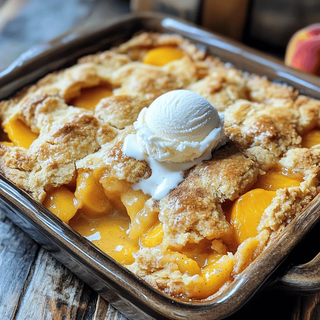 - 4 cups fresh peaches, peeled and sliced - 1 cup granulated sugar, divided - 1 teaspoon ground cinnamon - 1 tablespoon freshly squeezed lemon juice - 1 cup all-purpose flour - 1 tablespoon baking powder - 1/2 teaspoon salt - 1 cup milk - 1/2 cup unsalted butter - 1 teaspoon pure vanilla extract - Optional: whipped cream or vanilla ice cream for serving The key to a great peach cobbler lies in the quality of the ingredients. Fresh peaches bring a sweet, juicy flavor. I love using ripe peaches for the best taste. You can peel them easily and slice them into wedges. The sugar enhances their natural sweetness. Ground cinnamon adds warmth and spice. A splash of lemon juice brightens the dish. It cuts through the sweetness and adds depth. For the batter, all-purpose flour, baking powder, and salt create a light texture. Milk gives the batter a creamy feel. Melted butter adds richness and flavor. Lastly, vanilla extract brings that lovely aroma. When you serve this dish, consider adding whipped cream or a scoop of vanilla ice cream. This makes each bite even more delightful. For the full recipe, follow my detailed steps for making Juicy Peach Heaven Cobbler. Enjoy the process and the delicious result! Set your oven to 350°F (175°C). This is the perfect temperature for baking. Grease a 9x13 inch baking dish with a little butter or cooking spray. This step keeps the cobbler from sticking. In a large bowl, combine 4 cups of fresh peaches, 1/2 cup of sugar, 1 teaspoon of cinnamon, and 1 tablespoon of lemon juice. Gently mix these ingredients until the peaches are well coated. Let this sit for about 10 minutes. This helps the flavors blend together. In another bowl, mix 1 cup of flour, 1 tablespoon of baking powder, 1/2 teaspoon of salt, and the remaining 1/2 cup of sugar. Whisk these dry ingredients until combined. Then, slowly stir in 1 cup of milk, 1/2 cup of melted butter, and 1 teaspoon of vanilla extract. Mix until just combined. It’s okay if the batter looks a bit lumpy. Pour the batter into your greased baking dish. Spread it evenly across the bottom. Then, spoon the peach mixture on top of the batter. Make sure to distribute the peaches evenly, but do not stir. The batter will rise during baking and envelop the peaches. Place the dish in the preheated oven. Bake for 45 to 50 minutes. Keep an eye on it. The cobbler is done when the top is golden brown. You can check doneness by inserting a toothpick in the center. If it comes out clean, it’s ready. Once baked, take the cobbler out of the oven. Let it cool for at least 10 minutes. This cooling time helps it set. For serving, enjoy it warm with a scoop of vanilla ice cream. You can also add a sprinkle of cinnamon or a fresh mint sprig for a lovely touch. Using ripe peaches is key to a great cobbler. Look for peaches that are soft and fragrant. They should yield slightly when you squeeze them. This means they are sweet and juicy. If your peaches are not ripe, your cobbler will lack flavor. Adjust the sweetness to your taste. Some peaches are sweeter than others. Start with the recipe's sugar amount. Then, taste the peach mixture. If you want it sweeter, add more sugar. Remember, you can always add sugar, but you can't take it out! Serve your peach cobbler warm. It pairs well with vanilla ice cream or whipped cream. The cool creaminess contrasts the warm cobbler. It creates a delightful balance of flavors. You can also add garnishes to make it special. A sprinkle of cinnamon can enhance the taste. A fresh mint leaf adds color and a refreshing note. These simple touches make your dessert look and taste amazing. One common mistake is overmixing the batter. This can make the cobbler tough. Mix just until the wet and dry ingredients combine. It's okay if the batter is a bit lumpy. Another mistake is not letting the cobbler cool. Cooling allows it to set. If you cut into it right away, it can be messy. Let it cool for at least 10 minutes before serving. This way, you will have nice, clean slices. For the [Full Recipe], check the previous sections. Enjoy the journey of making this delicious dessert! {{image_4}} To make a gluten-free peach cobbler, you can use different flours. Almond flour or coconut flour works well. They give a nice texture, but you may need to adjust the amount. Start with a 1:1 ratio and see how it mixes. If it’s too thick, add a bit more milk. Baking time may need a tweak too. Gluten-free batters can take longer to cook. Check for doneness by looking for a golden top and using a toothpick. If it comes out clean, you’re good to go! For a vegan peach cobbler, you need to replace eggs. Use flaxseed meal or applesauce instead. Mix one tablespoon of flaxseed meal with three tablespoons of water and let it sit. This acts as an egg substitute. You also need dairy alternatives. Almond milk or coconut milk can replace regular milk. For butter, use coconut oil or vegan butter. These swaps keep the dish rich and creamy without any animal products. You can add a twist to your peach cobbler by mixing in other fruits. Blueberries or raspberries pair wonderfully with peaches. They add color and a tangy taste that brightens the dish. Spice it up too! Consider adding a dash of nutmeg or ginger. These spices can enhance the flavor and make your cobbler unique. Experiment with what you like best! To keep your peach cobbler fresh, cool it completely first. Leave it on the counter for about an hour. Then, cover it tightly with plastic wrap or aluminum foil. You can also place it in an airtight container. This helps prevent drying out and keeps it tasty. You can freeze peach cobbler if you want to save some for later. To freeze it before baking, cover the unbaked cobbler well and place it in the freezer. For freezing after baking, cool it completely, then wrap it tightly. Make sure to label it with the date. When you are ready to eat it, thaw it in the fridge overnight before reheating. To reheat your peach cobbler, I recommend the oven for the best texture. Preheat it to 350°F (175°C) and place the cobbler in a baking dish. Cover it with foil to keep it moist. Heat for about 20-25 minutes. You can also use the microwave for a quick fix. Just heat it for 30-second intervals until warm. However, the texture might not be as good as when using the oven. For the full recipe, check out the Juicy Peach Heaven Cobbler. Yes, you can use canned peaches. They save time and are easy to find. However, fresh peaches give the best flavor. If using canned peaches, drain them well. You might want to reduce the sugar a bit since canned peaches are sweetened. Always taste the filling and adjust the sugar to your liking. Look for a golden brown top. The edges should be bubbly and crisp. Insert a toothpick in the center—if it comes out clean, the cobbler is ready. If there is wet batter, give it more time. Be patient as the cobbler cools a bit after baking; it will set more. Peach cobbler is great with vanilla ice cream or whipped cream. You can also serve it with a drizzle of caramel sauce. For drinks, try sweet tea or a nice glass of lemonade. These pair well with the warm cobbler and enhance the sweet flavors. Peach cobbler lasts about 3 to 4 days in the fridge. Store it in an airtight container to keep it fresh. You can also freeze it for a longer shelf life. If frozen, eat it within 3 months for the best taste. Just remember to let it cool before storing. For the full details, check out my classic Juicy Peach Heaven Cobbler recipe. In this post, I covered how to make a delicious peach cobbler. We discussed the ingredients needed, step-by-step instructions, and tips for success. Remember to use ripe peaches and avoid overmixing the batter. You can also explore variations like gluten-free or vegan options. Proper storage and reheating can keep your cobbler fresh. With these guidelines, you can create a perfect dessert to share with friends and family. Enjoy your baking journey and savor every bite of your peach cobbler!