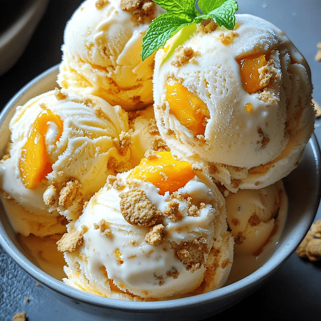 To make peach cobbler ice cream, you need fresh, ripe peaches. Here’s what else you’ll need: - 2 cups ripe peaches, peeled and diced - 1 cup heavy cream - 1 cup whole milk - 3/4 cup granulated sugar - 1 teaspoon vanilla extract - 1 teaspoon ground cinnamon - 1/2 cup crumbled shortbread cookies - Pinch of salt These ingredients create a smooth and creamy ice cream. The diced peaches add sweetness and flavor. The heavy cream and milk bring richness. Sugar enhances the taste, while vanilla and cinnamon add depth. Besides the fresh ingredients, some pantry items are key: - Granulated sugar: Sweetens the ice cream. - Vanilla extract: Adds warmth and flavor. - Ground cinnamon: Brings a hint of spice. - Salt: Balances the sweetness. These pantry staples help elevate your peach cobbler ice cream. They add flavor and make each scoop enjoyable. Selecting the right peaches is crucial. Here are some tips: - Look for ripe peaches: They should feel slightly soft but not mushy. - Check the color: Choose peaches with a vibrant yellow or golden hue. - Smell them: Ripe peaches have a sweet, fragrant aroma. Using the best peaches improves the flavor of your ice cream. Fresh, juicy peaches make all the difference in this delightful treat. To start, gather your ripe peaches. You will need 2 cups, peeled and diced. In a medium saucepan, mix the peaches, 1/4 cup of sugar, and 1 teaspoon of ground cinnamon. Set the heat to medium. Cook this mix for about 5-7 minutes. Stir it often. You want the peaches to soften and release their juices. When they are ready, take the pan off the heat. Let this mixture cool down completely. Next, take a mixing bowl and whisk together 1 cup of heavy cream, 1 cup of whole milk, and the remaining 1/2 cup of sugar. Add 1 teaspoon of vanilla extract and a pinch of salt. Mix well until the sugar dissolves. This creamy base is key to your ice cream. Once your peach mixture is cool, gently fold it into the cream mix. Make sure to keep some larger peach chunks for texture. Now, pour your blended mix into an ice cream maker. Follow the manufacturer's instructions for churning, which usually takes 20-25 minutes. As the ice cream gets thick, add in 1/2 cup of crumbled shortbread cookies. This adds that cobbler crunch. After churning, transfer your ice cream into an airtight container. Place it in the freezer. Let it freeze for at least 4 hours. This step helps it become firm and scoopable. When ready to serve, scoop the ice cream into bowls. You can add extra peach slices on top for a nice touch. Enjoy your homemade peach cobbler ice cream! For the complete recipe, check out the Full Recipe section. To make your peach cobbler ice cream creamy, use heavy cream and whole milk. These ingredients add rich flavor and smoothness. Churn the mixture in your ice cream maker until it reaches a soft-serve texture. Over-churning can lead to ice crystals, so keep an eye on it. Lastly, let the ice cream freeze for at least four hours. This step ensures a perfect scoop. You can add other flavors to your peach cobbler ice cream. A splash of almond extract can deepen the taste. Try adding a bit of nutmeg for warmth. Mixing in some fresh lemon juice brightens the peach flavor. You can also experiment with different spices. Just a pinch can make a big difference. Many people make simple mistakes when making ice cream. One common error is not cooling the peach mixture completely. This step is crucial for a smooth texture. Also, don’t skip the salt; it enhances all the flavors. Lastly, avoid using canned peaches; fresh ripe peaches provide the best taste. Follow the full recipe for the best results. {{image_4}} You can get creative with mix-ins in your peach cobbler ice cream. Try adding chopped nuts like pecans or walnuts for a crunchy bite. You can also toss in some chocolate chips for a sweet twist. Crushed graham crackers can mimic the cobbler crust too. Mix and match to find your favorite flavors! If you want a vegan or dairy-free version, swap the heavy cream and whole milk for coconut cream and almond milk. You can use maple syrup instead of sugar for natural sweetness. This keeps the creamy texture and rich taste while fitting your dietary needs. You won’t miss the dairy in this delicious treat. Change up the recipe based on what fruits are in season. In summer, try berries like blueberries or blackberries. In fall, apples or pears can create a cozy flavor. Each fruit adds its own charm, so feel free to experiment. This way, you can enjoy a new version of peach cobbler ice cream all year long. When storing peach cobbler ice cream, use an airtight container. This helps keep out air and ice crystals. You want the ice cream to stay smooth and creamy. Make sure to press a piece of plastic wrap directly against the surface before sealing the container. This extra layer will help keep moisture at bay. Peach cobbler ice cream lasts up to two weeks in the freezer. After that, it may lose its flavor and texture. For the best taste, try to enjoy it within the first week. If you freeze it longer, check for any changes before serving. If you have leftover ice cream, you can re-freeze it. Just make sure to keep it in the airtight container. When you scoop out some ice cream, avoid using a warm spoon. This helps prevent melting and refreezing, which can cause ice crystals. If you notice any separation, simply stir before serving. This will restore the creamy texture. For more details, check the Full Recipe for tips on making and storing this delightful treat. Yes, you can! If you don't have an ice cream maker, use a simple method. After mixing your ingredients, pour the mixture into a shallow dish. Place it in the freezer. Every 30 minutes, stir the mixture with a fork. Do this for 3-4 hours until it is creamy and smooth. To make peach cobbler ice cream healthier, you can swap some ingredients. Use low-fat milk instead of whole milk. You can also reduce the sugar by half or use a natural sweetener. For a dairy-free option, try coconut milk or almond milk. This way, you can still enjoy the flavor without too many calories. Serve peach cobbler ice cream in chilled bowls. You can add extra peach slices on top for a fresh touch. For added texture, sprinkle more crumbled shortbread cookies. A mint leaf on top gives it a nice look too. It makes every scoop feel special! - Have more questions about peach cobbler ice cream? Feel free to ask! Peach cobbler ice cream combines fresh peaches and sweet cream to create a delightful treat. We covered key ingredients, step-by-step instructions, and helpful tips for the best results. Remember to choose ripe peaches and be careful when churning your ice cream. With fun variations, like vegan options, this dessert can suit anyone's taste. Proper storage ensures it stays fresh. Enjoy making your own peach cobbler ice cream, and don’t hesitate to experiment with flavors. You'll impress friends and family with this simple yet delicious dessert.