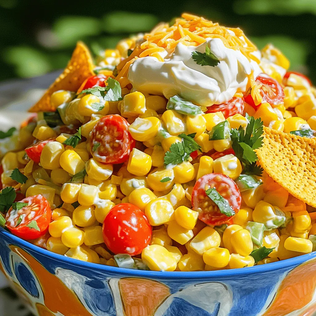To make a tasty Frito Corn Salad, gather these simple ingredients: - 2 cups fresh corn (or canned, drained) - 1 cup cherry tomatoes, cut in half - 1 cup mixed-color bell peppers, diced - 1 small red onion, finely chopped - 1 cup shredded sharp cheddar cheese - 1 cup Fritos corn chips - 1/2 cup sour cream - 1/4 cup mayonnaise - 1 tablespoon lime juice - 1 teaspoon chili powder - Salt and freshly cracked pepper to taste - Fresh cilantro, chopped (for garnish, optional) These ingredients blend together to create a fresh and crunchy salad. You can use fresh corn when it's in season for the best flavor. Canned corn works too and saves time. I love adding cherry tomatoes for a sweet touch. Mixed bell peppers add color and crunch, while red onion gives a slight bite. Cheddar cheese makes it rich and creamy. The Fritos add a fun crunch that contrasts with the soft veggies. The dressing combines sour cream and mayonnaise for creaminess, with lime juice and chili powder for zing. You can adjust salt and pepper to taste. If you want, sprinkle cilantro on top for a fresh finish. For the full recipe, check back on the instructions later. Enjoy creating this delightful dish! - Step 1: Mixing the Fresh Ingredients Start with a large bowl. Add 2 cups of fresh corn, or canned corn if you prefer. Next, add 1 cup of halved cherry tomatoes, 1 cup of diced bell peppers, and 1 small chopped red onion. Mix them gently with a spatula until everything is well combined. - Step 2: Adding Cheese to the Mixture Now, sprinkle 1 cup of shredded sharp cheddar cheese on top of your mixture. Stir it again to ensure the cheese spreads evenly throughout the salad. This adds a creamy texture and a rich flavor. - Step 3: Creating the Creamy Dressing In a separate bowl, mix together 1/2 cup of sour cream, 1/4 cup of mayonnaise, 1 tablespoon of lime juice, and 1 teaspoon of chili powder. Add a pinch of salt and some freshly cracked pepper. Whisk these until smooth. This dressing ties all the flavors together. - Step 4: Folding in the Dressing Pour your creamy dressing over the corn and veggie mix. Use a spatula to fold it in gently. Make sure every bit of the salad gets coated in that delicious dressing. - Step 5: Adding Fritos Right Before Serving Just before you serve, add 1 cup of Fritos corn chips to the salad. Toss them lightly to mix. This keeps them crunchy and adds a fun texture to your dish. - Step 6: Final Seasoning Adjustments Taste your salad. If it needs more flavor, add a little more salt, pepper, or lime juice. Adjust it to your liking for the best taste. - Step 7: Garnishing Options For a pretty finish, garnish your salad with freshly chopped cilantro, if you like. It adds a pop of color and a fresh flavor. Serve it right away for the best texture and taste! You can find the full recipe for Fabulous Frito Corn Salad in the earlier sections of this article. Enjoy making this quick and tasty dish! - Alternatives for Fresh Corn If you can't find fresh corn, use canned corn. Just drain it well. Frozen corn is another good choice. Thaw it and drain before using. Both options keep the salad tasty. - Vegan Dressing Options For a vegan salad, swap sour cream with cashew cream or vegan mayo. Use a splash of lime juice for a fresh kick. These options still make the salad creamy and delicious. - Best Pairings for Frito Corn Salad This salad pairs well with grilled meats, like chicken or steak. It also goes great with tacos or burgers. The crunch of Fritos adds a fun texture to any meal. - Ideal Serving Dishes Serve your salad in a big, clear bowl. This shows off the colorful veggies. A rustic wooden bowl adds a nice, homey touch. - Making Ahead of Time You can prepare the salad a few hours before serving. Just mix everything but the Fritos. Add them right before serving to keep them crunchy. - Quick Serving Ideas For a fast meal, serve this salad in wrap sandwiches. Just scoop some salad onto a tortilla and wrap it up. It's a fun way to eat! {{image_4}} You can make your Frito corn salad spicy by adding jalapeños or hot sauce. Just chop fresh jalapeños and mix them in. If you prefer, drizzle some hot sauce into the creamy dressing. This will give your salad a nice kick without overpowering the other flavors. Adjust the amount based on how spicy you like your food. For a Southwest twist, add black beans and avocado. Black beans add protein and fiber, making the salad heartier. Diced avocado brings creaminess that pairs well with the crunch of Fritos. This variation not only tastes great but also boosts the nutrition of the dish. You can enhance your salad with other crunchy snacks or different cheeses. Try adding tortilla chips for extra crunch. You can also use feta or pepper jack cheese instead of cheddar for a different flavor. Experiment with what you have on hand. Each addition can bring a new taste to this fun salad. For the full recipe, check out the [Full Recipe]. To keep your Frito Corn Salad fresh, store it in an airtight container. This helps keep moisture out and flavor in. Place the salad in the fridge right after serving. Make sure the Fritos are added only when you serve it. This keeps them crunchy and tasty. Frito Corn Salad lasts about 3 days in the fridge. After that, it may lose its flavor and texture. If you notice any odd smells or changes in color, it’s best to throw it away. Always trust your senses! You don’t need to reheat Frito Corn Salad. If you want it warm, heat the corn separately. Mix it back into the salad once it cools down. Remember, keep the Fritos out until you are ready to eat. This keeps them crunchy and fun to munch! Can I use frozen corn instead of fresh? Yes, you can use frozen corn. Just thaw it before mixing. Frozen corn tastes sweet and works well. How do I make this recipe gluten-free? To make it gluten-free, use gluten-free Fritos. Check the label to be sure. The rest of the ingredients are naturally gluten-free. Can I prepare this salad a day in advance? You can prepare the salad a day ahead, but add Fritos right before serving. This keeps them crunchy and fresh. Is Frito Corn Salad healthy? Frito Corn Salad has some healthy ingredients, like corn and veggies. However, it is rich in calories due to cheese and dressing. What are the nutritional benefits of this salad? This salad provides fiber from corn and vitamins from veggies. It also has protein from cheese. Enjoy it in moderation for balanced nutrition. How many people does this recipe serve? This recipe serves about 4 to 6 people. Perfect for a small gathering or side dish. Can I adjust the serving size easily? Yes, you can easily double or halve the recipe. Just keep the ingredient ratios the same for best results. For the full recipe, check above. In this blog post, we explored how to make a delicious Frito Corn Salad. We covered essential ingredients, step-by-step instructions, and helpful tips. You can enjoy this dish with many variations, ensuring everyone loves it. Remember to store leftovers properly for the best taste. With simple swaps and smart preparation, you can make this salad a hit at any gathering. Dive in and share your culinary creations!