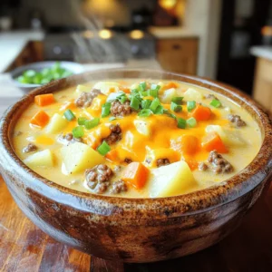 To make the best cheeseburger soup, gather these simple ingredients: - 1 pound ground beef - 1 medium onion, finely diced - 2 cloves garlic, minced - 2 medium carrots, finely diced - 2 celery stalks, finely diced - 4 medium potatoes, peeled and cubed - 4 cups beef broth - 1 tablespoon ketchup - 1 tablespoon yellow mustard - 1 teaspoon Worcestershire sauce - 1 teaspoon smoked paprika - Salt and pepper to taste - 2 cups sharp cheddar cheese, shredded - 1 cup whole milk - 1/2 cup sour cream - 3 green onions, thinly sliced Each ingredient plays a key role. The ground beef gives a rich flavor. The onions and garlic add depth and aroma. Carrots and celery bring sweetness and crunch. Potatoes make the soup hearty and filling. The beef broth serves as a savory base. Ketchup and mustard lend that classic cheeseburger taste. Worcestershire sauce adds a tangy kick, while smoked paprika gives warmth. The cheese, milk, and sour cream make it creamy and delicious. Finally, green onions add a fresh touch as a garnish. For the full recipe, check out the detailed steps to create this creamy and hearty delight. Start with a large pot or Dutch oven. Heat it over medium heat. Add the ground beef. Cook it for about 5-7 minutes. Use a spatula to break it up as it cooks. Look for it to turn brown and fully cooked. If you see excess fat, drain it out carefully. This step adds flavor to your soup. Next, add the diced onion and minced garlic to the pot. Sauté for about 3-4 minutes. You want the onion to turn soft and fragrant. Then, mix in the diced carrots and celery. Cook these for 4-5 minutes. Stir them often until they start to soften. Now, add the cubed potatoes. Pour in the beef broth along with the ketchup, mustard, Worcestershire sauce, and paprika. Stir everything together well. Bring the soup to a boil. Once boiling, lower the heat and let it simmer uncovered for 15-20 minutes. The potatoes should be fork-tender by now. After the potatoes are cooked, it's time to add creaminess. Stir in the shredded cheddar cheese, milk, and sour cream. Keep stirring until the cheese melts completely. This will make your soup rich and smooth. Taste it and add salt and pepper as needed. Let it simmer for another 5 minutes. This helps the flavors blend nicely. When ready, serve hot in bowls. Top with sliced green onions for a fresh touch. Enjoy this creamy and hearty delight from the Full Recipe! Prepping your vegetables ahead of time makes cooking easier. Chop your onions, carrots, and celery before you start. This helps you stay organized and focused. You can also enhance flavor with seasonings. Adding smoked paprika brings a nice depth. A bit of Worcestershire sauce adds umami too. Don’t forget salt and pepper; they are key to a tasty soup. Pairing this soup with crusty bread or a fresh salad makes a great meal. The bread soaks up the creamy soup nicely. A side salad adds crunch and freshness. You can also sprinkle extra cheese on top for a fun twist. To make this soup, you’ll need some basic kitchen tools. A large pot or Dutch oven is essential for cooking. A good knife helps with chopping vegetables. A spatula or wooden spoon is great for stirring the soup. Finally, have a ladle ready for serving your delicious cheeseburger soup. For the complete recipe, check out the [Full Recipe]. {{image_4}} To make your cheeseburger soup spicy, add jalapeños. Chop them finely and stir them in when you cook the onions. You can also add a dash of hot sauce for extra kick. This twist gives the soup a fun heat that many will love. If you want more flavors, try adding chili powder or crushed red pepper flakes. For those who enjoy veggies, you can create a vegetarian version. Replace the ground beef with cooked lentils or black beans. Use vegetable broth instead of beef broth. Add more veggies like bell peppers or zucchini. This option keeps the heartiness while making it meat-free. You still get a rich flavor and creamy texture. Cheese is key in this soup. While sharp cheddar is great, feel free to mix it up. Try gouda for a smoky flavor or pepper jack for a spicy kick. You can even use cream cheese for an extra creamy base. Each cheese adds a unique taste and texture, so play around to find your favorite! For the full recipe, check out The Ultimate Cheeseburger Soup. I love keeping leftovers of this cheeseburger soup. To store them, let the soup cool first. Then, pour it into an airtight container. You can keep it in the fridge for up to three days. If you want to enjoy it longer, freezing is a great option. When you are ready to eat the soup again, reheat it on the stove. Pour the soup into a pot over medium heat. Stir occasionally until it heats through. You can also microwave it in a bowl. Heat it in short bursts, stirring in between. This way, you avoid hot spots. Freezing this soup is simple. After cooling, pour it into freezer-safe bags or containers. Leave some space at the top for expansion. It can last up to three months in the freezer. To enjoy it later, thaw it overnight in the fridge. Then, reheat it as mentioned above. For the full recipe, you can check the link provided earlier. Yes, you can use ground turkey. It will make the soup leaner. The flavor will change, but it's still tasty. Ground turkey cooks quickly. Just brown it like ground beef. If your soup is thick, add more broth or milk. Stir it well until you reach your desired consistency. You can also add water if needed. Just remember to taste and adjust the seasoning. Cheeseburger soup can last in the fridge for about 3 days. Store it in an airtight container. If you want to keep it longer, consider freezing it. Yes, you can make this soup in a slow cooker. Brown the meat first, then add all the other ingredients. Cook on low for 6-8 hours or high for 3-4 hours. Reheat the soup on the stove over low heat. Stir often to prevent sticking. You can also use the microwave. Heat in 30-second bursts, stirring in between. Enjoy your creamy and hearty delight! For the full recipe, check out the Ultimate Cheeseburger Soup. This blog post shared a simple recipe for cheeseburger soup. You learned about the key ingredients, cooking steps, and helpful tips. I also suggested variations for spicy or vegetarian options. Remember to use quality beef and fresh veggies for the best taste. Don’t forget to store leftovers correctly to enjoy later. With these steps, you can make a comforting, hearty soup that warms the soul. Enjoy cooking and sharing this dish with those you love. Happy cooking!