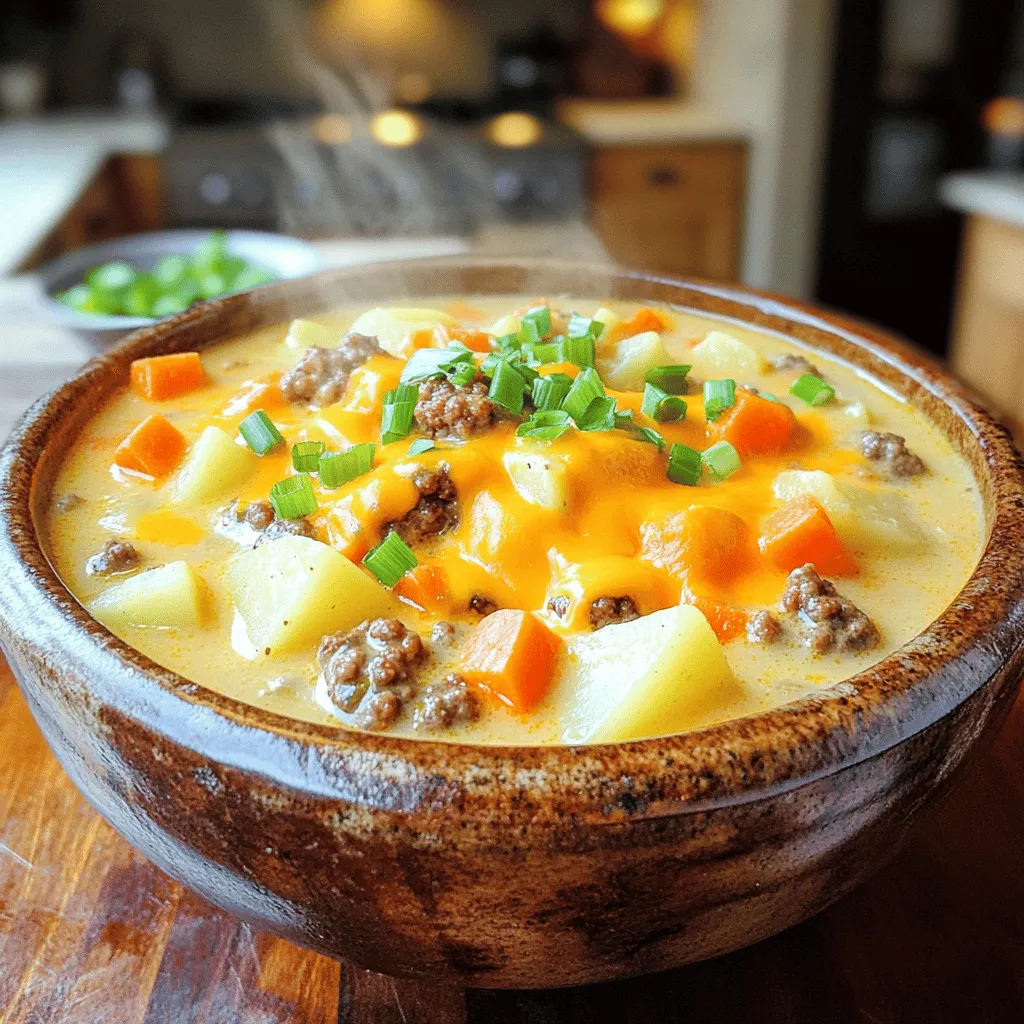 To make the best cheeseburger soup, gather these simple ingredients: - 1 pound ground beef - 1 medium onion, finely diced - 2 cloves garlic, minced - 2 medium carrots, finely diced - 2 celery stalks, finely diced - 4 medium potatoes, peeled and cubed - 4 cups beef broth - 1 tablespoon ketchup - 1 tablespoon yellow mustard - 1 teaspoon Worcestershire sauce - 1 teaspoon smoked paprika - Salt and pepper to taste - 2 cups sharp cheddar cheese, shredded - 1 cup whole milk - 1/2 cup sour cream - 3 green onions, thinly sliced Each ingredient plays a key role. The ground beef gives a rich flavor. The onions and garlic add depth and aroma. Carrots and celery bring sweetness and crunch. Potatoes make the soup hearty and filling. The beef broth serves as a savory base. Ketchup and mustard lend that classic cheeseburger taste. Worcestershire sauce adds a tangy kick, while smoked paprika gives warmth. The cheese, milk, and sour cream make it creamy and delicious. Finally, green onions add a fresh touch as a garnish. For the full recipe, check out the detailed steps to create this creamy and hearty delight. Start with a large pot or Dutch oven. Heat it over medium heat. Add the ground beef. Cook it for about 5-7 minutes. Use a spatula to break it up as it cooks. Look for it to turn brown and fully cooked. If you see excess fat, drain it out carefully. This step adds flavor to your soup. Next, add the diced onion and minced garlic to the pot. Sauté for about 3-4 minutes. You want the onion to turn soft and fragrant. Then, mix in the diced carrots and celery. Cook these for 4-5 minutes. Stir them often until they start to soften. Now, add the cubed potatoes. Pour in the beef broth along with the ketchup, mustard, Worcestershire sauce, and paprika. Stir everything together well. Bring the soup to a boil. Once boiling, lower the heat and let it simmer uncovered for 15-20 minutes. The potatoes should be fork-tender by now. After the potatoes are cooked, it's time to add creaminess. Stir in the shredded cheddar cheese, milk, and sour cream. Keep stirring until the cheese melts completely. This will make your soup rich and smooth. Taste it and add salt and pepper as needed. Let it simmer for another 5 minutes. This helps the flavors blend nicely. When ready, serve hot in bowls. Top with sliced green onions for a fresh touch. Enjoy this creamy and hearty delight from the Full Recipe! Prepping your vegetables ahead of time makes cooking easier. Chop your onions, carrots, and celery before you start. This helps you stay organized and focused. You can also enhance flavor with seasonings. Adding smoked paprika brings a nice depth. A bit of Worcestershire sauce adds umami too. Don’t forget salt and pepper; they are key to a tasty soup. Pairing this soup with crusty bread or a fresh salad makes a great meal. The bread soaks up the creamy soup nicely. A side salad adds crunch and freshness. You can also sprinkle extra cheese on top for a fun twist. To make this soup, you’ll need some basic kitchen tools. A large pot or Dutch oven is essential for cooking. A good knife helps with chopping vegetables. A spatula or wooden spoon is great for stirring the soup. Finally, have a ladle ready for serving your delicious cheeseburger soup. For the complete recipe, check out the [Full Recipe]. {{image_4}} To make your cheeseburger soup spicy, add jalapeños. Chop them finely and stir them in when you cook the onions. You can also add a dash of hot sauce for extra kick. This twist gives the soup a fun heat that many will love. If you want more flavors, try adding chili powder or crushed red pepper flakes. For those who enjoy veggies, you can create a vegetarian version. Replace the ground beef with cooked lentils or black beans. Use vegetable broth instead of beef broth. Add more veggies like bell peppers or zucchini. This option keeps the heartiness while making it meat-free. You still get a rich flavor and creamy texture. Cheese is key in this soup. While sharp cheddar is great, feel free to mix it up. Try gouda for a smoky flavor or pepper jack for a spicy kick. You can even use cream cheese for an extra creamy base. Each cheese adds a unique taste and texture, so play around to find your favorite! For the full recipe, check out The Ultimate Cheeseburger Soup. I love keeping leftovers of this cheeseburger soup. To store them, let the soup cool first. Then, pour it into an airtight container. You can keep it in the fridge for up to three days. If you want to enjoy it longer, freezing is a great option. When you are ready to eat the soup again, reheat it on the stove. Pour the soup into a pot over medium heat. Stir occasionally until it heats through. You can also microwave it in a bowl. Heat it in short bursts, stirring in between. This way, you avoid hot spots. Freezing this soup is simple. After cooling, pour it into freezer-safe bags or containers. Leave some space at the top for expansion. It can last up to three months in the freezer. To enjoy it later, thaw it overnight in the fridge. Then, reheat it as mentioned above. For the full recipe, you can check the link provided earlier. Yes, you can use ground turkey. It will make the soup leaner. The flavor will change, but it's still tasty. Ground turkey cooks quickly. Just brown it like ground beef. If your soup is thick, add more broth or milk. Stir it well until you reach your desired consistency. You can also add water if needed. Just remember to taste and adjust the seasoning. Cheeseburger soup can last in the fridge for about 3 days. Store it in an airtight container. If you want to keep it longer, consider freezing it. Yes, you can make this soup in a slow cooker. Brown the meat first, then add all the other ingredients. Cook on low for 6-8 hours or high for 3-4 hours. Reheat the soup on the stove over low heat. Stir often to prevent sticking. You can also use the microwave. Heat in 30-second bursts, stirring in between. Enjoy your creamy and hearty delight! For the full recipe, check out the Ultimate Cheeseburger Soup. This blog post shared a simple recipe for cheeseburger soup. You learned about the key ingredients, cooking steps, and helpful tips. I also suggested variations for spicy or vegetarian options. Remember to use quality beef and fresh veggies for the best taste. Don’t forget to store leftovers correctly to enjoy later. With these steps, you can make a comforting, hearty soup that warms the soul. Enjoy cooking and sharing this dish with those you love. Happy cooking!