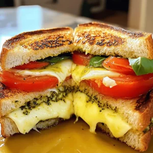 To make the perfect Italian grilled cheese, you need fresh and high-quality ingredients. Here’s what you’ll need: - 2 slices of rustic Italian bread - 1 cup fresh mozzarella, sliced into thick rounds - 1/2 cup aged provolone cheese, sliced - 1 medium ripe tomato, sliced - 1/4 cup fresh basil leaves - 2 tablespoons pesto sauce (store-bought or homemade) - 2 tablespoons extra virgin olive oil - Salt and freshly cracked black pepper to taste These ingredients create a sandwich full of flavor and texture. For this sandwich, I love using mozzarella and provolone. Mozzarella melts beautifully. Provolone adds a rich, sharp taste. You can also experiment with other cheeses. Try gouda or fontina for a new twist. Each cheese brings its unique flavor, making your sandwich special. Fresh herbs and vegetables make your sandwich vibrant. Basil leaves add a sweet and aromatic touch. Using ripe tomatoes brings juicy freshness. You can also add spinach or arugula for extra greens. These elements not only enhance taste but also add color and nutrition to your meal. You can find the full recipe for Italian Grilled Cheese Delight in the main article. Enjoy cooking! To start, heat your skillet over medium heat. Make sure it warms up evenly. This step is key for a nice sear. You want it hot enough to crisp the bread but not so hot that it burns. A good test is to sprinkle a drop of water on the skillet. If it sizzles, you're ready. Next, grab your rustic Italian bread. Brush one side of each slice with extra virgin olive oil. This adds flavor and helps the bread crisp up. Place one slice in the skillet, oiled side down. Spread pesto on the top side. Then layer fresh mozzarella, aged provolone, tomato slices, and basil leaves. Season with salt and black pepper. Finally, top it with the second slice of bread, oiled side up. Cook the sandwich for 3-4 minutes. Keep an eye on it until the bottom is golden brown. Flip the sandwich gently and grill the other side for another 3-4 minutes. You want both sides crispy and the cheese melted. Once done, use a spatula to move the sandwich to a cutting board. Cut it in half for a nice presentation. Enjoy your delicious Italian Grilled Cheese! To boost flavor in your Italian grilled cheese, use seasonings like salt and pepper. A pinch of garlic powder adds a nice kick. You can also sprinkle some Italian herbs like oregano or thyme. These simple additions make each bite more exciting. Experiment with spices to find your favorite mix! For the best sandwich, pick rustic Italian bread. It has a great texture, perfect for grilling. Look for bread that is thick and sturdy. This helps hold the cheese and fillings without falling apart. Sourdough is another tasty option. It adds a unique flavor and crunch that enhances your sandwich. You can change up the cheese for different tastes. Try using sharp cheddar or creamy goat cheese. Mixing cheeses like mozzarella and provolone gives a rich flavor. You can also add extras like spinach or sun-dried tomatoes. These additions bring new flavors and colors to your sandwich. Don't be afraid to get creative! For more ideas, check the Full Recipe. {{image_4}} This version is simple yet full of flavor. Use fresh mozzarella and aged provolone. The pesto adds a nice herby touch. Just spread pesto on the bread before adding cheese. The combination melts beautifully. This style is fresh and bright. Start with mozzarella and ripe tomatoes. Add fresh basil for that classic Caprese taste. A drizzle of balsamic reduction makes it special. The sweet tang of balsamic pairs well with the cheese. For a kick, try adding roasted red peppers. They bring a sweet heat to the sandwich. Use pepper jack cheese for more spice. The heat balances well with the creamy cheese. This version is perfect for spice lovers. For more delicious ideas, check out the Full Recipe. To keep your leftover Italian grilled cheese sandwiches fresh, wrap them tightly in foil or plastic wrap. This helps to keep moisture in, so the bread stays soft. Place the wrapped sandwiches in an airtight container. Store them in the fridge for up to three days. If you want them to last longer, consider freezing them. When it's time to enjoy your leftovers, reheating is key. I recommend using a skillet over low heat. This method warms the sandwich evenly and keeps it crispy. Just place the sandwich in the skillet and cover it with a lid. Heat for about 5-7 minutes on each side. You can also use an oven set to 350°F. Wrap the sandwich in foil and heat for about 15 minutes. Freezing is a great option if you want to save sandwiches for later. Wrap each sandwich in foil and then place them in a freezer bag. Make sure to squeeze out any air. You can freeze them for up to a month. When you're ready to eat, thaw them overnight in the fridge before reheating. This keeps the texture nice and helps the flavors stay intact. If you want to be fancy, you can even grill them right from frozen, just add a few extra minutes! You can find the full recipe for Italian Grilled Cheese Delight to enjoy these tasty sandwiches at any time. The best cheese for Italian grilled cheese is fresh mozzarella. It melts well, creating a gooey texture. Aged provolone adds a sharp flavor, making the sandwich rich and tasty. Combining both gives a great blend of creaminess and flavor. You can also try fontina or gouda for a twist. Yes, you can use gluten-free bread! It works well with this recipe. Just pick a sturdy gluten-free bread that can hold the fillings. Look for a brand that has a good texture for grilling. This way, everyone can enjoy a delicious Italian grilled cheese. To make a vegan version, use vegan cheese substitutes. Look for brands that melt well. You can also use hummus or avocado as spreads. For the bread, choose vegan-friendly options. Adding fresh veggies like spinach or roasted red peppers boosts flavor and nutrition. Italian grilled cheese pairs well with many sides. A fresh salad with mixed greens is a great choice. You can also serve it with tomato soup for a classic combo. Try adding some pickles or olives for a tangy bite. These sides balance the richness of the sandwich. You can find the full recipe for Italian Grilled Cheese Delight at the beginning of this article. It gives step-by-step instructions and all the tasty ingredients you need. This ensures you can make the perfect sandwich every time. Enjoy! Italian grilled cheese sandwiches are a tasty way to enjoy simple ingredients. We explored key ingredients like cheese, herbs, and veggies. You learned how to prepare the skillet and assemble the sandwich for the best crunch. With tips on seasonings and bread choices, you can make unique variations too. Don't forget storage tips for leftovers! Now, take these ideas and make your own delicious sandwiches. Enjoy experimenting and sharing them with family and friends. Your kitchen will be filled with amazing flavors and smiles.