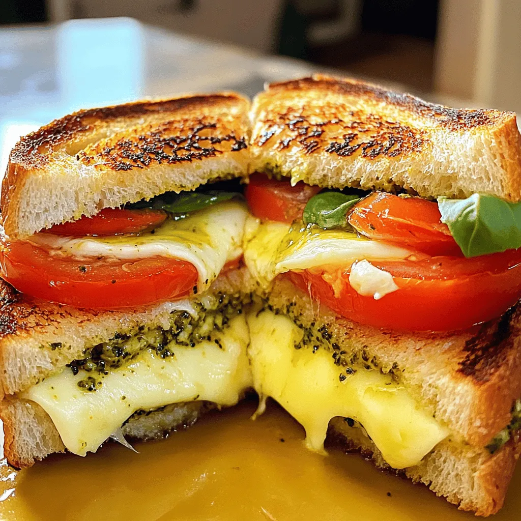 To make the perfect Italian grilled cheese, you need fresh and high-quality ingredients. Here’s what you’ll need: - 2 slices of rustic Italian bread - 1 cup fresh mozzarella, sliced into thick rounds - 1/2 cup aged provolone cheese, sliced - 1 medium ripe tomato, sliced - 1/4 cup fresh basil leaves - 2 tablespoons pesto sauce (store-bought or homemade) - 2 tablespoons extra virgin olive oil - Salt and freshly cracked black pepper to taste These ingredients create a sandwich full of flavor and texture. For this sandwich, I love using mozzarella and provolone. Mozzarella melts beautifully. Provolone adds a rich, sharp taste. You can also experiment with other cheeses. Try gouda or fontina for a new twist. Each cheese brings its unique flavor, making your sandwich special. Fresh herbs and vegetables make your sandwich vibrant. Basil leaves add a sweet and aromatic touch. Using ripe tomatoes brings juicy freshness. You can also add spinach or arugula for extra greens. These elements not only enhance taste but also add color and nutrition to your meal. You can find the full recipe for Italian Grilled Cheese Delight in the main article. Enjoy cooking! To start, heat your skillet over medium heat. Make sure it warms up evenly. This step is key for a nice sear. You want it hot enough to crisp the bread but not so hot that it burns. A good test is to sprinkle a drop of water on the skillet. If it sizzles, you're ready. Next, grab your rustic Italian bread. Brush one side of each slice with extra virgin olive oil. This adds flavor and helps the bread crisp up. Place one slice in the skillet, oiled side down. Spread pesto on the top side. Then layer fresh mozzarella, aged provolone, tomato slices, and basil leaves. Season with salt and black pepper. Finally, top it with the second slice of bread, oiled side up. Cook the sandwich for 3-4 minutes. Keep an eye on it until the bottom is golden brown. Flip the sandwich gently and grill the other side for another 3-4 minutes. You want both sides crispy and the cheese melted. Once done, use a spatula to move the sandwich to a cutting board. Cut it in half for a nice presentation. Enjoy your delicious Italian Grilled Cheese! To boost flavor in your Italian grilled cheese, use seasonings like salt and pepper. A pinch of garlic powder adds a nice kick. You can also sprinkle some Italian herbs like oregano or thyme. These simple additions make each bite more exciting. Experiment with spices to find your favorite mix! For the best sandwich, pick rustic Italian bread. It has a great texture, perfect for grilling. Look for bread that is thick and sturdy. This helps hold the cheese and fillings without falling apart. Sourdough is another tasty option. It adds a unique flavor and crunch that enhances your sandwich. You can change up the cheese for different tastes. Try using sharp cheddar or creamy goat cheese. Mixing cheeses like mozzarella and provolone gives a rich flavor. You can also add extras like spinach or sun-dried tomatoes. These additions bring new flavors and colors to your sandwich. Don't be afraid to get creative! For more ideas, check the Full Recipe. {{image_4}} This version is simple yet full of flavor. Use fresh mozzarella and aged provolone. The pesto adds a nice herby touch. Just spread pesto on the bread before adding cheese. The combination melts beautifully. This style is fresh and bright. Start with mozzarella and ripe tomatoes. Add fresh basil for that classic Caprese taste. A drizzle of balsamic reduction makes it special. The sweet tang of balsamic pairs well with the cheese. For a kick, try adding roasted red peppers. They bring a sweet heat to the sandwich. Use pepper jack cheese for more spice. The heat balances well with the creamy cheese. This version is perfect for spice lovers. For more delicious ideas, check out the Full Recipe. To keep your leftover Italian grilled cheese sandwiches fresh, wrap them tightly in foil or plastic wrap. This helps to keep moisture in, so the bread stays soft. Place the wrapped sandwiches in an airtight container. Store them in the fridge for up to three days. If you want them to last longer, consider freezing them. When it's time to enjoy your leftovers, reheating is key. I recommend using a skillet over low heat. This method warms the sandwich evenly and keeps it crispy. Just place the sandwich in the skillet and cover it with a lid. Heat for about 5-7 minutes on each side. You can also use an oven set to 350°F. Wrap the sandwich in foil and heat for about 15 minutes. Freezing is a great option if you want to save sandwiches for later. Wrap each sandwich in foil and then place them in a freezer bag. Make sure to squeeze out any air. You can freeze them for up to a month. When you're ready to eat, thaw them overnight in the fridge before reheating. This keeps the texture nice and helps the flavors stay intact. If you want to be fancy, you can even grill them right from frozen, just add a few extra minutes! You can find the full recipe for Italian Grilled Cheese Delight to enjoy these tasty sandwiches at any time. The best cheese for Italian grilled cheese is fresh mozzarella. It melts well, creating a gooey texture. Aged provolone adds a sharp flavor, making the sandwich rich and tasty. Combining both gives a great blend of creaminess and flavor. You can also try fontina or gouda for a twist. Yes, you can use gluten-free bread! It works well with this recipe. Just pick a sturdy gluten-free bread that can hold the fillings. Look for a brand that has a good texture for grilling. This way, everyone can enjoy a delicious Italian grilled cheese. To make a vegan version, use vegan cheese substitutes. Look for brands that melt well. You can also use hummus or avocado as spreads. For the bread, choose vegan-friendly options. Adding fresh veggies like spinach or roasted red peppers boosts flavor and nutrition. Italian grilled cheese pairs well with many sides. A fresh salad with mixed greens is a great choice. You can also serve it with tomato soup for a classic combo. Try adding some pickles or olives for a tangy bite. These sides balance the richness of the sandwich. You can find the full recipe for Italian Grilled Cheese Delight at the beginning of this article. It gives step-by-step instructions and all the tasty ingredients you need. This ensures you can make the perfect sandwich every time. Enjoy! Italian grilled cheese sandwiches are a tasty way to enjoy simple ingredients. We explored key ingredients like cheese, herbs, and veggies. You learned how to prepare the skillet and assemble the sandwich for the best crunch. With tips on seasonings and bread choices, you can make unique variations too. Don't forget storage tips for leftovers! Now, take these ideas and make your own delicious sandwiches. Enjoy experimenting and sharing them with family and friends. Your kitchen will be filled with amazing flavors and smiles.