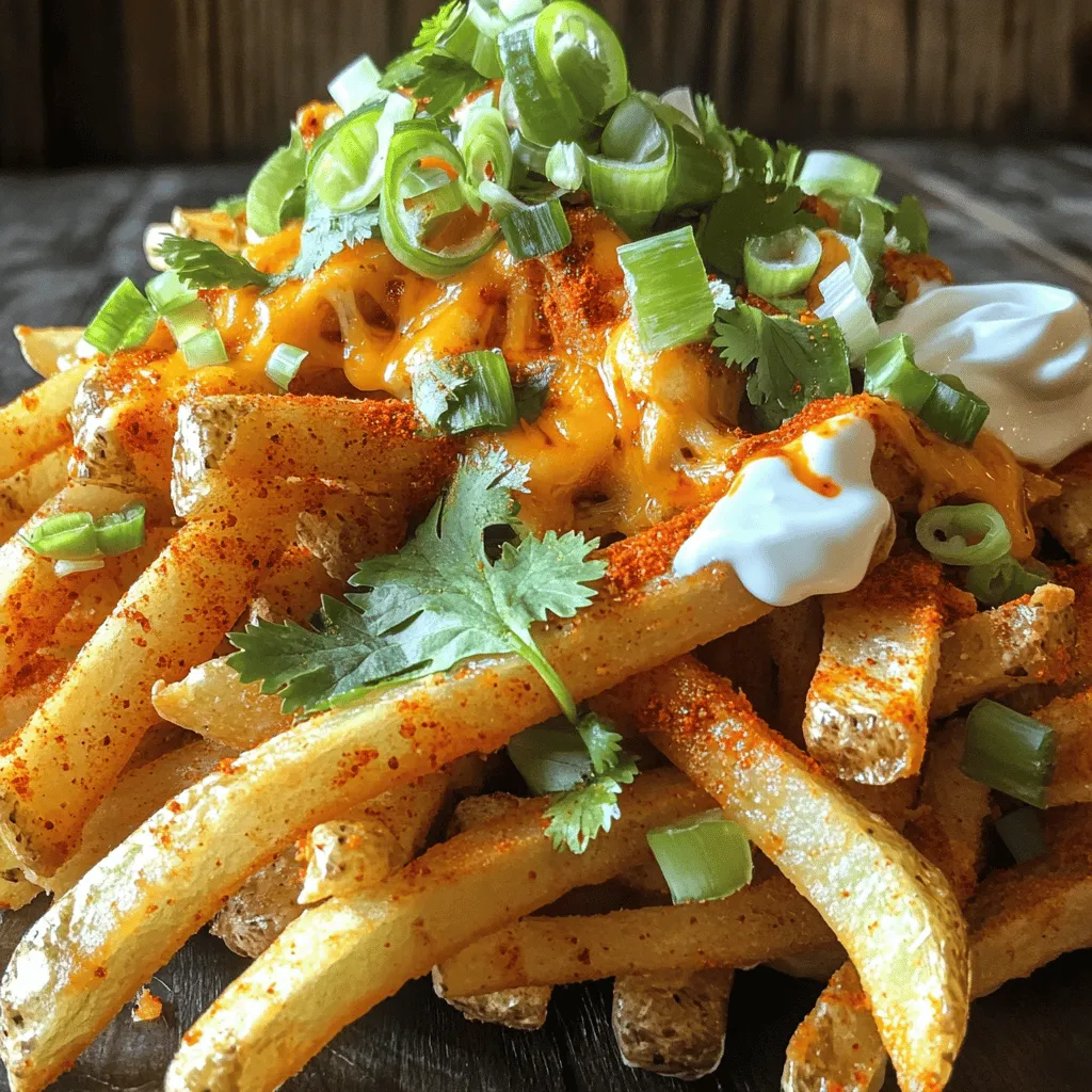 To make Louisiana Voodoo Fries, gather these simple ingredients: - 4 large russet potatoes - 1 tablespoon cornstarch - 2 tablespoons extra virgin olive oil - 1 teaspoon garlic powder - 1 teaspoon smoked paprika - 1 teaspoon Cajun seasoning - 1/2 teaspoon cayenne pepper - Sea salt and freshly ground black pepper to taste - 1 cup shredded pepper jack cheese - 1/2 cup sliced green onions - 1/2 cup sour cream (optional) - 1/4 cup finely chopped fresh cilantro Using russet potatoes gives the fries a great texture. Cornstarch helps create that perfect crisp. When you mix in olive oil and spices, the fries get a deep flavor. The cheese adds a melty goodness that makes this dish special. Don't forget the green onions and cilantro for a fresh touch. And if you like creamy dips, sour cream is a great choice. For the full recipe, check out the earlier section. - Start by washing 4 large russet potatoes under cold water. - Peel the potatoes and slice them into uniform fries, about 1/4 inch thick. - Soak the cut fries in cold water for at least 30 minutes. This removes extra starch and helps the fries get crispy. - After soaking, drain the fries and spread them on paper towels. - Pat them dry gently to remove moisture. This step is key for crunchiness. - In a large bowl, add the fries and sprinkle 1 tablespoon of cornstarch. Toss until the fries are evenly coated. - Drizzle 2 tablespoons of extra virgin olive oil over the dried fries. - Add 1 teaspoon of garlic powder, 1 teaspoon of smoked paprika, 1 teaspoon of Cajun seasoning, and 1/2 teaspoon of cayenne pepper. - Season with sea salt and freshly ground black pepper. Toss everything together until the fries are coated well. - Preheat your oven to 425°F (220°C). - Line a large baking sheet with parchment paper to prevent sticking. - Spread the seasoned fries in a single layer on the sheet. Bake for 25 to 30 minutes. Flip them halfway to ensure they cook evenly and get golden. - Once the fries are crispy, take them out of the oven. - Immediately sprinkle 1 cup of shredded pepper jack cheese on top. - Return the baking sheet to the oven for 5 more minutes, just until the cheese melts and bubbles. - After baking, sprinkle 1/2 cup of sliced green onions and 1/4 cup of finely chopped cilantro on top. - You can serve with 1/2 cup of sour cream for a creamy dip, if you like. - Presentation matters! Serve these fries on a rustic board or in a bowl for a fun touch. For the complete recipe, check out the Full Recipe section. Enjoy your flavorful Louisiana Voodoo Fries! To make Louisiana Voodoo Fries crispy, soak the cut fries in cold water for at least 30 minutes. This step removes extra starch and helps them crisp up. After soaking, dry the fries well with paper towels. A dry surface is key. Next, coat the fries with cornstarch. This powder helps create that crunchy texture we all love. You can easily change the heat of your fries. If you like it mild, use less cayenne pepper. If you love spice, add more! You can also switch up the seasonings. Try adding onion powder or chili powder for a different flavor. Experiment to find your perfect mix. For a great presentation, serve the fries on a rustic wooden board or in a large dish. Top them with extra melted cheese, green onions, and fresh cilantro. These toppings add color and flavor. For dips, sour cream is a fantastic choice. You could also serve them with ranch or a spicy aioli for extra fun. {{image_4}} You can switch up the potatoes in this recipe. Russet potatoes are great, but sweet potatoes bring a fun twist. Sweet potatoes add a natural sweetness that pairs well with spicy flavors. You can also try parboiling your potatoes before baking. Parboiling means boiling them for a short time. This softens the potatoes and helps them cook faster in the oven. If you prefer crispy fries, use raw potatoes. Just remember to soak them first to remove extra starch. If you want a vegetarian version, cheese is key. Try using a plant-based cheese. There are many options that melt well, mimicking the texture of regular cheese. For vegan toppings, consider avocado or a zesty salsa. These add creaminess and flavor without using dairy. You can also top your fries with seasoned black beans or chickpeas for extra protein. Get creative with spices! You can mix in unique blends like Cajun or Creole. Adding garlic salt or onion powder can enhance the flavor too. Toppings are another way to experiment. Try adding jalapeños for some heat or a drizzle of buffalo sauce for zing. You can even throw in some pickled vegetables for a tangy crunch. The possibilities are endless! For the full recipe, check out the details above. To keep your Louisiana Voodoo Fries fresh, use an airtight container. Glass containers work well. They keep the fries from getting soggy. Store them in the fridge for up to three days. If you want, place a paper towel inside the container. This helps soak up excess moisture. When reheating, the oven is best. Preheat it to 400°F (200°C). Spread the fries on a baking sheet. Bake for about 10 minutes or until they are hot and crispy again. If you use a microwave, the fries may get soft. To avoid this, heat them in short intervals. This keeps them from turning rubbery. You can freeze the fries before or after baking. If you freeze them raw, soak and coat them as usual. Place them on a baking sheet to freeze them first. After they are solid, transfer them to a freezer bag. To use, bake them straight from the freezer, adding a few extra minutes to the cook time. If you freeze them after baking, let them cool first. For reheating, use the oven as mentioned above. This keeps your fries crispy and tasty. Louisiana Voodoo Fries are a fun twist on classic French fries. They blend crispy fries with bold flavors from Cajun and Creole cuisines. The dish is a celebration of Louisiana's rich culture. You’ll find it in street fairs and local eateries. Making Voodoo Fries takes about one hour total. Here’s a quick breakdown: - Prep Time: 15 minutes - Cook Time: 25-30 minutes - Overall Time: 1 hour Yes, you can prep Voodoo Fries ahead of time. Slice and soak the potatoes earlier in the day. Store them in cold water in the fridge. Just dry and season them before baking. They taste best fresh out of the oven. Voodoo Fries pair well with many dishes. Try them with: - Grilled chicken - Spicy shrimp - A hearty burger - Cajun dip or ranch dressing Voodoo Fries can be as spicy as you like! The cayenne pepper adds heat. If you prefer milder fries, reduce the amount of cayenne. You can also skip the spicy seasoning altogether. Enjoy adjusting the flavors to match your taste! You now know how to create delicious Louisiana Voodoo Fries. We covered ingredients, prep steps, and tips for perfect fries. Achieving that crispy texture is key—so soak and dry those potatoes! Experiment with spices to match your taste. Don't forget to store leftovers properly. Enjoy these fries as a fun snack or side. They’re perfect for any meal or gathering. Get creative and make them your own!
