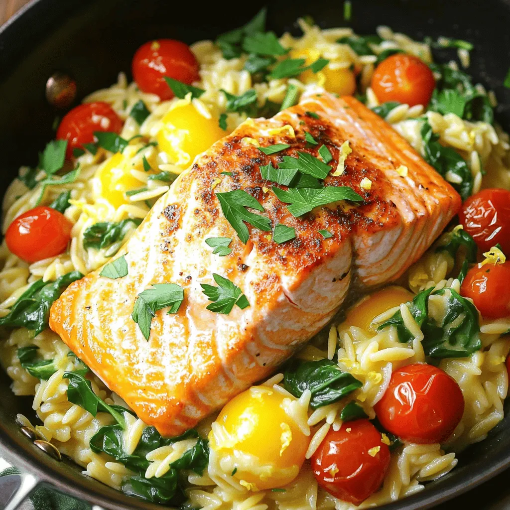 For this dish, you need two salmon fillets. Each fillet should weigh about 6 ounces. Salmon is rich in omega-3 fatty acids, which are great for your heart. Choose fresh salmon when you can. You can also use frozen salmon, but make sure it is fully thawed before cooking. You will need one cup of orzo pasta. Orzo looks like rice, but it is pasta. It cooks quickly and goes well with many flavors. Use two cups of low-sodium vegetable broth. This broth adds great depth to the dish without being too salty. For flavor, you will need the zest and juice of one lemon. Lemon gives bright, fresh notes to the meal. You also need two tablespoons of olive oil. This oil helps to cook the salmon and adds richness. Use one teaspoon of garlic powder for a savory taste. You should also add salt and freshly ground black pepper according to your liking. Finally, include one cup of halved cherry tomatoes and one cup of baby spinach. These veggies add color and nutrients. You can garnish with freshly chopped parsley for a nice finish. For the full recipe, check out the details above. Enjoy cooking! First, warm 2 tablespoons of olive oil in a large skillet over medium heat. While the oil heats, season 2 salmon fillets with 1 teaspoon garlic powder, salt, and black pepper. Once the oil is hot, place the salmon skin-side down in the skillet. Cook it for 4-5 minutes until the skin is crispy and golden. This adds great flavor and texture. Next, gently flip the salmon using a spatula. Cook for another 3-4 minutes. The salmon is ready when it looks opaque and flakes easily with a fork. Once cooked, transfer the salmon to a plate and set it aside. In the same skillet, add 1 cup of orzo pasta. Toast it for 1-2 minutes while stirring often. This step brings out the nutty flavor of the orzo. Now, pour in 2 cups of low-sodium vegetable broth. Add the zest and juice of 1 lemon. Stir well to combine everything. Bring the mixture to a gentle simmer. Lower the heat to low, cover the skillet, and let the orzo cook for about 10 minutes. Stir occasionally. Your goal is to absorb most of the broth and make the orzo tender. Once the orzo is cooked, fold in 1 cup of halved cherry tomatoes and 1 cup of baby spinach. Cook for another 2-3 minutes until the spinach wilts and the tomatoes warm through. Now, gently nestle the cooked salmon back into the skillet over the orzo. Scoop some of the cooking liquid over the salmon to keep it moist. Let everything meld together on low heat for about 2 minutes. Finally, remove the skillet from the heat. Sprinkle freshly chopped parsley on top for a burst of color and flavor. Serve warm and enjoy this vibrant dish. For the full recipe, check out the details above. To make your salmon flaky, start with fresh fillets. Look for bright, moist skin. Season the salmon well with salt and garlic powder. Heat the olive oil in the skillet until it shimmers. Place the salmon skin-side down and avoid moving it. This keeps the skin crispy. Cook it for 4-5 minutes before flipping. When it turns opaque, it’s ready to enjoy. Cook orzo in broth for extra flavor. Toast it in the skillet first to bring out its nutty taste. Stir it often while toasting. When you add the broth, let it simmer gently. Cover the skillet to keep steam in. Stir occasionally to prevent sticking. After about 10 minutes, check if the orzo is tender and has absorbed most of the broth. For added flavor, use fresh ingredients like lemon zest and juice. Cherry tomatoes add a pop of sweetness. Baby spinach gives a nice color and nutrients. Garnish with parsley for freshness. You can also try different herbs or spices to change the taste. Consider a dash of red pepper flakes for heat or fresh dill for a bright twist. These small changes make a big difference in your dish. For the complete recipe, check the Full Recipe section above. {{image_4}} If you don't have salmon, you can use other fish. Cod or trout work well as substitutes. They both have a mild flavor and cook quickly. You can also try chicken breast if you prefer poultry. Just adjust the cooking time, as chicken takes longer to cook through. Adding veggies can enhance your dish. You can toss in zucchini, bell peppers, or asparagus. These vegetables cook quickly and blend well with the orzo. For a crunch, consider adding peas or broccoli florets. They add color and nutrients. Feel free to switch up the flavors. Instead of lemon, try lime juice for a different zing. A splash of soy sauce can add depth, too. You might also like to add fresh herbs such as dill or basil. They can brighten up the whole dish. For extra heat, a pinch of red pepper flakes works nicely. Try the Full Recipe to explore these variations and make the dish your own! After enjoying your meal, let the leftovers cool. Store the salmon and orzo in an airtight container. It can last in the fridge for up to three days. Make sure to separate the salmon from the orzo if you prefer. This way, the salmon keeps its texture better. To reheat, you have a few options. You can use the microwave or a skillet. If using a microwave, warm it on medium power for about 1-2 minutes. Stir halfway through for even heating. If you choose the skillet, add a splash of water or broth. Heat on low until warm, stirring gently. This helps keep it moist. For meal prep, cook the orzo in advance. Store it in a separate container. You can also season and cook the salmon ahead of time. Just keep them both in the fridge. When it's time to eat, combine them like in the Full Recipe. This way, you save time and still enjoy a delicious meal! Cooking salmon takes about 10 minutes. Start on medium heat for 4-5 minutes on one side. Then, flip and cook for another 3-4 minutes. The salmon should look opaque and flake easily. This method gives you a juicy and tender fillet. Yes, you can use regular pasta instead of orzo. Just remember that cooking times may vary. Smaller pasta shapes like ditalini or fusilli work well. Make sure to adjust the liquid amount and cooking time based on the pasta you choose. This dish shines on its own, but you can add sides for variety. A fresh green salad pairs well, adding crunch. Roasted vegetables or a simple garlic bread also make great choices. Lemon wedges provide brightness and enhance the flavors beautifully. For more ideas, check the Full Recipe. In this post, we covered making One Skillet Salmon with Lemon Orzo. You learned about key ingredients, like salmon, orzo, and the right flavors. I shared step-by-step cooking tips and tricks to perfect your dish. We also discussed variations and how to store leftovers. Cooking should be fun and easy. With these steps, you can make a great meal. Enjoy your delicious salmon with lemon orzo anytime!